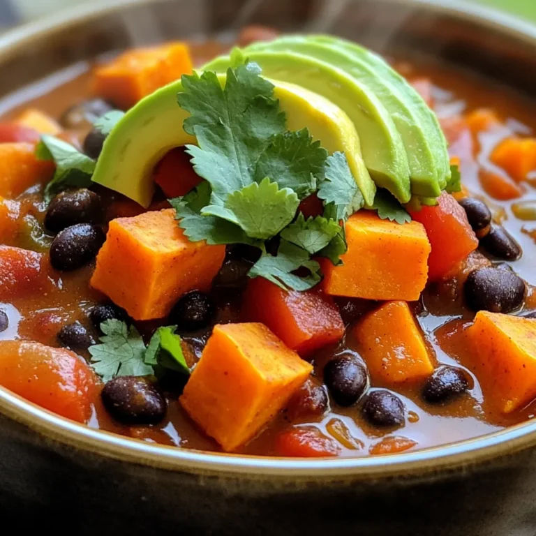 To make Slow Cooker Sweet Potato Black Bean Chili, you need a few simple ingredients that pack a lot of flavor. Here’s what you will need: - 2 large sweet potatoes, peeled and cut into 1-inch cubes - 1 can (15 oz) black beans, thoroughly drained and rinsed - 1 can (14.5 oz) diced tomatoes with jalapeños or green chilies - 1 medium red bell pepper, chopped into bite-sized pieces - 1 medium onion, diced finely - 3 cloves garlic, minced - 2 cups vegetable broth (low-sodium preferred) - 2 tablespoons chili powder (adjust to taste) - 1 teaspoon ground cumin - 1 teaspoon smoked paprika - Sea salt and freshly ground black pepper to taste - 1 tablespoon extra virgin olive oil - Fresh cilantro leaves, chopped, for garnish - Slices of ripe avocado, for serving Each ingredient adds a unique taste. Sweet potatoes give a nice sweetness. Black beans add protein. Diced tomatoes bring acidity and flavor. The red bell pepper and onion add crunch and sweetness. Garlic gives depth to the dish. Vegetable broth keeps everything moist. Spices like chili powder and cumin add warmth. Olive oil helps in cooking the onion and bell pepper. Finally, garnishes like cilantro and avocado make this chili look great and taste even better. When you combine these ingredients, you create a hearty dish. Each bite will burst with flavor and warmth, perfect for any meal. Enjoy the process of gathering these ingredients and the joy they will bring to your table. Start by heating 1 tablespoon of extra virgin olive oil in a medium skillet over medium heat. Once the oil is hot, add 1 medium onion, diced finely, and 1 medium red bell pepper, chopped into bite-sized pieces. Sauté them for about 5 minutes. Stir often until they soften and become clear. This step adds flavor and sweetness to your chili. Next, add 3 cloves of minced garlic to the skillet. Sauté for 1 more minute. The garlic should smell wonderful, but be careful not to let it burn. Now, it is time to transfer your sautéed mix to the slow cooker. Add 2 large sweet potatoes, peeled and cut into 1-inch cubes. Then, add 1 can of black beans, drained and rinsed. Don't forget to add 1 can of diced tomatoes with jalapeños or green chilies, including their juice. Next, pour in 2 cups of vegetable broth. This broth gives your chili a nice base. Now, sprinkle your spices on top. Use 2 tablespoons of chili powder, 1 teaspoon of ground cumin, 1 teaspoon of smoked paprika, sea salt, and black pepper to taste. Gently stir all the ingredients together until they are mixed well. Cover the slow cooker with its lid and set it to cook. You can choose to cook on low for 6-7 hours or on high for 3-4 hours. The goal is to make the sweet potatoes tender enough to pierce with a fork. After the cooking time, taste your chili. You can adjust the seasoning to your liking. If you want a thicker chili, mash a portion of the sweet potatoes with a fork and stir it back in. This adds a creamy texture that is delicious! Serve the chili hot. Top it with freshly chopped cilantro and slices of creamy avocado for a tasty finish. Enjoy the warmth and flavor of your home-cooked chili! To make your chili taste just right, you can adjust the spices. Start with the chili powder. Add two tablespoons for a mild heat. If you want more spice, add a bit more chili powder. You could also try different types of chili powders. Each type gives a unique flavor and warmth. Ground cumin adds a nice earthiness. A little smoked paprika will deepen the taste. Always taste your chili as you go. This way, you can find the perfect balance for your palate. To thicken the chili, you can mash some sweet potatoes. After cooking, take a fork and mash a portion of them. Stir the mashed sweet potatoes back into the chili. This adds creaminess and makes the dish heartier. If you want an even thicker texture, you can let it cook longer with the lid off. This helps some of the liquid evaporate, giving you a thicker chili. Garnishing your chili makes it more appealing. I love adding fresh cilantro on top. It adds a bright flavor and looks beautiful. Slices of ripe avocado bring creaminess and a rich taste. You can also serve the chili with tortilla chips for crunch. This makes a fun contrast to the soft chili. Enjoy your meal with a dollop of sour cream if you like. Each garnish adds flavor and flair to your dish. {{image_4}} You can add proteins to this chili for extra flavor and texture. Ground meat works well. Use beef, turkey, or chicken. If you prefer plant-based options, try adding lentils or crumbled tofu. Both options will give your chili more heartiness. Just brown the meat first, then add it to the slow cooker with the other ingredients. To make sure your dish is fully plant-based, check all ingredients. Use vegetable broth instead of chicken broth. Also, ensure your canned tomatoes don’t have any animal products. Many brands are vegan-friendly. This way, everyone can enjoy the chili without worry. Feel free to mix up the spices for more flavor. Try different types of chili powders, like chipotle or ancho, for a smoky twist. You can also add hot sauces, like sriracha or tabasco, for a kick. Adjust the spice levels to suit your taste. Always start small, and you can add more if needed! After cooking your chili, let it cool for a bit. Store it in an airtight container. It stays fresh in the fridge for about 4 to 5 days. Label your container with the date for easy tracking. This way, you know when it’s time to eat it! You can freeze the chili for later use. First, let it cool completely. Then, pour it into freezer-safe bags or containers. Squeeze out as much air as you can. This helps prevent freezer burn. Your chili can last up to 3 months in the freezer. When you're ready to eat, just thaw it overnight in the fridge. To reheat, use a pot on the stove over medium heat. Stir it often to keep it from sticking. If it's too thick, add a splash of vegetable broth or water. You can also use a microwave. Place it in a microwave-safe bowl and cover it. Heat for 2-3 minutes, stopping to stir halfway. This keeps the flavor fresh and tasty! Yes, you can use other methods. You can cook it on the stove. Just use a pot. Sauté the onion and bell pepper first, then add the rest of the ingredients. Let it simmer for about 30-40 minutes. Stir often to prevent sticking. If you want more heat, there are some easy ways to spice it up. You can add diced jalapeños or a dash of hot sauce. You can also use a spicier chili powder. Try adding chipotle powder for a smoky flavor. Always taste as you go. Yes, feel free to swap in other veggies. Corn adds sweetness and texture. Zucchini is another great choice. You can also add carrots or bell peppers. Just remember to cut them into small pieces for even cooking. This blog post covers how to make a delicious chili with sweet potatoes and black beans. You learned about the key ingredients, how to prepare and cook them, and tips for perfecting the dish. We also explored variations, storage options, and answers to common questions. In closing, this chili is versatile and easy to make. It suits many tastes and diets. Enjoy crafting your unique version and sharing it with friends!