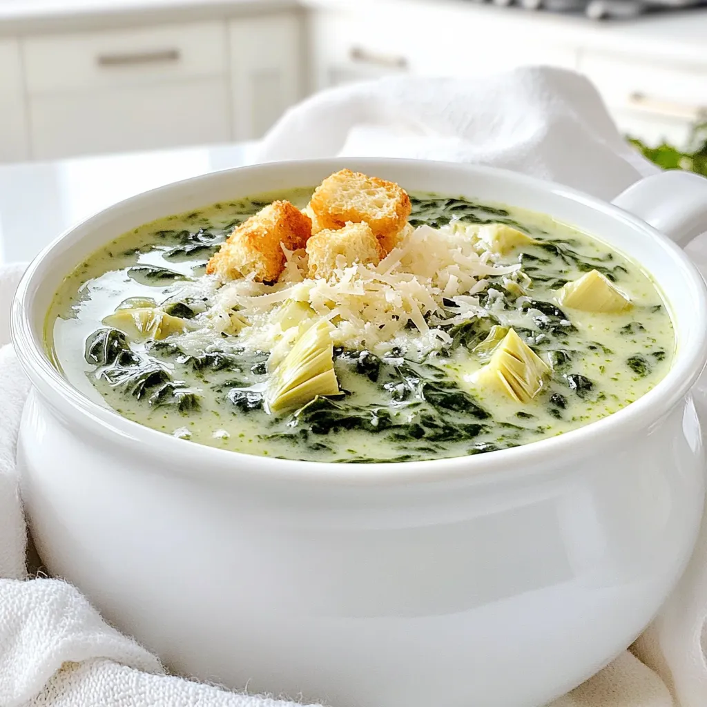 - 1 can (14 oz) artichoke hearts, drained and roughly chopped - 4 cups fresh spinach, roughly chopped - 1 medium onion, finely diced - 3 cloves garlic, minced - 4 cups vegetable broth - 1 cup heavy cream - 1 cup cream cheese, softened at room temperature - 1 cup freshly grated Parmesan cheese - 1 teaspoon dried oregano - 1 teaspoon dried thyme - Salt and freshly cracked pepper to taste To make this soup, gather the main ingredients first. The artichoke hearts bring a unique flavor and texture. Fresh spinach adds a vibrant green color and nutrients. Onion and garlic give depth to the taste. Vegetable broth serves as a flavorful base. Heavy cream and cream cheese create that rich, creamy texture. Finally, Parmesan cheese adds a salty, savory touch. Don't forget the spices and seasonings to enhance the dish. - Croutons - Additional Parmesan For a fun twist, add some optional garnishes. Croutons offer a nice crunch. Extra Parmesan on top adds flavor and elegance. These little touches can elevate your soup and make it more enjoyable. First, gather your artichoke hearts and fresh spinach. - Use one can of artichoke hearts, drain and chop them. - Take four cups of fresh spinach and roughly chop it. Next, dice one medium onion into small pieces. - Mince three cloves of garlic until fine. Now, put all your chopped ingredients into the slow cooker. - Combine the artichokes, spinach, onion, and garlic. Pour in four cups of vegetable broth for flavor. - Stir well to mix everything together. Add one teaspoon of dried oregano, one teaspoon of dried thyme, - and season with salt and freshly cracked pepper. Cover the slow cooker and choose a cooking time. - Set to low for four hours or high for two hours. Once the cooking time is done, it's time for the creaminess. - Add one cup of softened cream cheese into the pot. - Then, pour in one cup of heavy cream. Mix well with a whisk or spoon until creamy. Next, fold in one cup of freshly grated Parmesan cheese. - Stir until it melts and thickens the soup. Taste the soup and add more salt or pepper if needed. If you want a smoother soup, blend a portion of it. - You can use an immersion blender or a regular blender. Serve hot with croutons and extra Parmesan on top if you like. To get that smooth, creamy texture, mix the soup well. After cooking, add cream cheese and heavy cream. Use a whisk to blend them in. This creates a rich base. For an even smoother soup, try an immersion blender. Blend a portion of the soup right in the slow cooker. This adds a nice creaminess without losing all the chunks. Seasoning is key for great taste. After mixing in the cream cheese, taste the soup. Add more salt or pepper if needed. You can also adjust the spices. If you want a kick, add a pinch of cayenne pepper. If you love herbs, try fresh basil or parsley for a fresh twist. This soup pairs well with bread or crackers. Serve it with crusty bread for a filling meal. You can also use crackers for a crunchy touch. For toppings, sprinkle extra Parmesan on top. Add crunchy croutons for texture. These little touches make each bowl special! {{image_4}} You can easily use frozen spinach instead of fresh. It saves time and still tastes great. Just thaw it first and squeeze out excess water. If you want to change the creaminess, try different cheeses. You can swap cream cheese with Greek yogurt for a lighter option. Want to make your soup heartier? You can add cooked chicken or sausage. Just chop it and stir it in when you add the cream. For a vegetarian twist, add beans or lentils. They pack a protein punch without meat. To change up the flavor, add herbs or spices. A hint of cayenne pepper gives a nice kick. You can also toss in vegetables like leeks or mushrooms. They add depth and texture, making your soup even more enjoyable. To store leftovers, let the soup cool down first. Then, pour it into airtight containers. I recommend using glass or BPA-free plastic containers. These keep the soup fresh and tasty. Make sure to leave some space at the top for expansion. Seal the containers tightly to avoid spills or odors. To freeze the soup, first cool it completely. Use freezer-safe containers or heavy-duty freezer bags. Make sure to remove excess air from bags before sealing. Label each container with the date. When you're ready to enjoy it, thaw the soup overnight in the fridge. For reheating, put it on low heat in a pot. Stir it often to keep it from sticking. In the fridge, the soup lasts about 3 to 4 days. If frozen, it can stay good for up to 3 months. Always check for any signs of spoilage before eating. When in doubt, throw it out to stay safe! Yes, you can make this soup ahead of time. Prepare the soup and store it in the fridge. It will stay fresh for about three days. Just reheat it on the stove or in the microwave when you’re ready to enjoy it. If you want to swap cream cheese, try using Greek yogurt or cashew cream. These options will keep the soup creamy while adding a different flavor. You can also use a non-dairy cream cheese for a lighter version. To make more servings, simply double the ingredients. Use two cans of artichokes and more spinach. Increase the broth, cream, and cheese as well. Be sure to adjust the cooking time if needed. Yes, you can make this soup vegan. Use plant-based cream cheese and non-dairy heavy cream. Replace the chicken broth with vegetable broth. This will keep the flavors rich and delicious. You can easily swap chicken broth for vegetable broth. This change will work well and still give you a tasty soup. The flavor may differ slightly, but it will still be good. This blog post shared a simple, creamy spinach artichoke soup recipe. We discussed the key ingredients, step-by-step instructions, and helpful tips for perfecting the dish. You learned various ways to customize the soup, store it properly, and even answered common questions. Make this recipe your own, experiment with flavors, and enjoy cooking. This soup can nourish your body and delight your taste buds. Happy cooking!