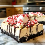 To create the No-Bake Peppermint Bark Oreo Cheesecake, you will need the following items: - 24 Oreo cookies, finely crushed - ½ cup unsalted butter, melted - 16 oz cream cheese, softened to room temperature - ½ cup powdered sugar - 1 teaspoon vanilla extract - 1 cup heavy whipping cream - ½ cup crushed peppermint candies or candy canes (plus extra for topping) - 1 cup semi-sweet chocolate chips - ½ cup white chocolate chips - A pinch of sea salt These ingredients work together to create a rich and creamy dessert. The Oreo cookies form a delicious crust, while the cream cheese gives a smooth texture. The peppermint candies add a festive crunch, and the chocolate layers make it extra special. Each bite feels like a holiday treat, perfect for gatherings. 1. Combine crushed Oreo cookies and melted butter. Start by placing your crushed Oreo cookies into a medium bowl. Pour in the melted butter. Mix them well until the crumbs look like wet sand. 2. Press mixture into the springform pan. Take the Oreo mix and press it firmly into a 9-inch springform pan. Make sure it is even and compact. 3. Chill the crust. Place the pan in the fridge. Let it chill while you make the cheesecake filling. 1. Beat cream cheese until smooth. In a large bowl, add softened cream cheese. Use an electric mixer to beat it until completely smooth. 2. Add powdered sugar and vanilla extract. Gradually mix in powdered sugar and vanilla extract. Blend well until you have a velvety texture. 3. Whip heavy cream and fold it into the cream cheese mixture. In a separate bowl, whip the heavy cream until stiff peaks form. Carefully fold this whipped cream into the cream cheese mix. Do this gently to keep it light. 1. Fold in crushed peppermint candies. Add the crushed peppermint candies to the filling. Save a little for the top. Gently fold it in. 2. Pour and smooth cheesecake filling over the crust. Take the cheesecake filling and pour it over the chilled Oreo crust. Use a spatula to smooth the top. 3. Melt and drizzle chocolate layers on top. Melt the semi-sweet chocolate chips in the microwave. Drizzle this over the cheesecake. Then melt the white chocolate chips. Drizzle this on top as well for a lovely look. 1. Cover and refrigerate. Cover the cheesecake with plastic wrap. Place it in the fridge to chill. 2. Recommended chilling time. Let it set for at least 4 hours, or overnight for the best flavor and texture. To get a smooth cheesecake, start with softened cream cheese. Cold cream cheese clumps up. Let it sit out for about 30 minutes before mixing. When mixing, use a hand mixer for the best results. This helps the cream cheese blend well with the sugar. Next, use gentle folding techniques. After whipping the cream, fold it into the cream cheese mix carefully. This keeps the mixture light and fluffy. Use a spatula and scoop from the bottom. Turn the bowl as you mix to combine without losing air. Melting chocolate can be tricky. Use a microwave-safe bowl for this. Start with semi-sweet chocolate chips in 30-second bursts. Stir after each interval. Stop once the chocolate is mostly melted, then stir until smooth. This prevents overheating. If you burn the chocolate, it turns hard and grainy. If that happens, you can’t save it. Be patient and keep an eye on it. Presentation matters for any dessert. Top your cheesecake with whipped cream. This adds extra creaminess and looks great. Use a piping bag for nice swirls. Finish with peppermint sprinkles on top. They give a festive touch and a crunch. You can also add chocolate shavings for a rich look. A drizzle of melted chocolate can make it shine even more! {{image_4}} You can easily change the flavor of your cheesecake. Try using different cookie bases. Instead of Oreos, use chocolate wafers or graham crackers. Each will give a unique taste and texture. For toppings, switch it up! Use crushed cookies, nuts, or even mini candies. This gives your cheesecake a fun twist. Want to make your cheesecake even more fun? Add layers! You can incorporate fruit layers like strawberries or raspberries. This adds a fresh taste and color. Another great idea is to introduce a chocolate ganache layer. Melt dark chocolate and pour it over the cheesecake before chilling. It adds richness and depth. You can make this dessert vegan or dairy-free with simple swaps. Use coconut cream instead of cream cheese. It gives a rich texture and flavor. For cookies, choose vegan Oreos or other dairy-free cookies. These changes make this treat friendly for everyone! Store your No-Bake Peppermint Bark Oreo Cheesecake in the fridge. Use an airtight container or cover it with plastic wrap. This keeps it fresh and tasty. It lasts for about 5 days in the fridge. If you love cheesecake, it’s best to enjoy it within this time. You can freeze this cheesecake for longer storage. First, slice the cheesecake into portions. Wrap each slice tightly in plastic wrap. Then, place the slices in a freezer-safe bag. This helps prevent freezer burn. The cheesecake stays good for up to 2 months in the freezer. To thaw, move the cheesecake to the fridge for several hours or overnight. This keeps the texture smooth. Never thaw it at room temperature. It may lose its creamy goodness. Enjoy your delicious cheesecake anytime! Yes, you can make this cheesecake ahead of time. I suggest making it a day or two before you want to serve it. This way, it has time to chill and set properly. Store it in the fridge, covered tightly with plastic wrap. If you don't have Oreos, you can use other cookies. Try chocolate wafer cookies or even graham crackers. Both options work well and add a nice flavor to the crust. The cheesecake needs to chill for at least 4 hours. Chilling helps it firm up and makes it easier to slice. For the best flavor and texture, let it set overnight. Yes, flavored cream cheese can add a fun twist. Cream cheese with hints of vanilla or chocolate can enhance the taste. Just be mindful that it may change the overall flavor of the cheesecake. This blog post guides you through making a delicious cheesecake. We covered ingredients, steps, and helpful tips. Preparing an Oreo crust and a creamy filling is easy. You can even add layers or make it vegan. Remember, proper chilling keeps your cheesecake fresh and tasty. This dessert can be a fun project for you. Enjoy experimenting with flavors and toppings. Your cheesecake will impress everyone who tries it.