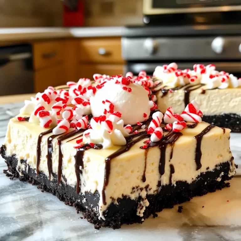 To create the No-Bake Peppermint Bark Oreo Cheesecake, you will need the following items: - 24 Oreo cookies, finely crushed - ½ cup unsalted butter, melted - 16 oz cream cheese, softened to room temperature - ½ cup powdered sugar - 1 teaspoon vanilla extract - 1 cup heavy whipping cream - ½ cup crushed peppermint candies or candy canes (plus extra for topping) - 1 cup semi-sweet chocolate chips - ½ cup white chocolate chips - A pinch of sea salt These ingredients work together to create a rich and creamy dessert. The Oreo cookies form a delicious crust, while the cream cheese gives a smooth texture. The peppermint candies add a festive crunch, and the chocolate layers make it extra special. Each bite feels like a holiday treat, perfect for gatherings. 1. Combine crushed Oreo cookies and melted butter. Start by placing your crushed Oreo cookies into a medium bowl. Pour in the melted butter. Mix them well until the crumbs look like wet sand. 2. Press mixture into the springform pan. Take the Oreo mix and press it firmly into a 9-inch springform pan. Make sure it is even and compact. 3. Chill the crust. Place the pan in the fridge. Let it chill while you make the cheesecake filling. 1. Beat cream cheese until smooth. In a large bowl, add softened cream cheese. Use an electric mixer to beat it until completely smooth. 2. Add powdered sugar and vanilla extract. Gradually mix in powdered sugar and vanilla extract. Blend well until you have a velvety texture. 3. Whip heavy cream and fold it into the cream cheese mixture. In a separate bowl, whip the heavy cream until stiff peaks form. Carefully fold this whipped cream into the cream cheese mix. Do this gently to keep it light. 1. Fold in crushed peppermint candies. Add the crushed peppermint candies to the filling. Save a little for the top. Gently fold it in. 2. Pour and smooth cheesecake filling over the crust. Take the cheesecake filling and pour it over the chilled Oreo crust. Use a spatula to smooth the top. 3. Melt and drizzle chocolate layers on top. Melt the semi-sweet chocolate chips in the microwave. Drizzle this over the cheesecake. Then melt the white chocolate chips. Drizzle this on top as well for a lovely look. 1. Cover and refrigerate. Cover the cheesecake with plastic wrap. Place it in the fridge to chill. 2. Recommended chilling time. Let it set for at least 4 hours, or overnight for the best flavor and texture. To get a smooth cheesecake, start with softened cream cheese. Cold cream cheese clumps up. Let it sit out for about 30 minutes before mixing. When mixing, use a hand mixer for the best results. This helps the cream cheese blend well with the sugar. Next, use gentle folding techniques. After whipping the cream, fold it into the cream cheese mix carefully. This keeps the mixture light and fluffy. Use a spatula and scoop from the bottom. Turn the bowl as you mix to combine without losing air. Melting chocolate can be tricky. Use a microwave-safe bowl for this. Start with semi-sweet chocolate chips in 30-second bursts. Stir after each interval. Stop once the chocolate is mostly melted, then stir until smooth. This prevents overheating. If you burn the chocolate, it turns hard and grainy. If that happens, you can’t save it. Be patient and keep an eye on it. Presentation matters for any dessert. Top your cheesecake with whipped cream. This adds extra creaminess and looks great. Use a piping bag for nice swirls. Finish with peppermint sprinkles on top. They give a festive touch and a crunch. You can also add chocolate shavings for a rich look. A drizzle of melted chocolate can make it shine even more! {{image_4}} You can easily change the flavor of your cheesecake. Try using different cookie bases. Instead of Oreos, use chocolate wafers or graham crackers. Each will give a unique taste and texture. For toppings, switch it up! Use crushed cookies, nuts, or even mini candies. This gives your cheesecake a fun twist. Want to make your cheesecake even more fun? Add layers! You can incorporate fruit layers like strawberries or raspberries. This adds a fresh taste and color. Another great idea is to introduce a chocolate ganache layer. Melt dark chocolate and pour it over the cheesecake before chilling. It adds richness and depth. You can make this dessert vegan or dairy-free with simple swaps. Use coconut cream instead of cream cheese. It gives a rich texture and flavor. For cookies, choose vegan Oreos or other dairy-free cookies. These changes make this treat friendly for everyone! Store your No-Bake Peppermint Bark Oreo Cheesecake in the fridge. Use an airtight container or cover it with plastic wrap. This keeps it fresh and tasty. It lasts for about 5 days in the fridge. If you love cheesecake, it’s best to enjoy it within this time. You can freeze this cheesecake for longer storage. First, slice the cheesecake into portions. Wrap each slice tightly in plastic wrap. Then, place the slices in a freezer-safe bag. This helps prevent freezer burn. The cheesecake stays good for up to 2 months in the freezer. To thaw, move the cheesecake to the fridge for several hours or overnight. This keeps the texture smooth. Never thaw it at room temperature. It may lose its creamy goodness. Enjoy your delicious cheesecake anytime! Yes, you can make this cheesecake ahead of time. I suggest making it a day or two before you want to serve it. This way, it has time to chill and set properly. Store it in the fridge, covered tightly with plastic wrap. If you don't have Oreos, you can use other cookies. Try chocolate wafer cookies or even graham crackers. Both options work well and add a nice flavor to the crust. The cheesecake needs to chill for at least 4 hours. Chilling helps it firm up and makes it easier to slice. For the best flavor and texture, let it set overnight. Yes, flavored cream cheese can add a fun twist. Cream cheese with hints of vanilla or chocolate can enhance the taste. Just be mindful that it may change the overall flavor of the cheesecake. This blog post guides you through making a delicious cheesecake. We covered ingredients, steps, and helpful tips. Preparing an Oreo crust and a creamy filling is easy. You can even add layers or make it vegan. Remember, proper chilling keeps your cheesecake fresh and tasty. This dessert can be a fun project for you. Enjoy experimenting with flavors and toppings. Your cheesecake will impress everyone who tries it.