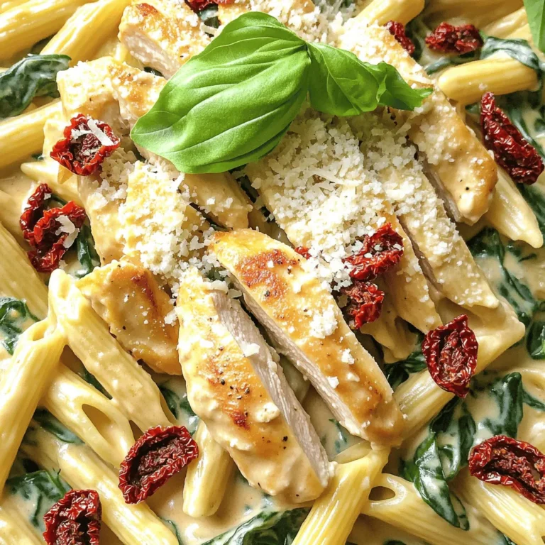 - 2 boneless, skinless chicken breasts, sliced into thin strips - 8 oz. penne pasta - 1 cup sun-dried tomatoes, chopped (packed in oil for extra flavor) - 3 cloves garlic, finely minced - 1 cup heavy cream - 1 cup chicken broth (preferably low-sodium) - 1 cup fresh spinach, roughly chopped - 1/2 cup grated Parmesan cheese, plus extra for serving - 2 tablespoons olive oil - 1 teaspoon Italian seasoning blend - Salt and freshly ground black pepper, to taste - Fresh basil leaves, for garnish You need the right ingredients to make this dish shine. Start with chicken. I use boneless, skinless chicken breasts. They cook quickly and stay juicy. Next, choose pasta. I like penne for its shape. It holds sauce well, making each bite tasty. Sun-dried tomatoes bring a rich flavor. Make sure they are packed in oil for extra taste. Garlic is a must. It adds aroma and depth. Heavy cream makes the sauce rich and creamy. Pair it with chicken broth for balance. Don’t forget fresh spinach. It wilts nicely and adds color. Parmesan cheese gives a salty kick. Use good-quality cheese for the best taste. Olive oil is essential for cooking the chicken. Italian seasoning ties all the flavors together. Finish with salt and pepper. Fresh basil leaves make a lovely garnish. They add freshness and color to your dish. Each ingredient plays a vital role in creating a delicious meal. To cook the pasta, first, fill a large pot with water. Add a generous pinch of salt. Bring the water to a rolling boil. Then, add the penne pasta. Cook it according to the package instructions. You want it to be al dente, which means it should be firm but not hard. This usually takes about 10-12 minutes. Once done, drain the pasta well and set it aside. Next, heat olive oil in a large skillet over medium-high heat. While the oil heats, season the sliced chicken breasts with salt, pepper, and Italian seasoning. Make sure to coat them well. Add the chicken to the skillet and cook for about 5-7 minutes. Stir occasionally. The chicken should be golden brown and fully cooked. When ready, remove it from the skillet and set it aside on a plate. In the same skillet, add minced garlic and chopped sun-dried tomatoes. Sauté them for about 1-2 minutes. Stir frequently to avoid burning the garlic. You want it to be fragrant and slightly golden. This step brings out the flavors of the sun-dried tomatoes. Now, pour in the chicken broth and heavy cream. Stir well to combine. Bring the mixture to a gentle simmer. Let it thicken slightly, which should take about 3-4 minutes. This creamy base is essential for a rich sauce. Return the cooked chicken to the skillet. Then, stir in the chopped spinach and grated Parmesan cheese. Let it cook for an additional 2-3 minutes. The spinach will wilt, and the sauce should become rich and creamy. Now, add the drained penne pasta to the skillet. Toss gently to coat every piece of pasta in the sauce. To finish, taste the pasta and adjust the seasoning if needed. Add more salt or pepper to your liking. Serve it hot, garnished with fresh basil leaves and a sprinkle of extra Parmesan cheese. This will not only make it look pretty but also add extra flavor. Enjoy your creamy sun-dried tomato chicken pasta! To keep your cream from curdling, add it slowly to the hot sauce. Stir it in well. Heat the sauce gently. Avoid boiling, as it can cause curdling. If you want a thicker sauce, use a cornstarch slurry. Mix equal parts of cornstarch and cold water, then stir it in. This method thickens without changing the taste. To boost flavor, add spices like red pepper flakes or fresh herbs like thyme. A squeeze of lemon can brighten the dish too. For a cheese twist, try adding goat cheese or mozzarella. Each cheese adds its unique taste and creaminess. Use one pan to save time. Start by cooking the chicken and then add the other ingredients in the same skillet. This method keeps flavors rich and clean-up easy. You can cook the pasta directly in the sauce for a quicker method. Just add extra broth and cook until the pasta is tender. {{image_4}} You can swap the chicken for other proteins. Shrimp works great with this dish. Just sauté the shrimp until they turn pink and then add them to the sauce. Tofu is a nice vegetarian choice. Use firm tofu, cut it into cubes, and cook it until golden. Turkey is another option. Ground turkey cooks quickly and adds a lean twist. If you want a meatless dish, load up on veggies. You can use zucchini, bell peppers, or mushrooms. Sauté them with the garlic and sun-dried tomatoes. Spinach is already in the recipe, but you can add kale or broccoli for more greens. This makes the dish colorful and healthy. Switching pasta can change the dish's texture. Use gluten-free pasta if you're avoiding gluten. It cooks similarly to regular pasta, so no need to change much. Whole wheat pasta is another option. It offers more fiber and a nuttier taste. Just remember to adjust cooking times based on the type you choose. To store your creamy sun-dried tomato chicken pasta, let it cool first. Place any leftovers in an airtight container. This helps keep the pasta fresh. Store it in the fridge for up to three days. When you want to eat it again, check for any signs of spoilage before reheating. For long-term storage, you can freeze the pasta. Place cooled portions in freezer bags or containers. Make sure to remove as much air as possible. Label the bags with the date. This dish can last in the freezer for about three months. When ready to enjoy, thaw it in the fridge overnight before reheating. To reheat your pasta, use a skillet on low heat. Add a splash of chicken broth or cream to keep it creamy. Stir often to prevent sticking. You can also use a microwave. Just cover the bowl with a lid or plastic wrap. Heat it in short bursts and stir in between. This keeps the texture nice and creamy. Enjoy your tasty meal! Yes, you can use fresh tomatoes. They will change the taste a bit. Sun-dried tomatoes add a rich, intense flavor. If you use fresh tomatoes, try roasting them first. This will help deepen their flavor. Dice them and add them when you sauté garlic. You may also need to add a bit more salt. To make this dish healthier, you can make a few easy swaps. Use whole wheat penne for more fiber. You can also replace heavy cream with Greek yogurt or low-fat milk. This will cut calories while still keeping it creamy. Adding more spinach or other veggies boosts nutrition. You might even try using grilled chicken instead of sautéed. Yes, you can make this dish ahead of time! Cook it as usual, then let it cool. Store it in an airtight container in the fridge. It should last for about three days. When you are ready to eat, heat it gently on the stove. Add a splash of chicken broth to keep it creamy. This dish blends simple ingredients like chicken, pasta, and sun-dried tomatoes into a delicious meal. I showed you step-by-step how to cook each element and bring everything together. Plus, I shared tips to enhance flavors and save time. You can even tweak the recipe with different proteins or pasta types. For a tasty twist, don't hesitate to get creative! With these methods, you can master this dish and impress your friends or family. Enjoy your cooking adventure!