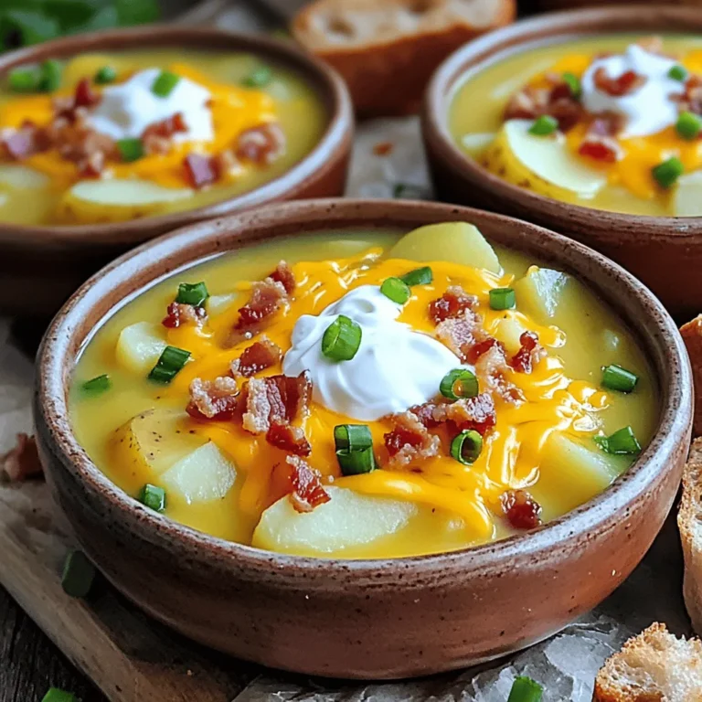 - 6 large russet potatoes, peeled and diced - 1 medium onion, finely chopped - 3 cloves garlic, minced - 4 cups vegetable broth - 1 cup heavy cream or coconut cream - 1 cup shredded cheddar cheese (reserve some for topping) - 1 cup crispy crumbled turkey bacon or plant-based bacon - 4 green onions, sliced for garnish - 2 teaspoons smoked paprika - 1 teaspoon dried thyme - Salt and pepper to taste Gathering the right ingredients is key. Start with the potatoes. I like using russet potatoes because they are creamy and soft. Peel and dice them into small pieces. This helps them cook evenly. Next, chop one medium onion finely. A little onion adds great flavor. Don’t forget the garlic! You will need three cloves, minced. Garlic gives a nice kick. You’ll also need four cups of vegetable broth. This will be the base of your soup. For a rich and creamy texture, use one cup of heavy cream or coconut cream. If you want a vegan option, coconut cream works great. Now, let’s talk toppings. I love a good cheddar cheese, so grab one cup and remember to save some for later. If you enjoy bacon, add one cup of crispy crumbled turkey bacon or plant-based bacon for that savory crunch. For a bright finish, slice up four green onions to sprinkle on top. Don’t forget the spices! You need two teaspoons of smoked paprika and one teaspoon of dried thyme. These spices bring warmth and depth to the soup. Lastly, have salt and pepper ready to taste. You can adjust these to your liking. With these ingredients, you’re ready to make a delicious slow cooker loaded potato soup! To start, gather your ingredients. You will need: - 6 large russet potatoes, peeled and diced - 1 medium onion, finely chopped - 3 cloves garlic, minced - 4 cups vegetable broth First, peel and dice the potatoes. Dicing them into small pieces helps them cook evenly. Next, chop the onion finely and mince the garlic. Add all these prepared ingredients into your slow cooker. Pour in the vegetable broth and stir well to mix everything together. Now, sprinkle in the smoked paprika, dried thyme, salt, and pepper. Mix it again, so the spices coat the veggies. This will give your soup a great flavor base. Cover the slow cooker with its lid. Set the temperature to low for 6-7 hours. If you are short on time, you can use high for 3-4 hours. The goal is to cook until the potatoes are tender. You can check for doneness by poking a potato piece with a fork. It should go through easily. Once the cooking time is up, take a potato masher and mash some of the potatoes. This gives the soup a creamy texture while keeping some chunks for heartiness. Next, pour in the heavy cream and add the shredded cheddar cheese. Stir until the cheese melts and blends into the soup. Now, add the crumbled bacon and sour cream. Mix it all together well. Taste your soup and adjust the seasoning if needed. If you want more flavor, add a bit more salt or pepper. Let the soup cook on low for an extra 15-20 minutes. This step allows all the flavors to meld together nicely. Enjoy your creamy loaded potato soup! To make your soup even creamier, consider these tips: - Use extra heavy cream. This adds more richness to the soup. - Blend a portion of the soup. This will give it a thicker texture. - Add cream cheese. It melts well and enhances the flavor. When adding cream and cheese: - Stir in the cream slowly. This helps it mix well and prevents curdling. - Use fresh cheese. Freshly shredded cheese melts better than pre-shredded. Want to save time? Here are a few ideas: - Chop your veggies the night before. Store them in the fridge until ready to cook. - Use pre-diced potatoes. Some stores sell them, saving you prep time. For quick substitutes: - Swap heavy cream with coconut cream. This works well for a vegan option. - Use chicken broth instead of vegetable broth for added flavor. Serve your soup with these tasty options: - Pair it with crusty bread. It’s perfect for dipping and adds a nice crunch. - Top with extra shredded cheese. This makes the dish look and taste great. For added flair: - Include crispy bacon bits on top. They add a savory crunch. - Sprinkle sliced green onions. They give a fresh touch and color. {{image_4}} To make a vegan version of this soup, swap a few key ingredients. Use coconut cream instead of heavy cream. For the cheese, choose a plant-based cheese that melts well. Replace sour cream with a dairy-free sour cream. You can also use vegetable broth instead of chicken broth to keep it plant-based. These swaps keep your soup creamy and rich. Want to boost the flavor? Add spices like cumin or curry powder for a kick. Fresh herbs such as parsley or chives can brighten up the taste. You can also mix in veggies like carrots or celery for extra nutrition. These additions make your soup not only tasty but also colorful. For added protein, try mixing in cooked chicken or turkey. You can also use lentils or chickpeas for a plant-based option. These proteins make the soup hearty and filling. Top it off with crispy bacon or crunchy nuts for great texture. This way, your soup becomes a complete meal. To keep your loaded potato soup fresh, store it in an airtight container. This helps prevent the soup from absorbing other smells in the fridge. You can keep the soup in the fridge for about three to four days. Make sure it cools down first before sealing it up. If you want to save some soup for later, freezing is a great idea. Before you freeze it, let the soup cool completely. Then, pour it into freezer-safe bags or containers. Leave some space at the top, as the soup will expand when frozen. You can freeze it for up to three months. To reheat, thaw it in the fridge overnight or use the microwave on low. When you’re ready to enjoy your soup again, heat it slowly. The stovetop is best for even warming. Pour the soup into a pot and heat on low. Stir often to keep it from sticking. You can also use the microwave. Heat it in short bursts, stirring in between. This keeps the soup creamy and tasty. If it seems too thick, add a splash of broth or cream while reheating. Yes, you can use other potatoes! Yukon Gold potatoes are great. They add creaminess and a nice flavor. Red potatoes also work well. They hold their shape and have a smooth texture. If you want a quick option, use frozen hash browns. Just add them straight to the pot. Yes, you can make this soup ahead of time. Prepare it the day before and store it in the fridge. Just reheat it when ready to serve. You can also cook it and freeze it. Just make sure it cools down first. It stays good in the freezer for about three months. Adjusting the spice level is easy! If you want it spicier, add more smoked paprika or some cayenne pepper. Start with a small amount and taste as you go. For a milder soup, skip the paprika or use less. You can also add a splash of cream to tone down the heat. This blog post showed you how to make a delicious loaded potato soup. You learned about key ingredients, tips, and variations for a tasty dish. You can customize this soup with toppings and spices. Remember, you can make it vegan or add proteins. Proper storage keeps it fresh. Enjoy trying new flavors and sharing this warm dish. Your next meal can be simple and satisfying. Let this recipe inspire your kitchen creativity!