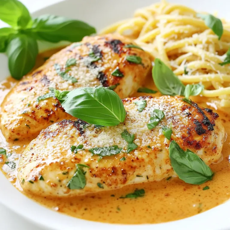 - 4 boneless, skinless chicken breasts - 1 tablespoon olive oil - 1 medium onion, finely chopped - 4 cloves garlic, minced - 1 can (14 oz) diced tomatoes, undrained - 1 cup chicken broth - 1 cup heavy cream - 1 cup grated Parmesan cheese - 1 teaspoon dried basil - 1 teaspoon dried oregano - Salt and freshly ground black pepper to taste - Fresh basil leaves, for garnish - 1 cup cooked pasta (penne or fusilli), optional for serving To make creamy tomato Parmesan chicken, you need a few key items. First, chicken breasts provide the main protein. You will also need olive oil, onion, and garlic for flavor. Diced tomatoes and chicken broth form a rich sauce. Heavy cream and Parmesan cheese add creaminess. Dried basil and oregano give it a nice herbal note. Finally, salt and pepper ensure everything tastes great. If you want, serve it over cooked pasta for an extra touch. Fresh basil leaves make a lovely garnish. These ingredients come together for a dish that is both comforting and delicious. Heat the olive oil in a large pot over medium-high heat. Season the chicken breasts with salt and pepper. Once the oil is hot, add the chicken to the pot. Sear each side for about 5-6 minutes until golden brown. After searing, remove the chicken and set it aside on a plate. After searing, keep the chicken warm on a plate. This step helps keep the chicken juicy for later. Don’t worry about cleaning the pot; the bits left add flavor to the next steps. In the same pot, add the finely chopped onion. Cook for about 3-4 minutes, stirring as it cooks. The onion should become soft and clear. This step builds the base flavor of our dish. Next, add the minced garlic to the pot. Cook it for an additional minute until it smells great. Garlic adds a nice depth of flavor to the dish. Pour in the can of diced tomatoes along with their juice. Add the chicken broth next. Stir the mixture well to combine all the ingredients. This will be the base of our sauce. Bring the pot to a gentle simmer. Let the flavors blend together for a few minutes. This step is key for a rich and tasty sauce. Lower the heat, then return the seared chicken breasts to the pot. Make sure they sit in the sauce. This will keep them moist and flavorful. Cover the pot with a lid. Let it simmer for about 15 minutes. This ensures the chicken cooks thoroughly and is no longer pink inside. Once the chicken is cooked, take it out again. Now, add the heavy cream, grated Parmesan cheese, dried basil, and oregano to the pot. Stir until the sauce is smooth and creamy. Mix well to ensure there are no lumps. A smooth sauce makes the dish more enjoyable. Put the chicken back in the pot. Ensure it's well coated in the creamy sauce. Let it simmer for another 5 minutes to meld the flavors. Before serving, taste the sauce. You can add more salt or pepper if needed. Adjusting the flavor at this point is vital for the best taste. Seasoning Tips To make this dish shine, season your chicken well. Use salt and pepper before searing. This step adds a nice flavor that you won't want to skip. You can also add a pinch of red pepper flakes for a bit of heat. When cooking the sauce, taste it! Adjust the salt and pepper as needed. This makes sure the taste is just right for you. Ingredient Substitutions If you don't have heavy cream, use half-and-half or milk mixed with a bit of flour. This change helps thicken the sauce. For Parmesan cheese, you can swap it for Pecorino Romano. This cheese has a sharper flavor. Don’t hesitate to experiment with fresh herbs like thyme or rosemary instead of dried basil and oregano. They can give your dish a fresh twist. One-Pot Cooking Advantages One-pot meals like this one save time and cleanup. You cook everything in one pot, so there’s less to wash later. It also helps all the flavors blend well together. This method is perfect for busy weeknights or when you want a comforting meal with less fuss. Alternative Cooking Techniques If you prefer, you can grill the chicken instead of searing it. Simply grill until cooked, then add it to the sauce. You can also make this dish in a slow cooker. Just follow the same steps, but cook on low for a few hours. Garnishing Tips To make this dish look beautiful, garnish it with fresh basil leaves. This adds color and a fresh taste. You can also sprinkle extra Parmesan cheese on top. This gives a nice touch and enhances the flavor. Side Dish Ideas Serve your creamy tomato Parmesan chicken with garlic bread. The bread soaks up the tasty sauce. A simple green salad adds freshness to the meal. You can also pair it with cooked pasta, which makes the meal even heartier. Enjoy your delicious creation! {{image_4}} You can swap chicken for turkey or pork. Both options work well with this dish. Turkey breast has a mild flavor. It absorbs the creamy sauce nicely. Pork tenderloin is tender and juicy. It adds a different taste to the dish. For a vegetarian version, use chickpeas or tofu. Chickpeas add protein and texture. Tofu is great for soaking up flavors. Both make the dish hearty without meat. If you enjoy a bit of heat, add red pepper flakes. They bring a nice kick to the creamy sauce. Just a pinch can change the whole dish. Adjust to your taste for the best heat level. You can also change herbs for more flavor. Try fresh basil or parsley for brightness. Thyme and rosemary can add depth to the sauce. Mixing herbs can create new flavors each time. Pasta is a popular base for this dish. You can use penne or fusilli for fun shapes. The creamy sauce clings well to the pasta. If you prefer, serve it over rice or quinoa. Both absorb the sauce well and add a nutty taste. Quinoa also adds extra protein to your meal. Each base gives a different twist to the dish. - Refrigeration Tips: Store any leftover creamy tomato Parmesan chicken in an airtight container. This keeps the chicken fresh for up to three days. Make sure the dish cools to room temperature before sealing. - Freezing Guidelines: You can freeze this dish for later enjoyment. Use a freezer-safe container and store for up to three months. To prevent freezer burn, wrap the container tightly with plastic wrap before sealing. - Best Methods for Reheating: The best way to reheat is on the stove. Place the chicken in a pan over low heat. Stir gently to warm it without cooking further. You can also use the microwave, but cover it to keep moisture in. - Flavor Preservation Tips: Add a splash of chicken broth or cream while reheating. This keeps the sauce creamy and prevents it from drying out. Stir often to ensure even heating and maintain the dish's rich flavor. Can I use fresh tomatoes instead of canned? Yes, you can use fresh tomatoes. Just chop about 4-5 medium tomatoes. They should be juicy and ripe. Make sure to add a bit more broth to keep the sauce from getting too thick. How do I know when the chicken is cooked properly? The chicken is done when it reaches 165°F inside. You can check this with a meat thermometer. If you don’t have one, cut into the thickest part. The meat should be white, with no pink inside. Is this dish gluten-free? Yes, this dish can be gluten-free. Just skip the pasta or use gluten-free pasta. The other ingredients are naturally gluten-free. Can I make it dairy-free? To make it dairy-free, swap heavy cream and cheese for coconut cream and nutritional yeast. This gives a rich flavor without dairy. Can I prep in advance? Yes, you can prep ahead. Chop the onion and garlic, and season the chicken. Store them in the fridge. You can cook the dish later. What is the best way to ensure creamy consistency? To keep it creamy, add the heavy cream slowly. Stir it well with the cheese. If the sauce gets too thick, add a splash of chicken broth to loosen it up. This blog post covered the key ingredients and steps to make a delicious chicken dish. You learned how to prepare chicken and create a flavorful base using simple items. The tips helped you perfect the flavor and explore variations. Storing leftovers was easy with my guidelines. Cooking can be fun and rewarding, so try these steps. Don’t hesitate to tweak ingredients to your taste. Enjoy sharing this dish with family and friends for great meals together.