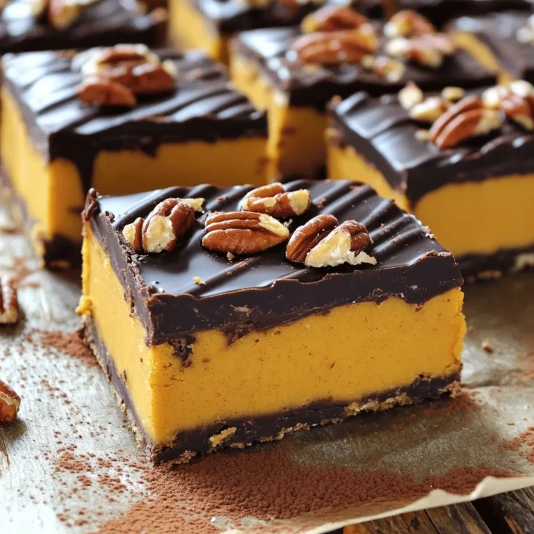To make these no-bake chocolate peanut butter pumpkin bars, you need simple ingredients. Each one plays a key role in the flavor and texture of the bars. Here’s what you’ll need: - 1 cup almond flour - 1/2 cup rolled oats - 1/4 cup coconut oil, melted - 1/3 cup pure maple syrup - 1/2 cup pumpkin puree (not pumpkin pie filling) - 1/4 cup creamy peanut butter - 1/2 teaspoon ground cinnamon - 1/4 teaspoon ground nutmeg - 1/4 teaspoon pure vanilla extract - 1/2 cup dark chocolate chips (dairy-free if preferred) - 1/2 cup chopped pecans or walnuts (optional but recommended for texture) These ingredients blend to create a dessert that is rich and satisfying. Almond flour gives a nutty base, while rolled oats add chewiness. Coconut oil helps bind the crust and adds a light flavor. Pure maple syrup sweetens the mix naturally. Pumpkin puree brings moisture and a lovely fall taste. Creamy peanut butter adds richness and pairs well with the chocolate. The spices, cinnamon and nutmeg, enhance the fall vibe in each bite. Finally, dark chocolate chips melt into a delicious topping. Nuts add crunch and depth, though they are optional. Gather these ingredients to create a treat that is easy and delightful. You will love how they come together without any baking. - In a medium bowl, mix 1 cup of almond flour and 1/2 cup of rolled oats. - In a small bowl, whisk 1/4 cup of melted coconut oil, 1/3 cup of maple syrup, and 1/4 teaspoon of vanilla extract. - Pour the wet mixture into the dry ingredients. Stir until no dry bits remain. - Press the mixture into the bottom of an 8x8 inch baking dish. Use a measuring cup to smooth it out. - In another bowl, mix 1/2 cup of pumpkin puree, 1/4 cup of peanut butter, 1/2 teaspoon of ground cinnamon, and 1/4 teaspoon of ground nutmeg. - Stir until smooth and creamy. - In a microwave-safe bowl, add 1/2 cup of dark chocolate chips. Heat in 30-second intervals, stirring until smooth. - Drizzle the melted chocolate over the pumpkin layer. Swirl it with a toothpick for a marbled look. - If using, sprinkle 1/2 cup of chopped pecans or walnuts on top for added crunch. - Refrigerate the bars for at least 2 hours until set. - Lift the bars out using the parchment paper. Cut into squares and enjoy! Mixing well is key for smooth bars. When you combine the dry and wet ingredients, make sure nothing remains dry. If you skip this step, your bars may crumble. When melting chocolate, do it slowly. Heat it in short bursts. Stir often to avoid burning. Chocolate can burn quickly, so watch it closely. You can add extra spices for more depth. Consider using ginger or cloves for warmth. These spices boost the pumpkin flavor. For garnishes, try a sprinkle of sea salt. It contrasts well with the sweet chocolate. Chopped nuts can also add a nice crunch on top. Serve these bars on a pretty platter. For gatherings, cut them into small squares. Dust with cocoa powder for a fancy touch. A sprinkle of cinnamon adds warmth and charm. These small details make your dessert look inviting. {{image_4}} You can easily modify this recipe to fit your needs. For gluten-free bars, use certified gluten-free oats. Almond flour is already gluten-free, but check your brands to be sure. If you want vegan options, swap the honey for maple syrup. You can also use dairy-free chocolate chips to keep it plant-based. Feel free to get creative with nut butters. You can use almond butter, cashew butter, or even sunflower seed butter if you want a nut-free option. For toppings, try adding shredded coconut, chocolate shavings, or even crushed pretzels for a salty crunch. Swapping toppings can change the whole vibe of the bars. These bars are great for adding seasonal flavors. Consider adding a dash of pumpkin spice or even some ginger for a fall twist. You can also mix in some dried cranberries or chopped apples for a fruity kick. Using fresh ingredients keeps your bars exciting and tasty all year round. To keep your no-bake chocolate peanut butter pumpkin bars fresh, store them in an airtight container. This helps keep them moist and tasty. I recommend putting a piece of parchment paper between layers. It stops sticking and makes serving easier. Place the container in the fridge. Keeping them cool helps maintain their texture. If you want to store these bars for longer, freezing works great. First, cut the bars into squares. Wrap each square in plastic wrap. Then, place the wrapped bars in a freezer-safe bag or container. Make sure to squeeze out any air. To thaw, take out the bars and leave them in the fridge for a few hours before serving. They will taste just as good! In the fridge, these bars last about one week. If you freeze them, they can last up to three months. Always check for any signs of spoilage before eating. Enjoy them fresh for the best flavor! Yes, you can! Here are some great alternatives for almond flour: - Coconut flour: Use less, about 1/4 cup for every cup of almond flour. - Oat flour: This works well; use it in equal amounts. - All-purpose flour: Use the same amount, but it will not be gluten-free. Each option gives a unique taste and texture. Experiment to find your favorite! Making these bars vegan is simple! Here are a few tips for vegan substitutions: - Use maple syrup: This is already vegan, so keep it! - Substitute coconut oil: Use a plant-based butter or another oil like canola. - Replace chocolate chips: Choose dairy-free chocolate chips for a vegan option. These swaps keep your bars tasty and plant-based! If you can’t find pumpkin puree, here are some options: - Sweet potato puree: Cook and mash sweet potatoes for a similar texture. - Butternut squash puree: Roast butternut squash and blend it until smooth. - Carrot puree: Steam and blend carrots for a sweet flavor. These alternatives add a twist while keeping the bars tasty! You can tell your bars are set by checking these signs: - They feel firm to the touch. - The edges pull away from the pan slightly. - A toothpick inserted comes out clean. If they pass these tests, your bars are ready to enjoy! These no-bake bars are simple and delicious. You learned about key ingredients like almond flour, pumpkin puree, and dark chocolate. I shared step-by-step instructions to help you create the perfect crust and filling. Tips ensured the best flavor and texture, while variations catered to dietary needs. You can now store these bars correctly and enjoy them fresh. Remember, these treats are fun to make and share. So grab your ingredients and get started on your tasty journey!