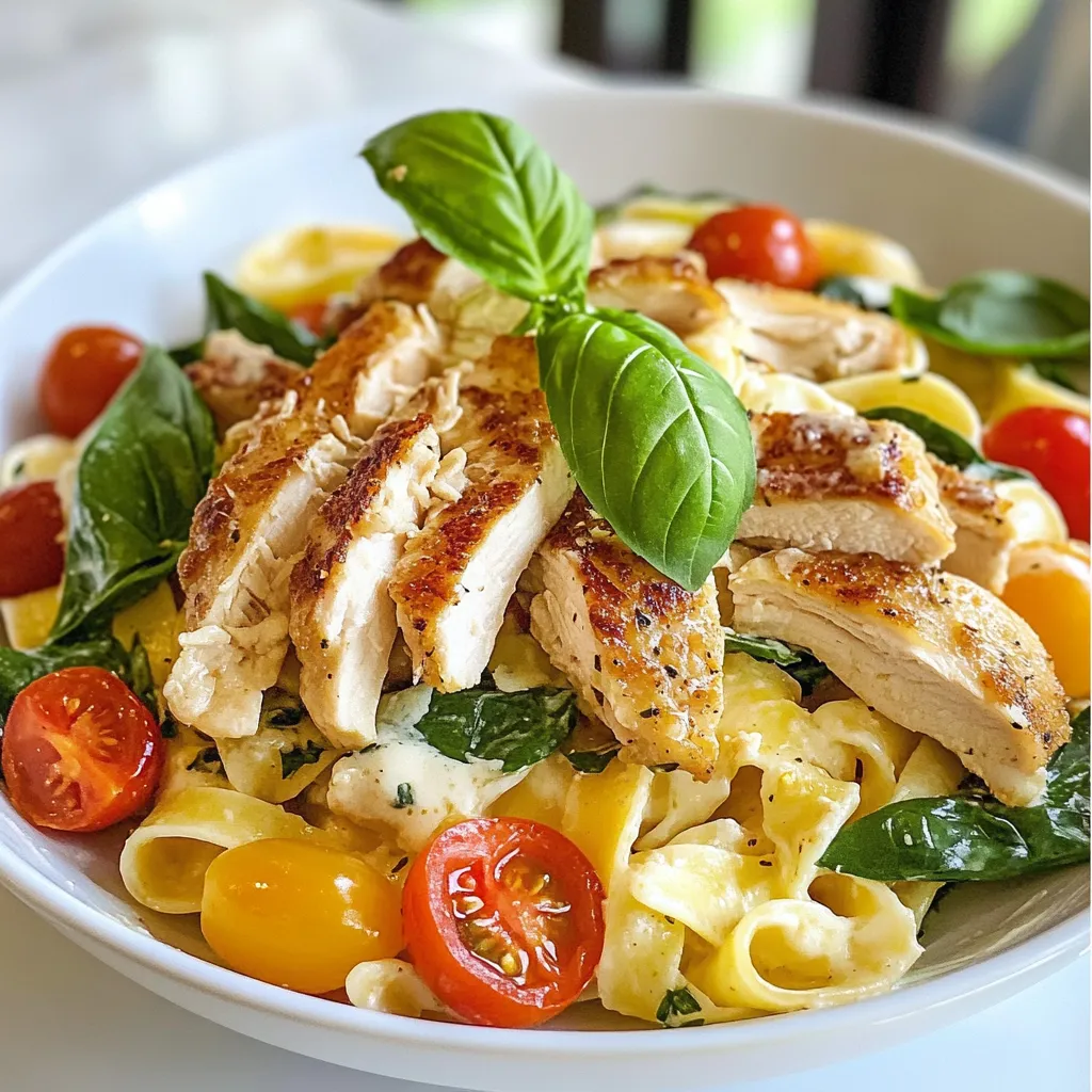 - 2 boneless, skinless chicken breasts - 8 oz. fettuccine pasta - 2 cups fresh spinach - 1 cup cherry tomatoes, halved The main ingredients in Chicken Mozzarella Pasta create a tasty meal. Chicken breasts give protein and flavor. Fettuccine pasta is perfect for holding the sauce. Fresh spinach adds color and nutrients. Cherry tomatoes bring a sweet touch and a pop of freshness. - 1 cup shredded mozzarella cheese - Substitutions for mozzarella: provolone, gouda, or feta Mozzarella cheese is key for this dish. It melts beautifully and adds creaminess. You can swap it for provolone or gouda if needed. Feta gives a tangy flavor and works well too if you want something different. - 2 tablespoons olive oil - 2 cloves garlic, minced - 1 teaspoon dried basil - 1 teaspoon dried oregano - Salt and pepper to taste Olive oil is great for cooking the chicken. It adds richness and flavor. Garlic gives a nice aroma and taste. Dried basil and oregano add warmth and depth to the dish. Don't forget to season with salt and pepper for balance. {{ingredient_image_2}} 1. Start by bringing a large pot of salted water to a rolling boil. 2. Add 8 oz. of fettuccine pasta to the boiling water. 3. Cook the pasta according to the package instructions. This usually takes about 8-10 minutes. 4. Check the pasta for doneness; it should be al dente. 5. Once cooked, drain the pasta but save about ½ cup of the pasta water. Set the pasta aside. 1. While the pasta cooks, take 2 boneless, skinless chicken breasts. 2. Season both sides well with salt, pepper, dried basil, and dried oregano. 3. Make sure you cover the entire surface for even flavor. 4. Heat 2 tablespoons of olive oil in a large skillet over medium-high heat. 5. Once the oil is hot, add the seasoned chicken breasts. 6. Cook for 6-7 minutes on each side until golden brown. 7. Check the chicken's internal temperature; it should reach 165°F. 8. Transfer the cooked chicken to a cutting board and let it rest before slicing. 1. In the same skillet, keep the heat on medium and add 2 cloves of minced garlic. 2. Sauté the garlic for about 30 seconds until it smells fragrant. 3. Next, toss in 1 cup of halved cherry tomatoes. Cook for 2-3 minutes, stirring often. 4. The tomatoes should soften a bit but still hold their shape. 5. Add 2 cups of fresh spinach next. Stir until just wilted, which takes about a minute. 6. Make sure the vegetables remain tender but not mushy for the best texture. To ensure a creamy pasta consistency, always reserve some pasta water. This starchy water helps bind the sauce and pasta together. Add it slowly until you reach your desired creaminess. For the cheese, grate fresh mozzarella instead of using pre-shredded cheese. Fresh cheese melts better, giving you a smooth, rich texture. You can prepare components in advance to save time. Cook the chicken and chop the veggies a day early. Store each item in separate containers in the fridge. For leftovers, place them in airtight containers. They will last for three to four days. Reheat gently on the stove, adding a splash of water to help revive the sauce. Garnish with fresh basil leaves for a pop of color and flavor. You can also sprinkle some extra cheese on top before serving for a more indulgent dish. Pair this meal with a side salad or garlic bread to make it a complete dinner. Each element adds freshness and balance to your plate. Pro Tips Use Fresh Ingredients: Always opt for fresh spinach and ripe cherry tomatoes for the best flavor. Fresh ingredients elevate the dish and provide vibrant color. Perfectly Cooked Chicken: Ensure your chicken reaches an internal temperature of 165°F. Use a meat thermometer for accuracy, which helps prevent overcooking and dryness. Cheese Melting Tips: To achieve that gooey, cheesy texture, add mozzarella cheese off the heat. This prevents it from becoming rubbery while still allowing it to melt beautifully. Customize Your Pasta: Feel free to add your favorite vegetables like bell peppers or zucchini for added nutrition and flavor. This dish is versatile and can be tailored to your taste. {{image_4}} You can switch out chicken for other proteins. Tofu is a great choice for a vegetarian meal. Shrimp also works well if you want seafood. Both options give a nice twist to the dish. For the pasta, try different types. Penne or spaghetti can change the texture and look. Each pasta type holds sauce differently, so pick one that you love. Want to spice things up? Add red pepper flakes for a kick. Just a pinch can make a big difference. This adds warmth without overpowering the dish's main flavors. You can also use different herbs. Fresh thyme or parsley can brighten the taste. Experiment with what you have at home for a unique twist. If you need gluten-free options, choose gluten-free pasta. Many brands offer great substitutes. They cook similarly to regular pasta, so you won't miss out. For a vegan version, replace mozzarella with vegan cheese. There are many tasty options available now. You can enjoy the same creamy texture without dairy. To keep your chicken mozzarella pasta fresh, use airtight containers. Glass or plastic containers work well. Make sure to let the pasta cool down before sealing. Store it in the fridge. It stays good for about 3 to 4 days. If you want to save it longer, consider freezing. You can freeze chicken mozzarella pasta for up to 2 months. First, let it cool completely. Then, place it in freezer-safe bags or containers. Squeeze out the air to prevent freezer burn. When you want to eat it, take it out of the freezer. Let it thaw in the fridge overnight. To reheat, place it in a skillet on medium heat. Add a splash of water or broth to keep it moist. Stir until it's hot throughout. Enjoy your tasty meal again! It takes about 30 minutes to make Chicken Mozzarella Pasta. You spend 10 minutes prepping the ingredients. The cooking time is roughly 20 minutes. This means you can enjoy a tasty meal in no time! Yes, you can use frozen chicken. It’s best to thaw it first for even cooking. You can do this overnight in the fridge or use the microwave. Once thawed, season and cook just like fresh chicken. This makes meal prep easy and quick! If you don’t have mozzarella, try using provolone or gouda. Both cheeses melt well and add great flavor. You could also use a dairy-free cheese for a vegan option. These swaps will still give you a creamy texture and tasty dish. Chicken Mozzarella Pasta is easy and tasty. We covered the key ingredients, like chicken and fettuccine, alongside cheese choices and seasonings. The step-by-step guides show you how to cook pasta, prepare chicken, and sauté veggies. I shared tips to perfect the dish and meal prep ideas. You can even explore variations to suit your taste. Now, enjoy crafting this meal and impressing your friends. Flavor and fun await in your kitchen!