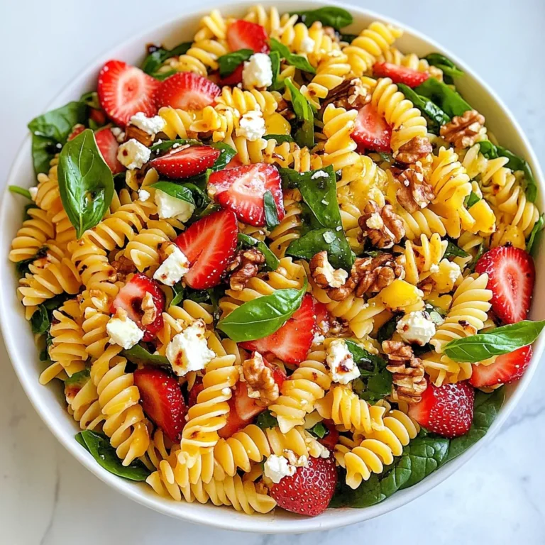 To make this delightful salad, gather these key ingredients: - 8 oz rotini pasta - 4 cups fresh spinach, thoroughly washed and dried - 1 cup strawberries, hulled and sliced - ½ cup feta cheese, crumbled into bite-sized pieces - ¼ cup walnuts, coarsely chopped - 3 tablespoons extra virgin olive oil - 2 tablespoons balsamic vinegar - 1 tablespoon honey for a touch of sweetness - Salt and freshly ground pepper to taste - Fresh basil leaves for a fragrant garnish You can jazz up this salad with some tasty extras. Here are a few ideas: - Sliced almonds or pecans for added crunch - Grilled chicken or shrimp for protein - Avocado slices for creaminess - Dried cranberries for extra sweetness - A sprinkle of red pepper flakes for heat This salad is not only delicious but also healthy. Here’s a breakdown of the key nutrients: - Calories: About 300 per serving - Protein: 10g - Fat: 18g (mostly healthy fats from olive oil and walnuts) - Carbohydrates: 30g - Fiber: 4g - Sugars: 5g (natural sugars from fruit) This nutrient-packed dish makes a great choice for a light meal or side. {{ingredient_image_2}} Start by boiling water in a large pot. Add salt. Once the water boils, add 8 oz of rotini pasta. Cook it according to the package time, usually around 8 to 10 minutes. The pasta should be firm but cooked, known as al dente. After cooking, drain the pasta in a colander. Rinse it quickly with cold water to stop the cooking. Set it aside to cool down completely. In a small bowl, mix the dressing. Whisk 3 tablespoons of extra virgin olive oil with 2 tablespoons of balsamic vinegar and 1 tablespoon of honey. Add a pinch of salt and pepper to taste. Whisk until smooth and well mixed. This dressing adds a nice tang and sweetness to your salad. Take a large mixing bowl and add the cooled rotini pasta. Next, add 4 cups of washed and dried fresh spinach. Then, add 1 cup of sliced strawberries, ½ cup of crumbled feta cheese, and ¼ cup of coarsely chopped walnuts. Gently toss the ingredients together. Be careful not to squish the spinach or strawberries. Now, drizzle your prepared dressing over the pasta salad. Use a big spoon to toss the salad carefully. Make sure everything is coated in the dressing. Taste it! If you want, add more salt or pepper for extra flavor. Place the salad in the fridge for 15 to 30 minutes. This chill time helps the flavors blend well. It also makes the salad refreshing when served. Serve it cold for the best taste! Before you serve, sprinkle fresh basil leaves on top. This adds a nice aroma and a pop of color. It makes your salad look even more inviting! To cook rotini pasta just right, start with a large pot. Fill it with water and add salt. It should taste like the sea! Bring the water to a rolling boil. Add your pasta and stir. Cook it according to the package for al dente. This means it should be firm to bite. Once it’s done, drain it in a colander. Rinse it with cold water to stop cooking. This keeps the pasta from getting too soft. Set it aside to cool completely before mixing it with other ingredients. The dressing can change the whole salad. If you want a twist, try lemon juice instead of balsamic vinegar. You can also swap honey for maple syrup for a different sweetness. For a creamy dressing, mix in some yogurt or sour cream. Add garlic or herbs to boost flavor. Taste as you go! Adjust salt and pepper for the best balance. You can even add a splash of orange juice for a fruity kick. For special days, serve this salad in a big, beautiful bowl. It looks great on a platter too! Use fresh basil leaves for a pop of color at the end. For extra flair, drizzle balsamic glaze over the top before serving. This adds a sweet touch and makes the dish shine. Serve the salad chilled for the best taste. It’s perfect for picnics, parties, or family gatherings. Everyone will love the mix of sweet strawberries and crunchy walnuts! Pro Tips Perfect Pasta Texture: To achieve the ideal al dente texture, make sure to follow the package instructions and taste the pasta a minute or two before the suggested cooking time. Freshness Matters: Use the freshest spinach and strawberries you can find for the best flavor and nutrition. Seasonal produce will enhance the taste of the salad. Customizable Dressing: Feel free to adjust the sweetness of the dressing by adding more honey or substituting with maple syrup for a different flavor profile. Make Ahead: Prepare the salad ingredients in advance but dress it just before serving to keep the spinach crisp and the pasta from becoming soggy. {{image_4}} You can change this salad with the seasons. In spring, add peas for a sweet crunch. In summer, toss in fresh corn for a burst of sweetness. In fall, use roasted pumpkin for warmth and flavor. Winter can bring in citrus fruits like oranges or grapefruits. These changes keep the salad fresh and exciting all year round. To make this salad vegan, swap feta cheese for a plant-based cheese. Also, replace honey with maple syrup or agave nectar for sweetness. For gluten-free options, use gluten-free pasta made from rice or quinoa. These swaps ensure everyone can enjoy this delicious dish without worry. You can boost the protein in this salad easily. Add grilled chicken or shrimp for a heartier meal. Chickpeas or black beans work well for a vegetarian option. You can even sprinkle in some sliced hard-boiled eggs for extra protein. These additions make the salad more filling and satisfying, perfect for lunch or dinner. To store leftover strawberry spinach pasta salad, place it in a clean, airtight container. Make sure to cover the container well to keep moisture out. This helps keep the salad fresh. The salad will stay fresh in the fridge for about 3 days. After this time, the spinach may wilt, and the strawberries can lose their crunch. Always check for any signs of spoilage before eating. I don’t recommend freezing this salad. The pasta and fresh ingredients do not freeze well. They can become mushy and lose their flavor. If you want to save some, try just freezing the pasta separately. You can then make a fresh salad later with new ingredients. Yes, you can use other pasta shapes. Penne, fusilli, or farfalle work well. Each type offers a unique texture. Choose what you like best. Just remember to cook it al dente for the best bite. You can prepare this salad a few hours in advance. Cook the pasta and make the dressing ahead. Keep the spinach, strawberries, and nuts separate until just before serving. This keeps everything fresh and crunchy. You can add many fruits to this salad. Blueberries, raspberries, or peaches are great choices. Just make sure they are ripe and sweet. They will add extra flavor and color to your dish. Yes, this salad is perfect for meal prep. You can store it in individual containers. Just remember to add the dressing just before eating. This keeps the salad fresh and tasty for days. This blog post covered how to make a tasty pasta salad. We talked about key ingredients, optional toppings, and key nutritional facts. You learned step-by-step on cooking, dressing, and chilling your salad. I shared tips for cooking pasta, dressing ideas, and serving suggestions. We also explored fun variations and storage tips. In closing, you now have the tools to make a delicious salad. Get creative and enjoy serving it for any occasion!