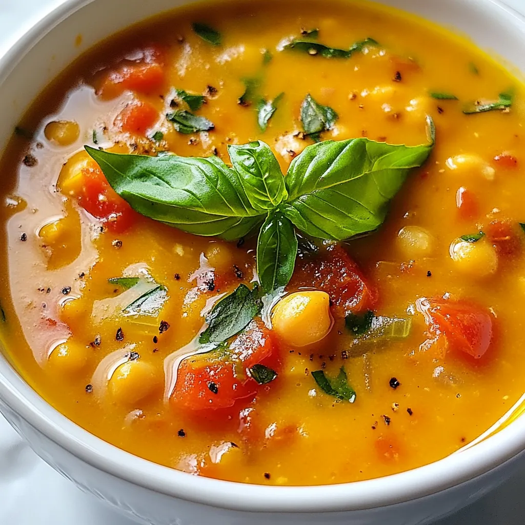 To make this soup, you need: - 1 can (15 oz) chickpeas, thoroughly drained and rinsed - 1 can (14 oz) diced tomatoes, with juices included - 1 medium onion, finely diced - 2 cloves garlic, finely minced - 2 cups vegetable broth (low-sodium recommended) - 1 teaspoon ground cumin - 1 teaspoon smoked paprika - ½ teaspoon chili powder (adjust for desired spice level) - Salt and freshly ground black pepper, to taste - 2 tablespoons extra virgin olive oil - 1 tablespoon freshly squeezed lemon juice These ingredients work together to create a rich, hearty soup. Chickpeas add protein and fiber. The diced tomatoes give the soup a nice base. Onion and garlic bring depth. Spices like cumin and paprika add warmth. You can make your soup special with some garnishes. Here are great options: - Fresh basil leaves - A drizzle of olive oil - Croutons or toasted bread Garnishes not only enhance the look but also add fresh flavors. Fresh basil brightens each bowl. Olive oil adds a silky touch, and croutons give a nice crunch. These staples are handy to keep on hand: - Olive oil - Ground spices like cumin and paprika - Canned tomatoes - Vegetable broth Having these items ready makes it easier to whip up this soup. You can also use them in many other dishes. Keeping a well-stocked pantry helps you cook more often and reduces trips to the store. {{ingredient_image_2}} First, take a large saucepan. Heat 2 tablespoons of extra virgin olive oil over medium heat. When the oil is hot, add 1 finely diced onion. Sauté the onion for about 5 minutes. Stir it often until it turns soft and translucent. Next, add 2 cloves of minced garlic. Sauté it for another minute. This will make your kitchen smell amazing! Be sure to stir often so the garlic does not burn. Now, it's time for the spices! Sprinkle in 1 teaspoon of ground cumin, 1 teaspoon of smoked paprika, and ½ teaspoon of chili powder. Stir everything well to coat the onion and garlic with the spices. Let this cook for about 30 seconds. This toasts the spices and brings out their flavor. After that, pour in 1 can of diced tomatoes with their juices. Follow this with 2 cups of vegetable broth. Increase the heat slightly to bring the mixture to a gentle simmer. Once the soup is simmering, add 1 can of drained and rinsed chickpeas. Season with salt and freshly ground black pepper to taste. Lower the heat and let the soup simmer uncovered for 15 to 20 minutes. This time allows the flavors to blend well. Stir the soup occasionally to prevent it from sticking to the bottom. After simmering, use an immersion blender for your desired consistency—smooth or slightly chunky. If you don’t have one, carefully transfer the soup to a blender in batches. Finally, stir in 1 tablespoon of freshly squeezed lemon juice to brighten the flavors. Adjust the seasoning with more salt and pepper if needed. Serve hot and enjoy! To make the soup even better, try these tips: - Add a bay leaf while simmering. - Stir in a splash of balsamic vinegar for depth. - Use fresh herbs like thyme or oregano. - Finish with a drizzle of good olive oil. Each of these steps adds layers of taste. You can play with spices too. For more heat, add crushed red pepper flakes. If you want a sweet twist, a pinch of sugar works wonders. Using fresh ingredients can boost flavor but canned ones are great too. Canned chickpeas save time and still taste good. Fresh tomatoes add a vibrant taste but require extra prep. If you choose fresh, use about 4 medium tomatoes. This can make the soup a bit chunkier. Canned tomatoes are often picked at peak ripeness. This means they have great flavor. When using canned items, remember to rinse chickpeas well. This helps to remove excess salt and makes them taste cleaner. Avoid these common errors for best results: - Don’t skip sautéing the onions and garlic. This step builds a base of flavor. - Overcooking the soup can make it mushy. Keep an eye on the time. - Forgetting to taste and adjust seasoning can lead to bland soup. Always taste before serving. - Using low-quality broth can dull the soup’s flavor. Choose a good-quality vegetable broth for the best result. By following these tips, you can create a hearty and flavorful chickpea tomato soup that shines! Pro Tips Use Fresh Herbs: Enhance the flavor of your soup by adding fresh herbs like thyme or parsley during the last few minutes of cooking. Adjust Consistency: If you prefer a thicker soup, add more chickpeas or blend a portion of the soup before mixing it back in. Spice it Up: Feel free to experiment with different spices such as coriander or turmeric to give your soup a unique twist. Storage Tips: This soup can be made ahead and stored in the fridge for up to 3 days, or frozen for up to 3 months, making it a great meal prep option. {{image_4}} You can make this soup even heartier by adding more vegetables. Some great choices are carrots, spinach, or zucchini. Simply chop them up and add them to the pot when you add the chickpeas. This step boosts nutrition and adds more flavor. You can also use frozen vegetables if you're short on time. They cook quickly and blend well with the soup. Feel free to swap out ingredients based on what you have. If you don’t have chickpeas, use white beans or lentils instead. For the diced tomatoes, fresh tomatoes work well if they are ripe. You can also change the broth. Use chicken broth or homemade stock for a richer taste. These simple swaps keep the soup delicious and flexible. Spices can change the whole feel of your soup. If you love heat, add more chili powder or even cayenne pepper. For a Mediterranean twist, try adding oregano or thyme. If you prefer an Indian flair, use curry powder or garam masala. Experimenting with spices lets you create your own unique version. After making your chickpea tomato soup, let it cool first. Transfer the soup to an airtight container. Store it in the fridge for up to three days. This way, you keep the flavors fresh and tasty. If you want to save it for longer, freezing is a great option. Pour the cooled soup into freezer-safe bags or containers. Make sure to leave some space at the top. The soup will expand when it freezes. It can last for about three months in the freezer. Label the bags with the date for easy tracking. When you're ready to enjoy the soup again, reheating it is simple. For the best taste, thaw the frozen soup in the fridge overnight. Then, heat it on the stove over medium heat. Stir frequently to avoid burning. Add a splash of vegetable broth or water if it seems too thick. You can also reheat it in the microwave. Use a microwave-safe bowl and cover it loosely to prevent splatters. Enjoy your hearty soup! Yes, you can make Chickpea Tomato Soup ahead of time. This soup stores well and tastes great the next day. After cooking, let the soup cool. Then, place it in an airtight container. Store it in the fridge for up to three days. You can also freeze it for up to three months. When ready to eat, simply reheat on the stove. Chickpea Tomato Soup pairs well with many sides. Here are some ideas: - Fresh crusty bread or rolls for dipping. - A simple green salad with a light vinaigrette. - Grilled cheese sandwiches for a classic combo. - Crispy pita chips for added crunch. These options can make your meal more filling and fun. This Chickpea Tomato Soup is already vegan! It uses vegetable broth and plant-based ingredients. There are no animal products in this recipe. If you want to add creaminess, try a splash of coconut milk. This will keep it vegan while adding a rich flavor. You can enjoy this soup without any animal products. You learned how to make Chickpea Tomato Soup in this post. We covered ingredients, cooking steps, tips, and variations. This soup is easy, tasty, and healthy. You can mix and match flavors to fit your taste. Use fresh or canned goods for quick prep. Store leftovers well for later. Try making this dish ahead for busy days. Enjoy your warm, flavorful soup anytime. Happy cooking!