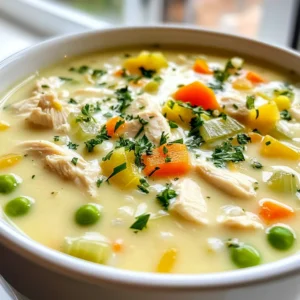 To make creamy chicken and rice soup, gather these ingredients: - 1 tablespoon olive oil - 1 medium onion, finely diced - 2 cloves garlic, minced - 2 carrots, peeled and diced - 2 celery stalks, diced - 1 pound boneless, skinless chicken breasts, cut into bite-sized pieces - 6 cups chicken broth (homemade or low-sodium for better flavor) - 1 cup long-grain white rice - 1 teaspoon dried thyme - 1/2 teaspoon dried rosemary - 1 cup heavy cream - 1 cup frozen peas - Salt and freshly ground black pepper, to taste - Fresh parsley, chopped (for garnish) You can swap some ingredients for different flavors or dietary needs: - Olive oil can be replaced with butter or coconut oil for richness. - If you lack chicken, use rotisserie chicken to save time. - Brown rice can replace white rice but will change the cook time. - Heavy cream can be substituted with half-and-half or a dairy-free cream for a lighter soup. - Fresh herbs work well instead of dried ones if you have them on hand. This soup is quite versatile and can fit many diets: - It is naturally gluten-free as long as you use gluten-free broth. - To make it dairy-free, replace heavy cream with coconut milk or almond milk. - For a vegetarian version, omit chicken and use vegetable broth, adding more veggies or beans. - Adjust the salt content for low-sodium diets by using low-sodium broth and limiting added salt. This soup is comforting and can meet various dietary needs. Enjoy experimenting with it! {{ingredient_image_2}} First, gather all your ingredients. You will need: - 1 tablespoon olive oil - 1 medium onion, finely diced - 2 cloves garlic, minced - 2 carrots, peeled and diced - 2 celery stalks, diced - 1 pound boneless, skinless chicken breasts, cut into bite-sized pieces - 6 cups chicken broth - 1 cup long-grain white rice - 1 teaspoon dried thyme - 1/2 teaspoon dried rosemary - 1 cup heavy cream - 1 cup frozen peas - Salt and freshly ground black pepper - Fresh parsley, chopped Start by heating the olive oil in a large pot over medium heat. Once hot, add the diced onion. Sauté it for about 3-4 minutes until it looks clear. Next, stir in the minced garlic, diced carrots, and diced celery. Cook for about 5 minutes. You want the veggies to soften a bit. Now, add the chicken pieces to the pot. Cook them for about 5-7 minutes. Stir them occasionally until the chicken turns light brown and is no longer pink. This step adds great flavor to your soup. Next, pour in the chicken broth and add the rice, thyme, and rosemary. Mix it all well and bring it to a boil. When it starts boiling, reduce the heat to low. Cover the pot and let it simmer for 15-20 minutes. You want the rice to become tender and soak up some broth. After simmering, take the pot off the heat. Stir in the heavy cream and frozen peas. Mix until everything blends well. Now, taste your soup. Add salt and pepper based on your liking. If the soup seems too thick, don’t worry! You can add more chicken broth or water to make it thinner. Just mix until you reach the right consistency for you. Serve the soup warm, and sprinkle some fresh parsley on top for a lovely finish. Enjoy! To make a creamy chicken and rice soup, start with good heat control. Heat the olive oil in a large pot over medium heat. This helps the onion cook evenly. Cook the onion until it’s soft and clear, about 3 to 4 minutes. Then, add the garlic, carrots, and celery. Sauté these for 5 minutes. This brings out their flavors. When you add the chicken, cook until it’s no longer pink. Stir it often for even cooking. When adding broth, bring it to a rolling boil before lowering the heat to simmer. This will help the rice cook perfectly. Adding herbs can boost the flavor of your soup. Use dried thyme and rosemary as in the recipe. They add warmth and depth. You can also try fresh herbs like parsley or dill. Just add them at the end. If you like heat, add a pinch of red pepper flakes. For a tangy twist, squeeze fresh lemon juice before serving. This will brighten the flavors and balance the creaminess. One common mistake is cooking the rice too long. Rice should be tender but not mushy. Keep an eye on the timer. Another mistake is not seasoning enough. Always taste as you go. This helps you adjust flavors. If your soup seems too thick, add more broth or water. Don’t forget to stir in the cream gently to keep it smooth. Finally, if you skip the garnish, you miss out on that fresh touch. A sprinkle of parsley makes your soup look vibrant and inviting. Pro Tips Use Homemade Broth: For the best flavor, use homemade chicken broth. It enhances the richness of the soup and allows you to control the salt content. Add Fresh Herbs: If you have fresh thyme or rosemary available, substitute them for dried herbs to elevate the freshness of the soup's flavor. Adjust Creaminess: If you prefer a lighter soup, reduce the amount of heavy cream or substitute with half-and-half for a creamy yet less rich option. Storage Tips: Store leftover soup in an airtight container in the fridge. To reheat, add a little water or broth as rice may absorb the liquid over time. {{image_4}} You can make a tasty vegetarian version of this creamy chicken and rice soup. Swap the chicken for a mix of hearty vegetables. Try mushrooms, zucchini, or even sweet potatoes. Use vegetable broth instead of chicken broth for a rich base. Add a can of white beans for protein and creaminess. You can also use coconut milk in place of heavy cream for a unique flavor. This version offers great taste without meat. If you want to change up the protein, there are many options. Instead of chicken, use turkey or cooked shrimp. For a different flavor, try diced ham or even shredded rotisserie chicken. You can also add tofu for a plant-based protein. Just make sure to adjust the cooking time, so everything cooks evenly. Each protein brings a new twist to the soup. Herbs and spices can change the whole feel of your soup. For a fresh taste, add basil or dill. Try a pinch of cayenne for some heat. You can also use fresh herbs like parsley or thyme for added flavor. Experiment with garlic powder or onion powder if you're short on fresh garlic and onions. Each choice can make your creamy chicken and rice soup unique and exciting. To store your creamy chicken and rice soup, let it cool first. Use an airtight container. This will keep the soup fresh for up to three days in the fridge. Make sure to label the container with the date. If you want to enjoy it later, freezing is a great option. When you are ready to eat the soup again, take it out of the fridge. Pour it into a pot and heat it on medium heat. Stir it often to help it warm evenly. If the soup is too thick, add a splash of broth or water. Heat until it is hot, about 5 to 10 minutes. If you plan to freeze the soup, do it the same day you cook it. Allow it to cool completely before putting it in a freezer-safe container. Leave some space at the top, as the soup will expand when frozen. You can freeze it for up to three months. When you want to eat it, thaw it in the fridge overnight before reheating. You can use half-and-half or whole milk as a lighter option. Cream cheese is another good choice. If you're looking for dairy-free, try coconut milk or cashew cream. Each option adds a unique flavor to the soup. Adjust the amount based on how creamy you want it. Yes, but remember that brown rice takes longer to cook. It usually needs about 10-15 more minutes. This means you may need to add more broth to keep the soup from getting too thick. Brown rice adds a nice texture and a nutty flavor. To thicken the soup, you can mash some of the rice. This releases starch and gives the soup a creamy texture. You can also add a cornstarch slurry. Mix cornstarch with cold water, then stir it in while the soup simmers. Let it cook for a few minutes to thicken. This blog post covered how to make a flavorful soup. We explored the ingredients, cooking steps, and tips for great results. You learned how to substitute ingredients and adjust flavors. We also shared storage tips and common questions. Remember, cooking is fun! Experiment and make it your own. Enjoy your tasty bowl of soup!