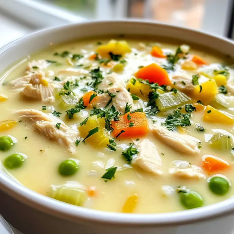 To make creamy chicken and rice soup, gather these ingredients: - 1 tablespoon olive oil - 1 medium onion, finely diced - 2 cloves garlic, minced - 2 carrots, peeled and diced - 2 celery stalks, diced - 1 pound boneless, skinless chicken breasts, cut into bite-sized pieces - 6 cups chicken broth (homemade or low-sodium for better flavor) - 1 cup long-grain white rice - 1 teaspoon dried thyme - 1/2 teaspoon dried rosemary - 1 cup heavy cream - 1 cup frozen peas - Salt and freshly ground black pepper, to taste - Fresh parsley, chopped (for garnish) You can swap some ingredients for different flavors or dietary needs: - Olive oil can be replaced with butter or coconut oil for richness. - If you lack chicken, use rotisserie chicken to save time. - Brown rice can replace white rice but will change the cook time. - Heavy cream can be substituted with half-and-half or a dairy-free cream for a lighter soup. - Fresh herbs work well instead of dried ones if you have them on hand. This soup is quite versatile and can fit many diets: - It is naturally gluten-free as long as you use gluten-free broth. - To make it dairy-free, replace heavy cream with coconut milk or almond milk. - For a vegetarian version, omit chicken and use vegetable broth, adding more veggies or beans. - Adjust the salt content for low-sodium diets by using low-sodium broth and limiting added salt. This soup is comforting and can meet various dietary needs. Enjoy experimenting with it! {{ingredient_image_2}} First, gather all your ingredients. You will need: - 1 tablespoon olive oil - 1 medium onion, finely diced - 2 cloves garlic, minced - 2 carrots, peeled and diced - 2 celery stalks, diced - 1 pound boneless, skinless chicken breasts, cut into bite-sized pieces - 6 cups chicken broth - 1 cup long-grain white rice - 1 teaspoon dried thyme - 1/2 teaspoon dried rosemary - 1 cup heavy cream - 1 cup frozen peas - Salt and freshly ground black pepper - Fresh parsley, chopped Start by heating the olive oil in a large pot over medium heat. Once hot, add the diced onion. Sauté it for about 3-4 minutes until it looks clear. Next, stir in the minced garlic, diced carrots, and diced celery. Cook for about 5 minutes. You want the veggies to soften a bit. Now, add the chicken pieces to the pot. Cook them for about 5-7 minutes. Stir them occasionally until the chicken turns light brown and is no longer pink. This step adds great flavor to your soup. Next, pour in the chicken broth and add the rice, thyme, and rosemary. Mix it all well and bring it to a boil. When it starts boiling, reduce the heat to low. Cover the pot and let it simmer for 15-20 minutes. You want the rice to become tender and soak up some broth. After simmering, take the pot off the heat. Stir in the heavy cream and frozen peas. Mix until everything blends well. Now, taste your soup. Add salt and pepper based on your liking. If the soup seems too thick, don’t worry! You can add more chicken broth or water to make it thinner. Just mix until you reach the right consistency for you. Serve the soup warm, and sprinkle some fresh parsley on top for a lovely finish. Enjoy! To make a creamy chicken and rice soup, start with good heat control. Heat the olive oil in a large pot over medium heat. This helps the onion cook evenly. Cook the onion until it’s soft and clear, about 3 to 4 minutes. Then, add the garlic, carrots, and celery. Sauté these for 5 minutes. This brings out their flavors. When you add the chicken, cook until it’s no longer pink. Stir it often for even cooking. When adding broth, bring it to a rolling boil before lowering the heat to simmer. This will help the rice cook perfectly. Adding herbs can boost the flavor of your soup. Use dried thyme and rosemary as in the recipe. They add warmth and depth. You can also try fresh herbs like parsley or dill. Just add them at the end. If you like heat, add a pinch of red pepper flakes. For a tangy twist, squeeze fresh lemon juice before serving. This will brighten the flavors and balance the creaminess. One common mistake is cooking the rice too long. Rice should be tender but not mushy. Keep an eye on the timer. Another mistake is not seasoning enough. Always taste as you go. This helps you adjust flavors. If your soup seems too thick, add more broth or water. Don’t forget to stir in the cream gently to keep it smooth. Finally, if you skip the garnish, you miss out on that fresh touch. A sprinkle of parsley makes your soup look vibrant and inviting. Pro Tips Use Homemade Broth: For the best flavor, use homemade chicken broth. It enhances the richness of the soup and allows you to control the salt content. Add Fresh Herbs: If you have fresh thyme or rosemary available, substitute them for dried herbs to elevate the freshness of the soup's flavor. Adjust Creaminess: If you prefer a lighter soup, reduce the amount of heavy cream or substitute with half-and-half for a creamy yet less rich option. Storage Tips: Store leftover soup in an airtight container in the fridge. To reheat, add a little water or broth as rice may absorb the liquid over time. {{image_4}} You can make a tasty vegetarian version of this creamy chicken and rice soup. Swap the chicken for a mix of hearty vegetables. Try mushrooms, zucchini, or even sweet potatoes. Use vegetable broth instead of chicken broth for a rich base. Add a can of white beans for protein and creaminess. You can also use coconut milk in place of heavy cream for a unique flavor. This version offers great taste without meat. If you want to change up the protein, there are many options. Instead of chicken, use turkey or cooked shrimp. For a different flavor, try diced ham or even shredded rotisserie chicken. You can also add tofu for a plant-based protein. Just make sure to adjust the cooking time, so everything cooks evenly. Each protein brings a new twist to the soup. Herbs and spices can change the whole feel of your soup. For a fresh taste, add basil or dill. Try a pinch of cayenne for some heat. You can also use fresh herbs like parsley or thyme for added flavor. Experiment with garlic powder or onion powder if you're short on fresh garlic and onions. Each choice can make your creamy chicken and rice soup unique and exciting. To store your creamy chicken and rice soup, let it cool first. Use an airtight container. This will keep the soup fresh for up to three days in the fridge. Make sure to label the container with the date. If you want to enjoy it later, freezing is a great option. When you are ready to eat the soup again, take it out of the fridge. Pour it into a pot and heat it on medium heat. Stir it often to help it warm evenly. If the soup is too thick, add a splash of broth or water. Heat until it is hot, about 5 to 10 minutes. If you plan to freeze the soup, do it the same day you cook it. Allow it to cool completely before putting it in a freezer-safe container. Leave some space at the top, as the soup will expand when frozen. You can freeze it for up to three months. When you want to eat it, thaw it in the fridge overnight before reheating. You can use half-and-half or whole milk as a lighter option. Cream cheese is another good choice. If you're looking for dairy-free, try coconut milk or cashew cream. Each option adds a unique flavor to the soup. Adjust the amount based on how creamy you want it. Yes, but remember that brown rice takes longer to cook. It usually needs about 10-15 more minutes. This means you may need to add more broth to keep the soup from getting too thick. Brown rice adds a nice texture and a nutty flavor. To thicken the soup, you can mash some of the rice. This releases starch and gives the soup a creamy texture. You can also add a cornstarch slurry. Mix cornstarch with cold water, then stir it in while the soup simmers. Let it cook for a few minutes to thicken. This blog post covered how to make a flavorful soup. We explored the ingredients, cooking steps, and tips for great results. You learned how to substitute ingredients and adjust flavors. We also shared storage tips and common questions. Remember, cooking is fun! Experiment and make it your own. Enjoy your tasty bowl of soup!