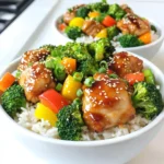 - 1 lb boneless, skinless chicken thighs, cut into bite-sized pieces - 2 tablespoons soy sauce - 2 tablespoons honey - 1 tablespoon freshly grated ginger - 2 garlic cloves, minced - 1 tablespoon sesame oil - 1 cup broccoli florets - 1 cup bell peppers, sliced - 2 green onions, finely chopped - Sesame seeds - Cooked jasmine rice, about 2 cups The main ingredients in this dish are simple. Chicken thighs give a rich flavor. They cook quickly and stay juicy. Soy sauce adds salt and umami. Honey brings a sweet touch that balances the salt. Fresh ginger and garlic add warmth and depth. The vegetables in this dish are bright and crunchy. Broccoli florets add a nice color and nutrition. Bell peppers come in many colors. You can choose your favorites for a fun look. For garnishes, green onions add a fresh taste. They also give a nice pop of green. Sesame seeds add a bit of crunch and a nutty flavor. Jasmine rice serves as a soft base for the dish. It soaks up all the tasty sauce and ties everything together. To start, you need to make the marinade. In a bowl, mix 2 tablespoons of soy sauce, 2 tablespoons of honey, 1 tablespoon of freshly grated ginger, and 2 minced garlic cloves. Whisk them together until they blend well. Next, add 1 pound of chicken thighs, cut into small pieces. Make sure each piece is coated in the marinade. Cover the bowl and let the chicken sit for 10 to 15 minutes at room temperature. This helps the flavors soak in. Now, let’s cook the chicken. Heat 1 tablespoon of sesame oil in a large skillet over medium-high heat. When the oil shimmers, add the marinated chicken. Reserve any leftover marinade for later. Sauté the chicken for about 4 to 5 minutes. Stir it often until it turns golden brown and reaches an internal temperature of 165°F. Once the chicken is cooked, it’s time to add the veggies. Toss in 1 cup of broccoli florets and 1 cup of sliced bell peppers. Stir everything together so it mixes well. Pour the reserved marinade over the chicken and veggies. Cook for another 3 to 4 minutes. You want the vegetables to be tender-crisp and bright in color. This step adds both flavor and nutrition to your bowl. To cook chicken well, you need to ensure it is fully cooked. Chicken should reach an internal temperature of 165°F or 75°C. Use a meat thermometer for accuracy. Cut the chicken into bite-sized pieces. This helps it cook evenly and quickly. To help the chicken absorb the marinade, let it sit for 10-15 minutes. This short time allows the flavors to soak in without over-marinating. If you marinate too long, the chicken can become too soft. You can use many different veggies in your teriyaki bowl. Try snap peas, carrots, or zucchini for variety. Each vegetable adds its own flavor and texture. Cooking times vary for different veggies. Broccoli takes about 3-4 minutes to cook. Bell peppers need about the same time. If you use softer vegetables like spinach, add them in the last minute of cooking. For a great bowl presentation, start with a generous scoop of jasmine rice. Then, top it with the chicken and vegetables. Make it colorful by adding green onions and a sprinkle of sesame seeds. You can also add toppings like crushed peanuts or sliced avocado for extra flavor. A lime wedge on the side adds a zesty touch. Serve it on a bright placemat to make the dish pop. {{image_4}} You can make teriyaki sauce at home or buy it at the store. Homemade sauce tastes fresh and is easy to make. Mix soy sauce, honey, ginger, and garlic for a simple blend. If you want a kick, try a spicy teriyaki sauce. Just add some red pepper flakes or sriracha to your homemade mix. This adds heat and flavor to your dish. Chicken is great, but you can swap it for tofu or shrimp. If you use tofu, choose firm or extra-firm and press it to remove excess water. For shrimp, peel and devein them first. Cook the tofu in the skillet until golden brown. Sauté shrimp for about 3-4 minutes until they turn pink. Both options give a tasty twist to your bowls. If you want a lighter option, try cauliflower rice. Just pulse cauliflower florets in a food processor until they look like rice. Sauté them briefly in a pan for a quick cook. Quinoa is another option if you want to skip grains. Cook it in water or broth for added flavor. Both substitutes keep your meal fresh and healthy. To keep your Minute Teriyaki Chicken Bowls fresh, store leftovers in an airtight container. This helps lock in flavor and keep the dish safe. The meal lasts in the fridge for about 3 to 4 days. Always let the chicken cool before sealing it up. You can freeze these chicken bowls if you want to save some for later. To freeze, let the dish cool completely first. Then, place it in freezer-safe containers. Make sure to label them with the date. When you want to enjoy your meal, thaw it overnight in the fridge. To reheat, warm it on the stove or in the microwave until hot. Meal prepping makes busy days easier. Chop your vegetables and marinate the chicken in advance. Store them separately in the fridge. When you’re ready to eat, just cook the chicken and veggies, then assemble your bowls. This way, you can enjoy a delicious meal in minutes! This tasty dish takes just 30 minutes to make. You spend 15 minutes on prep. During this time, you marinate the chicken. The cooking part takes around 15 minutes. You cook the chicken and veggies together. The quick time makes this meal perfect for busy nights. Yes, you can make these bowls ahead of time. Cook the chicken and veggies as normal. Once done, let them cool. Then, store them in airtight containers. You can keep them in the fridge for about three days. When you are ready, just reheat and serve over fresh rice. If you need an alternative to honey, use maple syrup. Use the same amount, 2 tablespoons. Another option is agave nectar. Again, use 2 tablespoons for the same sweetness. Both options work well in this dish. In this blog, I covered the essentials for making Minute Teriyaki Chicken Bowls. We looked at key ingredients like chicken, soy sauce, and veggies, along with tips for perfect cooking. I shared options for variations, protein swaps, and storage details. Enjoy experimenting with your flavors! Cooking can be fun and rewarding. With these steps, you can create a tasty meal to share. Happy cooking!