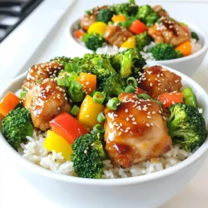 - 1 lb boneless, skinless chicken thighs, cut into bite-sized pieces - 2 tablespoons soy sauce - 2 tablespoons honey - 1 tablespoon freshly grated ginger - 2 garlic cloves, minced - 1 tablespoon sesame oil - 1 cup broccoli florets - 1 cup bell peppers, sliced - 2 green onions, finely chopped - Sesame seeds - Cooked jasmine rice, about 2 cups The main ingredients in this dish are simple. Chicken thighs give a rich flavor. They cook quickly and stay juicy. Soy sauce adds salt and umami. Honey brings a sweet touch that balances the salt. Fresh ginger and garlic add warmth and depth. The vegetables in this dish are bright and crunchy. Broccoli florets add a nice color and nutrition. Bell peppers come in many colors. You can choose your favorites for a fun look. For garnishes, green onions add a fresh taste. They also give a nice pop of green. Sesame seeds add a bit of crunch and a nutty flavor. Jasmine rice serves as a soft base for the dish. It soaks up all the tasty sauce and ties everything together. To start, you need to make the marinade. In a bowl, mix 2 tablespoons of soy sauce, 2 tablespoons of honey, 1 tablespoon of freshly grated ginger, and 2 minced garlic cloves. Whisk them together until they blend well. Next, add 1 pound of chicken thighs, cut into small pieces. Make sure each piece is coated in the marinade. Cover the bowl and let the chicken sit for 10 to 15 minutes at room temperature. This helps the flavors soak in. Now, let’s cook the chicken. Heat 1 tablespoon of sesame oil in a large skillet over medium-high heat. When the oil shimmers, add the marinated chicken. Reserve any leftover marinade for later. Sauté the chicken for about 4 to 5 minutes. Stir it often until it turns golden brown and reaches an internal temperature of 165°F. Once the chicken is cooked, it’s time to add the veggies. Toss in 1 cup of broccoli florets and 1 cup of sliced bell peppers. Stir everything together so it mixes well. Pour the reserved marinade over the chicken and veggies. Cook for another 3 to 4 minutes. You want the vegetables to be tender-crisp and bright in color. This step adds both flavor and nutrition to your bowl. To cook chicken well, you need to ensure it is fully cooked. Chicken should reach an internal temperature of 165°F or 75°C. Use a meat thermometer for accuracy. Cut the chicken into bite-sized pieces. This helps it cook evenly and quickly. To help the chicken absorb the marinade, let it sit for 10-15 minutes. This short time allows the flavors to soak in without over-marinating. If you marinate too long, the chicken can become too soft. You can use many different veggies in your teriyaki bowl. Try snap peas, carrots, or zucchini for variety. Each vegetable adds its own flavor and texture. Cooking times vary for different veggies. Broccoli takes about 3-4 minutes to cook. Bell peppers need about the same time. If you use softer vegetables like spinach, add them in the last minute of cooking. For a great bowl presentation, start with a generous scoop of jasmine rice. Then, top it with the chicken and vegetables. Make it colorful by adding green onions and a sprinkle of sesame seeds. You can also add toppings like crushed peanuts or sliced avocado for extra flavor. A lime wedge on the side adds a zesty touch. Serve it on a bright placemat to make the dish pop. {{image_4}} You can make teriyaki sauce at home or buy it at the store. Homemade sauce tastes fresh and is easy to make. Mix soy sauce, honey, ginger, and garlic for a simple blend. If you want a kick, try a spicy teriyaki sauce. Just add some red pepper flakes or sriracha to your homemade mix. This adds heat and flavor to your dish. Chicken is great, but you can swap it for tofu or shrimp. If you use tofu, choose firm or extra-firm and press it to remove excess water. For shrimp, peel and devein them first. Cook the tofu in the skillet until golden brown. Sauté shrimp for about 3-4 minutes until they turn pink. Both options give a tasty twist to your bowls. If you want a lighter option, try cauliflower rice. Just pulse cauliflower florets in a food processor until they look like rice. Sauté them briefly in a pan for a quick cook. Quinoa is another option if you want to skip grains. Cook it in water or broth for added flavor. Both substitutes keep your meal fresh and healthy. To keep your Minute Teriyaki Chicken Bowls fresh, store leftovers in an airtight container. This helps lock in flavor and keep the dish safe. The meal lasts in the fridge for about 3 to 4 days. Always let the chicken cool before sealing it up. You can freeze these chicken bowls if you want to save some for later. To freeze, let the dish cool completely first. Then, place it in freezer-safe containers. Make sure to label them with the date. When you want to enjoy your meal, thaw it overnight in the fridge. To reheat, warm it on the stove or in the microwave until hot. Meal prepping makes busy days easier. Chop your vegetables and marinate the chicken in advance. Store them separately in the fridge. When you’re ready to eat, just cook the chicken and veggies, then assemble your bowls. This way, you can enjoy a delicious meal in minutes! This tasty dish takes just 30 minutes to make. You spend 15 minutes on prep. During this time, you marinate the chicken. The cooking part takes around 15 minutes. You cook the chicken and veggies together. The quick time makes this meal perfect for busy nights. Yes, you can make these bowls ahead of time. Cook the chicken and veggies as normal. Once done, let them cool. Then, store them in airtight containers. You can keep them in the fridge for about three days. When you are ready, just reheat and serve over fresh rice. If you need an alternative to honey, use maple syrup. Use the same amount, 2 tablespoons. Another option is agave nectar. Again, use 2 tablespoons for the same sweetness. Both options work well in this dish. In this blog, I covered the essentials for making Minute Teriyaki Chicken Bowls. We looked at key ingredients like chicken, soy sauce, and veggies, along with tips for perfect cooking. I shared options for variations, protein swaps, and storage details. Enjoy experimenting with your flavors! Cooking can be fun and rewarding. With these steps, you can create a tasty meal to share. Happy cooking!