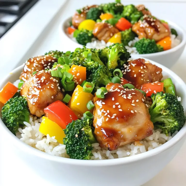 - 1 lb boneless, skinless chicken thighs, cut into bite-sized pieces - 2 tablespoons soy sauce - 2 tablespoons honey - 1 tablespoon freshly grated ginger - 2 garlic cloves, minced - 1 tablespoon sesame oil - 1 cup broccoli florets - 1 cup bell peppers, sliced - 2 green onions, finely chopped - Sesame seeds - Cooked jasmine rice, about 2 cups The main ingredients in this dish are simple. Chicken thighs give a rich flavor. They cook quickly and stay juicy. Soy sauce adds salt and umami. Honey brings a sweet touch that balances the salt. Fresh ginger and garlic add warmth and depth. The vegetables in this dish are bright and crunchy. Broccoli florets add a nice color and nutrition. Bell peppers come in many colors. You can choose your favorites for a fun look. For garnishes, green onions add a fresh taste. They also give a nice pop of green. Sesame seeds add a bit of crunch and a nutty flavor. Jasmine rice serves as a soft base for the dish. It soaks up all the tasty sauce and ties everything together. To start, you need to make the marinade. In a bowl, mix 2 tablespoons of soy sauce, 2 tablespoons of honey, 1 tablespoon of freshly grated ginger, and 2 minced garlic cloves. Whisk them together until they blend well. Next, add 1 pound of chicken thighs, cut into small pieces. Make sure each piece is coated in the marinade. Cover the bowl and let the chicken sit for 10 to 15 minutes at room temperature. This helps the flavors soak in. Now, let’s cook the chicken. Heat 1 tablespoon of sesame oil in a large skillet over medium-high heat. When the oil shimmers, add the marinated chicken. Reserve any leftover marinade for later. Sauté the chicken for about 4 to 5 minutes. Stir it often until it turns golden brown and reaches an internal temperature of 165°F. Once the chicken is cooked, it’s time to add the veggies. Toss in 1 cup of broccoli florets and 1 cup of sliced bell peppers. Stir everything together so it mixes well. Pour the reserved marinade over the chicken and veggies. Cook for another 3 to 4 minutes. You want the vegetables to be tender-crisp and bright in color. This step adds both flavor and nutrition to your bowl. To cook chicken well, you need to ensure it is fully cooked. Chicken should reach an internal temperature of 165°F or 75°C. Use a meat thermometer for accuracy. Cut the chicken into bite-sized pieces. This helps it cook evenly and quickly. To help the chicken absorb the marinade, let it sit for 10-15 minutes. This short time allows the flavors to soak in without over-marinating. If you marinate too long, the chicken can become too soft. You can use many different veggies in your teriyaki bowl. Try snap peas, carrots, or zucchini for variety. Each vegetable adds its own flavor and texture. Cooking times vary for different veggies. Broccoli takes about 3-4 minutes to cook. Bell peppers need about the same time. If you use softer vegetables like spinach, add them in the last minute of cooking. For a great bowl presentation, start with a generous scoop of jasmine rice. Then, top it with the chicken and vegetables. Make it colorful by adding green onions and a sprinkle of sesame seeds. You can also add toppings like crushed peanuts or sliced avocado for extra flavor. A lime wedge on the side adds a zesty touch. Serve it on a bright placemat to make the dish pop. {{image_4}} You can make teriyaki sauce at home or buy it at the store. Homemade sauce tastes fresh and is easy to make. Mix soy sauce, honey, ginger, and garlic for a simple blend. If you want a kick, try a spicy teriyaki sauce. Just add some red pepper flakes or sriracha to your homemade mix. This adds heat and flavor to your dish. Chicken is great, but you can swap it for tofu or shrimp. If you use tofu, choose firm or extra-firm and press it to remove excess water. For shrimp, peel and devein them first. Cook the tofu in the skillet until golden brown. Sauté shrimp for about 3-4 minutes until they turn pink. Both options give a tasty twist to your bowls. If you want a lighter option, try cauliflower rice. Just pulse cauliflower florets in a food processor until they look like rice. Sauté them briefly in a pan for a quick cook. Quinoa is another option if you want to skip grains. Cook it in water or broth for added flavor. Both substitutes keep your meal fresh and healthy. To keep your Minute Teriyaki Chicken Bowls fresh, store leftovers in an airtight container. This helps lock in flavor and keep the dish safe. The meal lasts in the fridge for about 3 to 4 days. Always let the chicken cool before sealing it up. You can freeze these chicken bowls if you want to save some for later. To freeze, let the dish cool completely first. Then, place it in freezer-safe containers. Make sure to label them with the date. When you want to enjoy your meal, thaw it overnight in the fridge. To reheat, warm it on the stove or in the microwave until hot. Meal prepping makes busy days easier. Chop your vegetables and marinate the chicken in advance. Store them separately in the fridge. When you’re ready to eat, just cook the chicken and veggies, then assemble your bowls. This way, you can enjoy a delicious meal in minutes! This tasty dish takes just 30 minutes to make. You spend 15 minutes on prep. During this time, you marinate the chicken. The cooking part takes around 15 minutes. You cook the chicken and veggies together. The quick time makes this meal perfect for busy nights. Yes, you can make these bowls ahead of time. Cook the chicken and veggies as normal. Once done, let them cool. Then, store them in airtight containers. You can keep them in the fridge for about three days. When you are ready, just reheat and serve over fresh rice. If you need an alternative to honey, use maple syrup. Use the same amount, 2 tablespoons. Another option is agave nectar. Again, use 2 tablespoons for the same sweetness. Both options work well in this dish. In this blog, I covered the essentials for making Minute Teriyaki Chicken Bowls. We looked at key ingredients like chicken, soy sauce, and veggies, along with tips for perfect cooking. I shared options for variations, protein swaps, and storage details. Enjoy experimenting with your flavors! Cooking can be fun and rewarding. With these steps, you can create a tasty meal to share. Happy cooking!