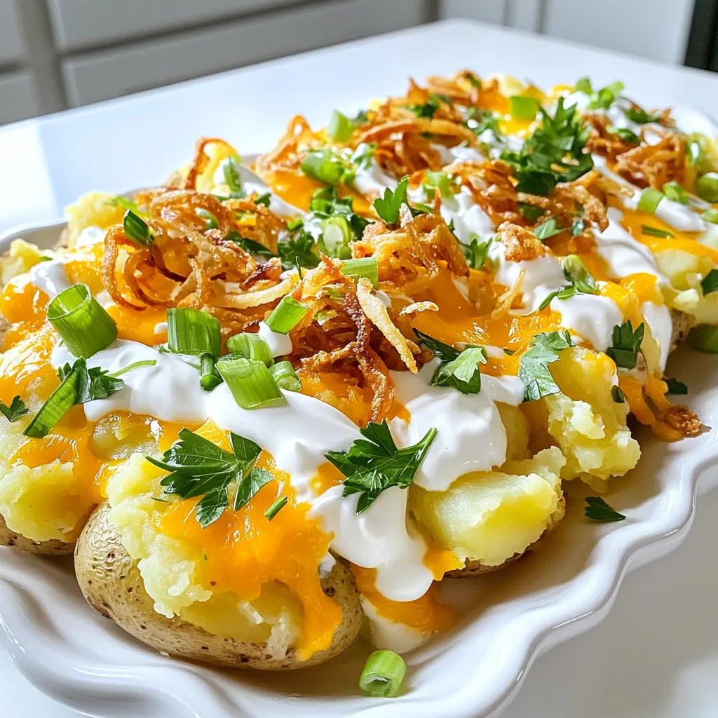- 2 pounds baby potatoes - 1 cup shredded cheddar cheese - ½ cup sour cream - 4 green onions, sliced - 1 teaspoon garlic powder - 1 teaspoon onion powder - ½ teaspoon smoked paprika - Salt and pepper to taste - ½ cup crispy fried onions - Fresh parsley, chopped - Large pot - Baking sheet - Parchment paper - Potato masher or glass When I make loaded smash potatoes, I start with fresh baby potatoes. They are the perfect size and cook evenly. I find that 2 pounds is just right for a family meal or a gathering. Next, I add flavor with 1 cup of shredded cheddar cheese. The cheese melts beautifully and adds creaminess. I also use ½ cup of sour cream, which gives a tangy taste and richness. Sliced green onions bring a fresh crunch to the dish. They add a nice color and flavor. I use 4 green onions, but feel free to add more if you love their taste. For seasoning, I use simple spices. A teaspoon each of garlic powder and onion powder gives depth. Adding ½ teaspoon of smoked paprika gives a lovely, smoky touch. I always add salt and pepper to taste for balance. To finish, I sprinkle crispy fried onions on top. They add a crunch and a savory flavor. A sprinkle of fresh parsley adds color and freshness. In terms of tools, you will need a large pot for boiling. A baking sheet lined with parchment paper makes cleanup easy. A potato masher or glass helps create those perfect smashed potatoes. This blend of ingredients makes loaded smash potatoes a hit every time. - Step 1: Preheat the Oven to 425°F (220°C) Set your oven to 425°F. This heat makes the potatoes crispy. - Step 2: Boil the Potatoes for 15-20 minutes In a big pot, add the baby potatoes. Cover them with water and add a bit of salt. Bring the water to a boil. Cook the potatoes for 15 to 20 minutes. They should be fork-tender. - Step 3: Drain and Cool the Potatoes Once cooked, carefully drain the potatoes. Let them cool for a few minutes. You want them warm, not hot. - Step 4: Smash the Potatoes Lay the cooled potatoes on a baking sheet lined with parchment paper. Use the bottom of a glass or a potato masher to smash each potato gently. You want them flat but still whole. - Step 5: Brush with Olive Oil Mixture In a small bowl, mix olive oil, garlic powder, onion powder, smoked paprika, salt, and black pepper. Brush this mix over the smashed potatoes. Make sure they are well coated. - Step 6: Bake until Crispy and Golden Put the baking sheet in your preheated oven. Bake for 20 to 25 minutes. Look for crispy, golden edges. - Step 7: Add Cheese to Melt Take the baking sheet out and sprinkle shredded cheddar cheese on top. Return it to the oven for 5 more minutes. Wait until the cheese melts and bubbles. - Step 8: Serve with Toppings Remove the potatoes from the oven. Drizzle them with sour cream. Add sliced green onions and crispy fried onions on top. For a fresh touch, sprinkle with chopped parsley. Properly boiling your potatoes is key. Start with cold water and a pinch of salt. Bring the water to a boil, then cook until fork-tender, about 15-20 minutes. This ensures your potatoes are soft inside but firm enough to smash. After boiling, let them cool a bit. This prevents burns and makes smashing easier. For smashing, use the bottom of a glass or a potato masher. Press down gently until the potatoes flatten but stay intact. This creates more surface area for crispiness. You can enhance the flavor with different spices. Try adding fresh herbs like rosemary or thyme to the olive oil mix. For a spicy kick, toss in some jalapeños or sriracha. These options give your loaded smash potatoes a unique twist. Optional toppings can take your dish to the next level. Besides cheddar cheese, consider using crumbled feta or pepper jack for a zing. You could also add crispy bacon bits or roasted garlic for extra flavor. For plating, use a large platter to display the potatoes. Drizzle sour cream over the top, and sprinkle with fresh parsley. This makes a stunning centerpiece for any meal. When serving, consider pairing the potatoes with grilled chicken or steak. They also go well with a fresh salad. This way, your loaded smash potatoes shine as a delicious side dish. {{image_4}} You can switch up the cheese for even more flavor. Try provolone for a creamy melt. Pepper Jack adds a nice kick with its spicy notes. Gouda brings a rich, smoky taste that elevates the dish. Each cheese option pairs well with the crispy potatoes. For a plant-based spin, use vegan cheese or sour cream. You can also add roasted vegetables like bell peppers or zucchini for extra nutrition. These swaps keep your dish tasty and friendly for all diets. Herbs can transform your loaded smash potatoes. Add rosemary or thyme for a fresh twist. If you like spice, toss in jalapeños or a splash of sriracha. These additions can customize your potatoes to match your mood. Store leftover loaded smash potatoes in an airtight container. This keeps them fresh and tasty. Place them in the fridge within two hours after cooking. They stay good for about three to four days. When you're ready to eat them again, take them out of the fridge and enjoy! To reheat your smash potatoes, use an oven for best results. Preheat the oven to 375°F (190°C). Place the potatoes on a baking sheet. Cover them with foil to keep moisture in. Heat for about 15-20 minutes. Remove the foil for the last five minutes to crisp them up. You can also use a microwave, but they won’t be as crispy. Heat for 1-2 minutes, checking often. If you want to freeze loaded smash potatoes, let them cool completely first. Place them in a freezer-safe container or bag. Remember to remove as much air as possible. These potatoes can stay fresh for up to three months. When you want to eat them, thaw them in the fridge overnight. Reheat them in the oven for the best taste and texture. Yes, you can use regular potatoes. Just cut them into smaller pieces. This helps them cook evenly. Baby potatoes add a nice bite, but larger ones work too. To make these potatoes vegan, swap sour cream for a plant-based version. Use vegan cheese instead of regular cheese. Olive oil is already vegan, so you’re good there! These potatoes pair well with grilled meats, salads, or roasted veggies. They also shine at parties as a fun side dish. Try them with barbecue chicken or steak for a complete meal. Leftovers can stay fresh for about 3-4 days in the fridge. Store them in an airtight container for best results. Reheat them in the oven for crispiness. Yes, you can prep the potatoes ahead of time. Boil and smash them, then store in the fridge. Bake them just before serving for a warm, crispy treat! In this article, we covered how to make loaded smash potatoes. We talked about the main ingredients, seasoning, tools, and step-by-step instructions. I shared tips for crispy potatoes and flavor variations. You can also find storage info and answers to common questions. Try these potatoes for your next gathering. They’re easy to make and super tasty! Whether you stick to the basics or explore new flavors, enjoy every bite.