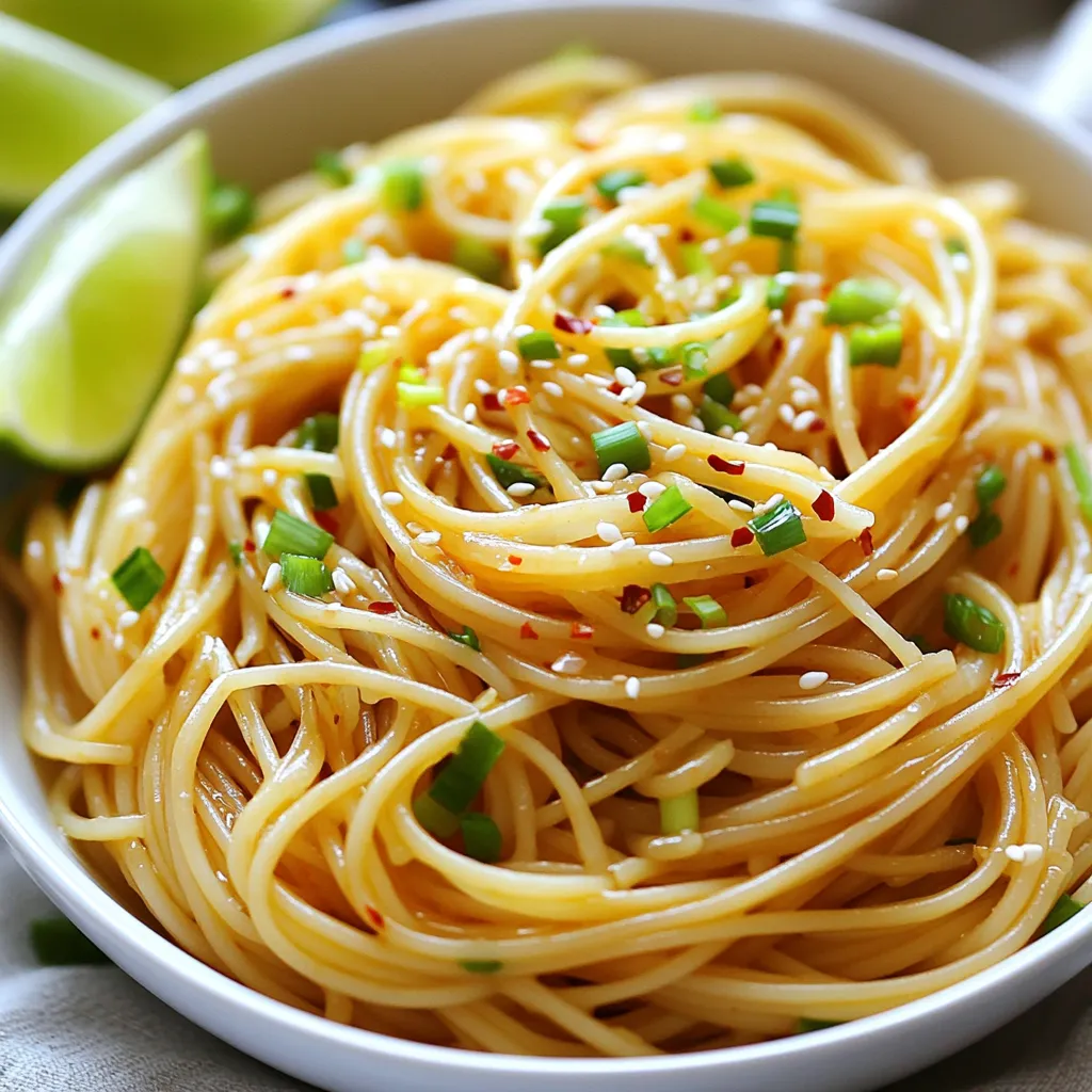 - 8 oz (225 g) spaghetti or rice noodles - 4 tablespoons olive oil - 6 cloves garlic, finely minced - 1 teaspoon red pepper flakes (more or less as desired) - 2 tablespoons soy sauce or tamari - 1 tablespoon pure maple syrup - 1 tablespoon toasted sesame oil - 4 green onions, chopped finely - 1 tablespoon sesame seeds - Fresh cilantro leaves for garnish (optional) - Lime wedges for serving The main ingredients are simple yet packed with flavor. You can use either spaghetti or rice noodles. I love the texture of rice noodles, but spaghetti works great too. Olive oil forms the base of the dish. It gives a rich taste when you sauté garlic. Speaking of garlic, you’ll use six cloves. This amount really gives the dish its signature flavor. The heat from red pepper flakes adds a little kick. You can adjust this based on your taste. If you like it spicy, add more! Next, we have the sauces and sweeteners. Soy sauce or tamari brings umami and depth. Pure maple syrup adds a slight sweetness that balances the saltiness. Don’t skip the toasted sesame oil—it adds a nutty aroma that ties everything together. For garnishing, I suggest finely chopped green onions. They add a fresh crunch. A sprinkle of sesame seeds gives a nice touch. Fresh cilantro leaves can brighten the dish, but it’s optional. Lastly, lime wedges bring a zesty punch. They elevate the flavors and make each bite exciting! {{ingredient_image_2}} To start, you need to cook the noodles. You can use either spaghetti or rice noodles. Bring a large pot of salted water to a boil. Add the noodles and cook them according to the package instructions. Look for them to be al dente. When they are ready, drain them well. Rinse the noodles under cold water. This stops the cooking process and helps them cool down. Set the noodles aside; they will soak up all the flavors later. Next, it's time to sauté the garlic. Grab a large skillet or wok and heat the olive oil over medium heat. Once the oil is hot, add the finely minced garlic and red pepper flakes. Stir them constantly for about two minutes. This helps the garlic become fragrant and turn a light gold. Keep an eye on it; burnt garlic can ruin your dish. Now, let's bring in the sauces. Lower the heat slightly. Pour in the soy sauce, pure maple syrup, and toasted sesame oil. Stir well to blend everything together. Cook this mixture for one to two minutes. You want the flavors to meld and the aroma to fill your kitchen. This step is key for that rich garlic taste. Next, it’s time to add the noodles. Gently fold the cooked noodles into the garlic sauce. Make sure they are coated evenly. Toss them lightly to combine everything. Continue to cook for two to three minutes. This warms the noodles and lets them soak in that tasty sauce. Finally, let’s finish off the dish. Remove the skillet from heat. Stir in the finely chopped green onions. Sprinkle sesame seeds over the top for that extra crunch. Serve the noodles in individual bowls. For a bright touch, add fresh cilantro and lime wedges on the side. These not only look great but add a zesty kick. Use colorful bowls to make the dish pop even more. Enjoy your meal! Tips for Achieving Al Dente Texture To cook noodles just right, start with a large pot of salted water. Bring it to a rolling boil before adding the noodles. Check the package for cooking times. I usually set a timer for a minute less than the time stated. This helps achieve that perfect al dente texture, where the noodles are cooked but still firm. Rinsing Methods After Cooking Once your noodles are done, drain them in a colander. Rinse them with cold water to stop the cooking process. This step keeps them from getting mushy. It also helps the sauce cling better to the noodles later. Modifying Spice Levels with Red Pepper Flakes If you want to add some heat, red pepper flakes are your friend. Start with a teaspoon, then taste the sauce. You can always add more if you like it spicy. Just remember, a little goes a long way! Substitutes for Soy Sauce Don’t have soy sauce? No problem! You can swap it out for tamari or coconut aminos. Both options work well and keep the flavors rich. Each gives a slightly different taste, so try them to see what you like best. Making Ahead for Busy Days You can make vegan garlic noodles ahead of time. Just follow the recipe and store them in an airtight container. They last in the fridge for up to three days. Great for busy week nights! Reheating Instructions for Leftovers When you want to eat leftovers, reheat them in a skillet over medium heat. Add a splash of water or a bit more olive oil to keep them moist. Stir often until they are heated through. This keeps them tasty and avoids sticking. Pro Tips Use Fresh Garlic: Freshly minced garlic adds a robust flavor compared to pre-minced versions or garlic powder, elevating your dish. Adjust Spice Level: Feel free to modify the amount of red pepper flakes to suit your heat preference, ensuring the noodles are just right for you. Experiment with Noodles: While spaghetti works well, try other noodles like udon or soba for a unique twist on texture and flavor. Garnish Generously: Don't skimp on green onions and cilantro; they add freshness and color that enhances both the taste and presentation. {{image_4}} You can make vegan garlic noodles even better by adding veggies. Spinach and bok choy work great. They cook quick and add nice color. Stir in a handful of fresh spinach at the end. It wilts fast and adds nutrition. Bok choy gives a crunchy bite. Just chop it up and toss it in when you add the noodles. Protein is important too. Tofu is a popular choice. Firm tofu holds its shape well. Cut it into cubes and sauté it before adding the garlic. It gets a crispy edge and soaks up all the flavor. For a gluten-free meal, swap out your noodles. Rice noodles are a great option. They are light and easy to find. Just check the package for cooking times. You’ll also need a gluten-free soy sauce. Tamari works well here. It tastes very similar to regular soy sauce. This keeps your dish full of flavor while being gluten-free. Fresh herbs can really boost the taste. Try adding basil or cilantro on top. They add a pop of freshness. Just chop them finely and sprinkle them over the noodles when serving. You can also swap out the oils. While olive oil is a classic choice, sesame oil adds a nutty flavor. Use a mix of both for a taste twist. Try using different oils to explore new flavors. - Let the vegan garlic noodles cool down. - Place them in a tight container. - Use glass or plastic containers that seal well. - Keep them in the fridge. These noodles stay fresh for 3 to 5 days. Make sure to label your container with the date. This helps you know when to eat them. - To freeze, let the noodles cool completely. - Spread them on a baking sheet in a single layer. - Freeze them for about an hour. - Once frozen, put them in a freezer-safe bag. This stops them from sticking together. For reheating, thaw overnight in the fridge. You can also use the microwave. Heat them in short bursts, stirring in between. - Vegan garlic noodles last in the fridge for about 5 days. - When frozen, they can last up to 3 months. Signs of spoilage include a bad smell or mold. If they look slimy, it’s best to toss them. Always trust your senses when checking food freshness. Vegan garlic noodles are a simple, tasty dish. They use spaghetti or rice noodles, garlic, and sauce. The sauce has soy sauce, maple syrup, and sesame oil. You also add red pepper flakes for spice. This meal is quick to make and full of flavor. Yes, you can prepare them ahead of time. Cook the noodles and sauce separately. Store them in the fridge for up to three days. When ready to eat, heat them in a skillet. Add a splash of water to keep them moist. Both spaghetti and rice noodles work well. Spaghetti has a chewy texture and holds sauce nicely. Rice noodles are light and absorb flavors well. Choose based on your taste or diet needs. This recipe may contain allergens. Soy sauce has soy, which some people avoid. Maple syrup is safe for most but may concern those with sugar issues. Always check labels for gluten in soy sauce. In this blog post, I shared a simple guide to making delicious vegan garlic noodles. We explored key ingredients like noodles, sauces, and garnishes. You learned step-by-step instructions for preparing and cooking, along with helpful tips for the best results. I also covered variations and storage advice to keep your meal fresh. With this knowledge, you can create tasty vegan garlic noodles that impress. Enjoy experimenting and customizing your dish to fit your taste!