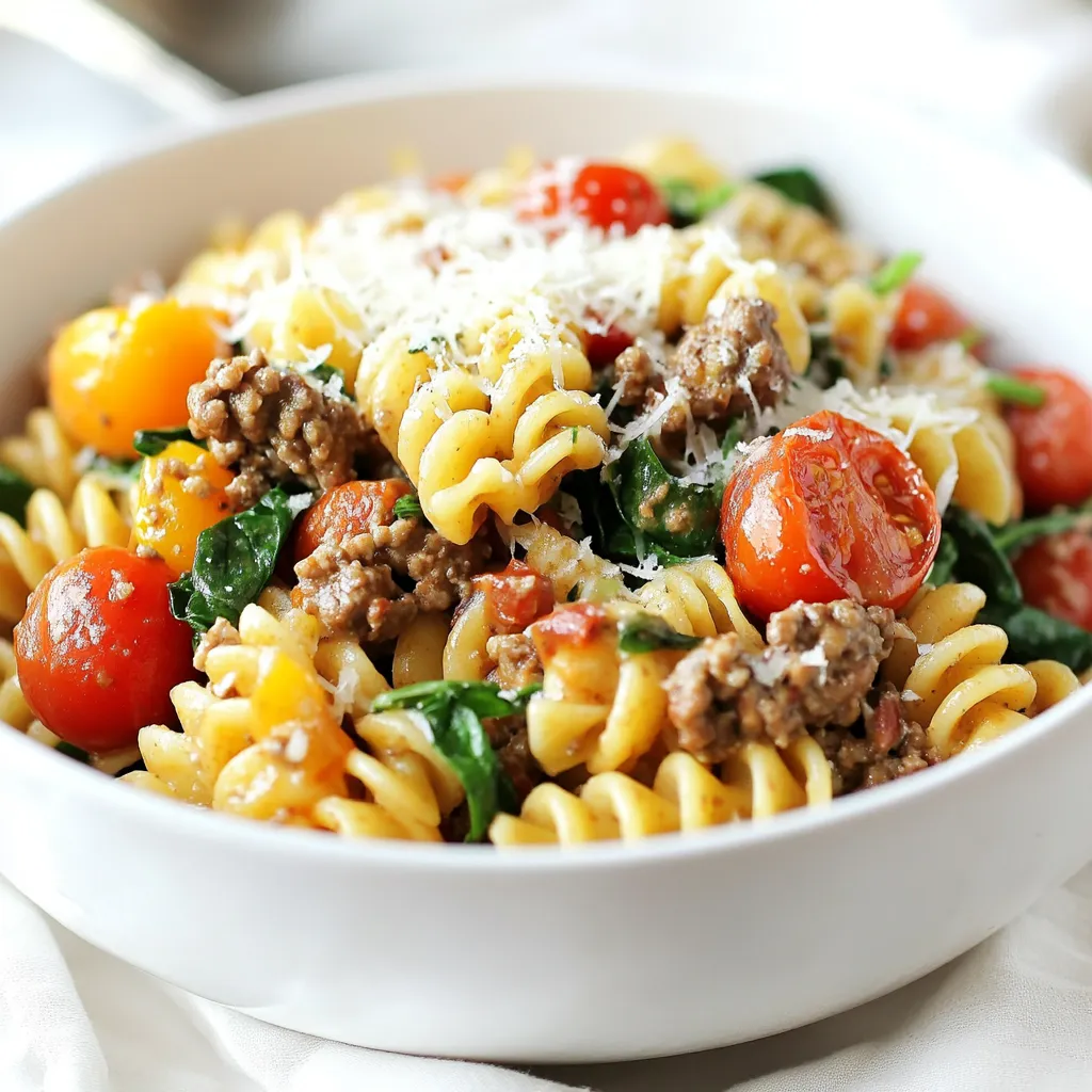 - 8 oz whole wheat pasta - 1 lb lean ground beef - 1 cup low-sodium beef broth - 1 cup cherry tomatoes, halved - 1 cup fresh spinach - 1 medium onion, diced - 3 cloves garlic, minced - 1 teaspoon dried oregano - 1 teaspoon dried basil - Salt and pepper to taste - 1 tablespoon olive oil - Grated Parmesan cheese for serving The main ingredients in this dish are simple yet packed with flavor and nutrients. Whole wheat pasta gives you fiber and keeps you full. Lean ground beef adds protein. Cherry tomatoes and spinach bring freshness and color. For aromatics, I use diced onion and minced garlic. They create a savory base for the dish. The dried oregano and basil add a nice Italian touch. You can adjust the salt and pepper to fit your taste. A bit of olive oil helps everything come together. Finally, you’ll want to top your dish with grated Parmesan cheese. It adds a rich, creamy finish that makes this meal even better. Enjoy the process of cooking and the delicious meal you’ll create! {{ingredient_image_2}} - Cook the whole wheat pasta according to package instructions. - Aim for an al dente texture to keep the pasta firm and chewy. - Heat olive oil in a large skillet over medium heat. - Add the diced onion and sauté until it becomes soft, about 3-5 minutes. - Next, add minced garlic and lean ground beef. Cook until browned, around 5-7 minutes. - Stir in dried oregano and basil for depth. - Add halved cherry tomatoes and beef broth to the skillet. - Bring the mixture to a gentle simmer, then add fresh spinach. - Season the mixture with salt and pepper to taste. - Gently fold the cooked pasta into the beef mixture, ensuring even coverage. - Remove the skillet from heat once everything is heated through. - Serve hot, garnished with grated Parmesan cheese for extra flavor. To get the best al dente pasta, cook it according to the package. Check the pasta a minute before the time is up. It should be firm yet tender. Drain it, but save a little pasta water for later. This water helps the sauce stick. For browning beef evenly, use a wide skillet. Heat the olive oil over medium heat. Break the beef into smaller pieces as it cooks. This way, it cooks evenly and gets that nice brown color. Using fresh herbs adds a bright taste. Fresh oregano and basil can lift your dish. If you use dried herbs, add them earlier. They release more flavor when cooked longer. Red pepper flakes bring a spicy kick. Start with a pinch if you’re unsure. You can always add more later to suit your taste. For serving, use colorful bowls for your pasta. It makes the meal more inviting. Plate the pasta in individual bowls for a fancy touch. Sprinkle extra Parmesan and fresh spinach leaves on top. This adds color and makes the dish pop. Pro Tips Use Lean Beef: Opt for lean ground beef to keep the dish high in protein while minimizing excess fat, making it a healthier option. Customize Your Greens: Feel free to substitute spinach with other leafy greens like kale or arugula for different flavors and nutrients. Perfect Pasta Texture: Cook the pasta to al dente for the best texture, ensuring it holds up well when mixed with the sauce. Flavor Boost: Add a splash of red wine or balsamic vinegar to the beef mixture for an extra layer of flavor that elevates the dish. {{image_4}} If you want to make this dish gluten-free, choose gluten-free pasta. Many brands offer great options that taste good. You can also use zucchini noodles for a low-carb choice. Zucchini noodles are easy to make. Just spiralize fresh zucchini for a fun twist. Try using ground turkey or chicken instead of beef. These meats are leaner and still tasty. You can also mix in different veggies to add color and flavor. Bell peppers and zucchini work well. They add crunch and freshness to your meal. To give your dish more flavor, experiment with different cheeses. Try mozzarella or feta for a new taste. Adding a splash of red wine can also deepen the flavor. Just a little can make your sauce richer and more complex. How long will it keep in the fridge? You can store High Protein Beef Pasta in the fridge for up to three days. After that, the taste and texture might change. Best storage containers for preserving freshness Use airtight containers to keep the pasta fresh. Glass or BPA-free plastic works best. Label the containers with the date for easy tracking. Instructions for freezing pasta with beef To freeze, let the pasta cool completely. Portion it into freezer-safe bags or containers. Make sure to remove as much air as possible before sealing. Tips for reheating frozen meals When ready to eat, thaw the pasta in the fridge overnight. Reheat it in a skillet over low heat, adding a splash of beef broth or water to keep it moist. Proper cooling techniques Let the pasta cool at room temperature for no more than two hours. This helps prevent bacteria growth. Keeping leftovers safe and tasty Keep leftovers in the fridge or freezer promptly. Avoid leaving food out for long. Always reheat until hot before serving. To make this dish gluten-free, use gluten-free pasta. You can find options made from rice, quinoa, or chickpeas. These alternatives cook similarly to regular pasta but offer a different taste. Be sure to check the package for cooking times. Yes, you can prepare this meal in advance. Cook the pasta and beef mixture separately. Store them in airtight containers in the fridge for up to three days. When you are ready, simply combine and heat until warm. Salads and veggies make great sides. A simple green salad with lemon vinaigrette balances the meal. Roasted asparagus or steamed broccoli also adds color and nutrients. These sides will enhance the meal's overall appeal. This recipe is perfect for meal prep. Portion the pasta and beef mixture into containers. Use clear containers for easy viewing. When reheating, add a splash of broth to keep the dish moist. You can add more protein sources to this dish. Consider mixing in beans, lentils, or extra lean turkey. Topping the pasta with a fried egg also boosts protein. Cheese, like cottage cheese or ricotta, adds creamy texture and flavor. This blog post detailed an easy, healthy beef pasta recipe. You learned about the main ingredients and their roles. I shared simple steps to cook the dish perfectly. You also found tips for flavor, storage, and meal prep options. In final thoughts, this recipe is versatile and delicious. Feel free to adjust it to fit your needs. Enjoy making this dish and share it with family and friends!