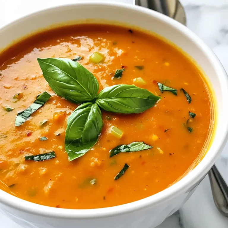 To make creamy tomato soup, you need simple and fresh ingredients. Here's what you will need: - 4 large ripe tomatoes, roughly chopped - 1 medium onion, diced - 2 cloves garlic, finely minced - 1 medium carrot, diced - 1 celery stalk, diced - 1 cup vegetable broth - 1 cup coconut milk - 2 tablespoons extra virgin olive oil - 1 teaspoon dried basil - ½ teaspoon sugar - Salt and freshly cracked black pepper to taste - Fresh basil leaves for garnish These ingredients come together to create a rich and comforting soup. The ripe tomatoes provide sweetness, while the coconut milk adds creaminess. Each bite bursts with flavor and warmth. You can easily find these items at your local store or farmer's market. Fresh herbs enhance the taste, so feel free to use the best quality ingredients you can find. Enjoying this soup can be a cozy experience, especially with a good piece of bread on the side! {{ingredient_image_2}} 1. First, grab a large pot. Heat 2 tablespoons of extra virgin olive oil over medium heat. You want it hot enough to sizzle. 2. Next, add 1 medium diced onion and 2 cloves of finely minced garlic. Stir them often for about 2 minutes. You will smell the garlic begin to cook. 3. Now, add 1 medium diced carrot and 1 diced celery stalk. Keep stirring for about 5 to 7 minutes. The goal is to make all the vegetables tender and a bit caramelized. 1. Time to add the star ingredients! Toss in 4 large ripe tomatoes, roughly chopped. Follow this with 1 teaspoon of dried basil and ½ teaspoon of sugar. The sugar helps balance the acidity of the tomatoes. 2. Stir everything well to mix the flavors. Let the mixture cook for about 5 minutes. You will notice the tomatoes start to soften and release their juices. 1. Pour in 1 cup of vegetable broth. Bring the mixture to a rolling boil. Once it boils, lower the heat and let it simmer uncovered for 15 minutes. This helps all the flavors come together. 2. After simmering, it’s time to blend! Use an immersion blender to blend the soup until smooth. If you don’t have one, carefully transfer the soup to a countertop blender in batches. 3. Once blended, return the soup to the pot. Stir in 1 cup of creamy coconut milk. Season with salt and freshly cracked black pepper to taste. 4. Let the soup simmer for another 5 minutes. This warms it up and blends the flavors perfectly. 5. Finally, remove the pot from heat. Serve it hot, garnished with torn fresh basil leaves for that lovely aroma. To get that perfect smooth texture, I love using an immersion blender. It makes blending easy and keeps the soup warm. If you don’t have one, a countertop blender works too. Just be careful when transferring hot soup. If your soup is too thick, add more vegetable broth. This will help you reach your desired consistency. Adding spices can take your soup to the next level. Try some fresh herbs like thyme or a pinch of red pepper flakes for heat. A little sugar balances the acidity of the tomatoes. This tiny step makes a big difference in flavor. For a beautiful finish, swirl some coconut milk on top of each bowl. It adds creaminess and looks stunning! You can also serve the soup with crusty bread for dipping. It makes for a comforting meal that warms your soul. Pro Tips Use Fresh Tomatoes: For the best flavor, select ripe, in-season tomatoes. They will give your soup a vibrant and rich taste. Balancing Acidity: If your tomatoes are particularly acidic, feel free to add a bit more sugar or even a pinch of baking soda to mellow it out. Texture Variations: For a chunkier soup, reserve some of the sautéed vegetables before blending and stir them back in after pureeing. Serving Suggestions: Pair the soup with a side of garlic bread or a simple green salad for a complete and satisfying meal. {{image_4}} You can easily make this soup vegan and gluten-free. To replace the coconut milk, use almond or oat milk. Both will give a nice creamy texture. Be sure to choose unsweetened versions for a better taste. For a gluten-free soup, check that your vegetable broth is gluten-free. Many store-bought broths are safe, but always read the label. If you can’t find fresh tomatoes, canned tomatoes work great. They save time and still taste good. Just use about two 14-ounce cans. You can also toss in other veggies like bell peppers or zucchini. This adds extra flavor and nutrients to your soup. Feel free to mix and match based on what you have at home. Herbs can change the soup's taste a lot. Using thyme or oregano can add a lovely earthiness. If you like some heat, add red pepper flakes. Start with a pinch and taste as you go. This way, you control how spicy it gets. Each variation lets you explore new flavors, making this soup a fun dish to customize. After making your creamy tomato soup, let it cool down. Pour the soup into an airtight container. Glass or BPA-free plastic containers work best. This keeps the soup fresh and prevents spills. Make sure to store it in the fridge right away. You can enjoy the leftovers within three days. To freeze creamy tomato soup, allow it to cool completely. Pour the soup into freezer-safe bags or containers. Leave some space at the top, as the soup will expand. Seal them tightly and label them with the date. When you want to enjoy it, take the soup out of the freezer. Thaw the soup in the fridge overnight. Reheat it on the stove or in the microwave until hot. In the fridge, your creamy tomato soup lasts about three days. If you freeze it, it will stay good for up to three months. Always check for any off smells or changes in texture before eating. This ensures you enjoy the best soup every time! Yes, you can use other types of milk. Almond milk gives a nutty taste. Cashew milk adds creaminess but is less strong. Regular cow's milk works well too. Each choice changes the soup's flavor and texture slightly. Adjust the salt, as some milks are saltier than others. You can add veggies like spinach or kale. These greens boost vitamins and iron. Legumes, such as lentils or beans, add protein and fiber. Carrots and celery already provide some nutrients. You can also toss in some zucchini for extra texture and health benefits. Absolutely! You can make the soup and store it. Let it cool first, then place it in a container. It stays fresh in the fridge for up to four days. For longer storage, freeze it for up to three months. Just thaw it in the fridge, then reheat before serving. In this blog post, we explored a creamy tomato soup recipe. We noted the fresh ingredients like ripe tomatoes, garlic, and coconut milk. I shared step-by-step instructions to create a delicious base. Tips for consistency and flavor helped enhance your dish. Variations let you customize it to fit your taste. Remember these storage tips to save your soup for later. Enjoy making this soup for yourself or loved ones, and don’t hesitate to experiment with flavors! Your taste buds will thank you.
