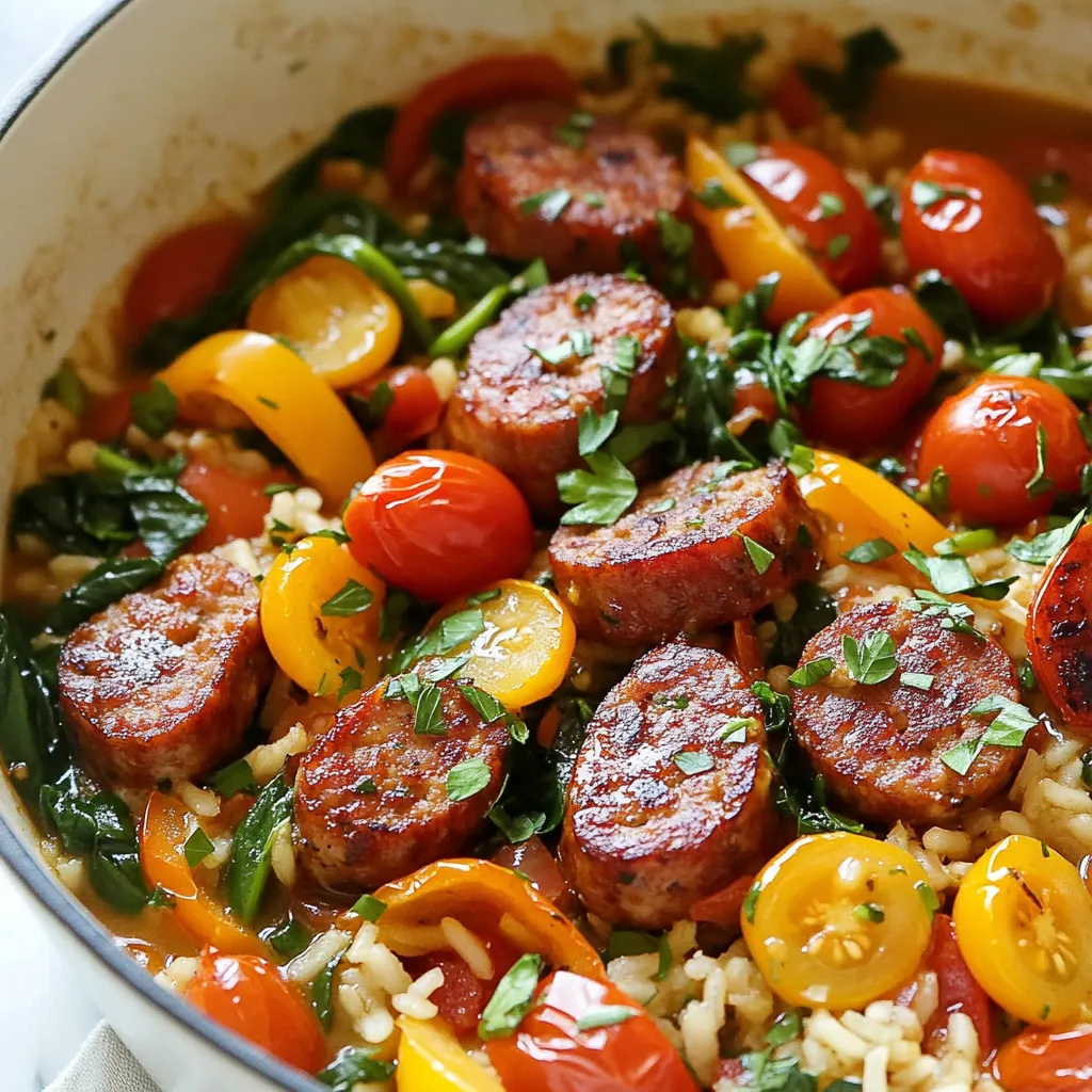 - 1 lb smoked sausage, sliced into rounds - 1 cup bell peppers (a mix of red, yellow, and green), diced - 1 medium onion, finely chopped - 2 cups fresh baby spinach - 2 cloves garlic, minced - 1 cup cherry tomatoes, halved - 1 cup vegetable broth or chicken broth - 1 cup long-grain rice - 1 teaspoon smoked paprika - 1 teaspoon dried oregano - Salt and pepper to taste - 2 tablespoons extra virgin olive oil - Fresh parsley, chopped, for garnish You will need a mix of fresh and flavorful ingredients for this dish. The smoked sausage adds a rich taste that pairs well with the sweetness of bell peppers and the earthiness of spinach. The garlic and onion bring depth to each bite. When choosing your broth, both vegetable and chicken work well. The rice absorbs all the wonderful flavors. The smoked paprika and oregano enhance the dish with a warm, comforting taste. Don't forget salt and pepper for balance. Finally, a drizzle of olive oil and a sprinkle of parsley will brighten your meal. This simple yet tasty dish uses ingredients that you can easily find in your local store. Enjoy crafting this one-pot wonder! {{ingredient_image_2}} - Heat olive oil in a pot or Dutch oven. - Sauté smoked sausage until golden brown. First, I heat the olive oil in a pot over medium heat. I let it warm for about 1-2 minutes. Then, I add the sliced smoked sausage. I sauté it for around 5 minutes. I want it to get a nice golden-brown color. This step adds great flavor to the dish. - Add onion, bell peppers, and garlic. - Sauté until vegetables soften. Next, I add the chopped onion, diced bell peppers, and minced garlic to the pot. I let them cook for about 4-5 minutes. I stir occasionally until the vegetables soften. The onions should become translucent. This step makes the dish fragrant and tasty. - Add cherry tomatoes, smoked paprika, and oregano. - Stir in broth and rice. Now, I introduce the halved cherry tomatoes, smoked paprika, and dried oregano. I season with salt and pepper. I mix everything well until combined. Then, I pour in the broth and add the long-grain rice. I stir thoroughly to ensure the rice spreads out evenly in the mixture. - Bring mixture to a boil. - Cover and simmer until rice is tender. I increase the heat and bring the mixture to a boil. Once it bubbles, I reduce the heat to low. I cover the pot with a lid and let it simmer for about 20 minutes. I want the rice to be tender and soak up most of the liquid. - Fold in baby spinach. - Garnish and serve. After cooking, I remove the pot from the heat. I gently fold in the baby spinach. It wilts down nicely into the warm medley. Finally, I dish out the savory mix onto plates or bowls. I garnish each serving with fresh parsley for a pop of color and flavor. Enjoy your meal! - Use a heavy-bottomed pot for even cooking. - Adjust seasoning to enhance flavors. A heavy pot spreads heat well. This helps food cook evenly and reduces burning. I always choose my trusty Dutch oven for this dish. Seasoning is key to great taste. Start with salt and pepper, then adjust as needed. You can add more smoked paprika for a deeper flavor. - Pair with a side salad or crusty bread. - Use as meal prep for the week. Serving this dish with a fresh salad brightens the meal. A crusty bread is perfect for soaking up the yummy broth. This One Pot Smoked Sausage Dinner is great for meal prep. You can easily store it in portions for quick lunches. - Opt for turkey sausage for a lighter version. - Substitute quinoa for rice for extra protein. Turkey sausage cuts back on fat but keeps the flavor. It's a smart swap if you want a lighter meal. Quinoa packs in protein and fiber. It cooks well in this dish and adds a nutty taste. Pro Tips Use High-Quality Sausage: Selecting a good quality smoked sausage can elevate the flavor of your dish significantly. Look for sausages made with natural ingredients and minimal fillers. Adjust Spice Levels: If you prefer a spicier kick, consider adding a pinch of cayenne pepper or red pepper flakes to the sautéed vegetables for extra heat. Vegetable Variations: Feel free to customize the vegetable mix according to your preference. Zucchini, mushrooms, or even corn can be wonderful additions to this medley. Let it Rest: After removing the pot from heat, let the dish sit covered for a few minutes before serving. This allows the flavors to meld together beautifully. {{image_4}} You can switch up the sausage for different types. Try chicken or turkey sausage for a lighter touch. You can also use spicy sausage if you crave more heat. Seasonal vegetables are a great addition too. Use zucchini in summer or butternut squash in fall. Mixing in these fresh veggies adds flavor and color. To boost the taste, add crushed red pepper for a kick. Just a pinch can change the whole dish. Fresh herbs like thyme or rosemary also work well. They add depth and a lovely aroma that fills your kitchen. Experiment with what you love to make this dish your own. If you want a meatless meal, swap out the sausage for plant-based sausage. This keeps the dish hearty while cutting out meat. You can also increase the veggies to make it filling. Try adding mushrooms, carrots, or even sweet potatoes for extra flavor. This way, you get a colorful, wholesome meal without losing taste. To keep your One Pot Smoked Sausage Dinner fresh, store any leftovers in an airtight container. This helps prevent spoilage and keeps flavors intact. Consume within 3-4 days for best quality. If you wait longer, the taste may suffer. If you want to save some for later, cool the dish completely before freezing. This step is key to avoid ice crystals. Store in freezer-safe containers for up to 3 months. Label the containers with the date to keep track of how long they’ve been in the freezer. When it's time to eat again, reheat your dish on the stovetop or in the microwave. If the rice seems too dry, add a splash of broth. This will help revive the dish and keep it moist. Enjoy your tasty meal just like it was fresh! Yes, it's perfect for meal prep. You can cook it ahead of time. Store it in the fridge. This way, you have a quick meal ready to go. A green salad or steamed vegetables work well. They add freshness and balance. You could also serve it with crusty bread for a hearty meal. Add jalapeños or chili flakes to the mix. You can start with a small amount. Taste it as you go to find the right heat for you. Yes, ensure that the broth and sausage are gluten-free. Check labels on your ingredients. This way, everyone can enjoy the meal. Yes, but adjust the cooking time as brown rice takes longer to cook. You might need to add a bit more broth too. Just keep an eye on it while it simmers. This blog post shared a simple and tasty One Pot Smoked Sausage Dinner. I walked you through the main ingredients, cooking steps, and tips for the best meal prep. You learned how to make it your own with ingredient swaps and flavor changes. Remember, you can store leftovers easily and reheat them when needed. This meal is quick, versatile, and satisfying. Get creative and enjoy every bite!