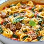 - 12 oz cheese tortellini (fresh or frozen) - 1 lb Italian sausage (mild or spicy) - 1 medium onion, finely diced - 1 red bell pepper, diced - 2 cloves garlic, minced - 1 teaspoon dried oregano - 1 teaspoon dried basil - ½ teaspoon red pepper flakes (optional) - Salt and pepper to taste - 2 cups baby spinach - 1 can (15 oz) diced tomatoes, undrained - 1 cup chicken broth - 2 tablespoons olive oil - ¼ cup grated Parmesan cheese - Fresh basil leaves for garnish To create a hearty one pan tortellini with sausage, gather these simple ingredients. The cheese tortellini adds a touch of creaminess. You can choose mild or spicy Italian sausage based on your preference. The diced onion and red bell pepper bring color and sweetness to the dish. For the seasonings, garlic, dried oregano, and basil give it that classic Italian flavor. Adding red pepper flakes can spice things up if you like heat. Don't forget salt and pepper to enhance all the flavors. Finally, for that finishing touch, consider garnishing your dish with grated Parmesan cheese and fresh basil leaves. This adds both flavor and a nice visual appeal. {{ingredient_image_2}} First, heat two tablespoons of olive oil in a large skillet over medium heat. Add one pound of Italian sausage to the pan. Use a wooden spoon to break the sausage into small pieces. Cook for about five to seven minutes. You want the sausage to brown and cook all the way through. If there is excess grease, carefully drain it from the pan. Next, add one medium onion, finely diced, and one diced red bell pepper to the pan. Stir them in with the sausage. Cook for about five minutes. The onion should turn clear, and the bell pepper should get soft. After that, add two minced cloves of garlic. Sauté for one more minute, until the garlic smells good. Now, it’s time to mix in more ingredients. Pour in one can of diced tomatoes, with all the juice, and one cup of chicken broth. Add one teaspoon of dried oregano, one teaspoon of dried basil, and a half teaspoon of red pepper flakes if you like heat. Season with salt and pepper to taste. Stir well and bring everything to a gentle simmer. Once simmering, carefully add 12 ounces of cheese tortellini to the pan. Make sure they are submerged in the liquid. Cover the skillet and cook for eight to ten minutes, or follow the tortellini package instructions. They should be tender and fully cooked. After the tortellini are cooked, gently fold in two cups of baby spinach. Cook for one to two minutes until the spinach is bright green and wilted. For extra flavor, you can sprinkle grated Parmesan cheese on top before serving. - Ensuring the sausage is fully browned: Start by heating olive oil in your pan. Add the sausage and break it apart. Cook it for about 5-7 minutes. Look for a nice, brown color. This adds flavor and texture to your dish. - Tips for cooking tortellini perfectly: When adding tortellini, make sure the liquid is simmering. This helps them cook evenly. Follow the package instructions for timing. You want them soft but not mushy. - Suggested additions for extra flavor: You can add some chopped sun-dried tomatoes or olives for extra punch. A splash of balsamic vinegar can also enhance the taste. These small changes make a big difference. - Using fresh herbs vs dried: Fresh herbs like basil or parsley give a bright taste. If you use dried herbs, remember they are more potent. Use less than you would of fresh. Both options can elevate your dish. - Serving directly from the pan: Keep it simple by serving from the pan. This makes for a rustic and inviting meal. It saves on dishes and adds a homey feel. - Creative garnishing tips: A sprinkle of Parmesan cheese on top makes it look fancy. Add fresh basil leaves for color. You can even drizzle some olive oil over the top for a touch of elegance. Pro Tips Choose Your Sausage: Select between mild or spicy Italian sausage based on your heat preference. Spicy sausage will add a nice kick to the dish! Fresh vs. Frozen Tortellini: Fresh tortellini cooks faster than frozen, so adjust your cooking time accordingly if using frozen to ensure perfect texture. Boost the Flavor: For an extra layer of flavor, add a splash of white wine when sautéing the sausage and vegetables. Let it reduce before adding other ingredients. Perfectly Wilted Spinach: Add the spinach at the end of cooking to keep it vibrant and prevent it from overcooking, ensuring it retains its nutrients and color. {{image_4}} You can switch up the proteins in this dish. Chicken, turkey, or even vegetarian sausage work well. Each alternative brings a new flavor and texture. For veggies, try adding zucchini or mushrooms. These choices add depth and nutrients. You can mix and match to suit your taste. If you need gluten-free options, look for gluten-free tortellini. Many brands offer this choice now. For a dairy-free version, simply skip the cheese. You can still enjoy a tasty dish without it. Use plant-based cheese if you want a similar flavor and texture. Want more heat? Add red pepper flakes to spice things up. Adjust the amount based on your preference. You can also try different herbs. Fresh thyme or rosemary can add a nice twist. Experiment with spices to find what you love best. Store any leftovers in an airtight container. Let the dish cool down first. Place it in the fridge within two hours. It will stay fresh for about 3 to 4 days. When ready to eat, check for any off smells or changes in texture. To freeze this meal, use a freezer-safe container. Ensure it cools completely before sealing. You can freeze it for up to three months. Label the container with the date. For best results, avoid freezing the tortellini if it's cooked to al dente. This helps keep its texture. For reheating, you have two main options: microwave or stovetop. - Microwave: Place a portion in a microwave-safe dish. Cover it with a lid or a damp paper towel. Heat for 1 to 2 minutes, stirring halfway through. - Stovetop: Use a skillet over medium heat. Add a splash of water or broth to keep it moist. Stir until heated through, about 5 minutes. Choose the method that works best for you! You can use either fresh or frozen tortellini. Fresh tortellini cooks faster, taking about 3-5 minutes. Frozen tortellini usually needs 8-10 minutes to cook. Both options are tasty, so choose what you prefer. Fresh gives a softer bite, while frozen offers convenience. Yes, this dish is great for meal prep. You can cook it and store it in the fridge for up to three days. Just let it cool before putting it in an airtight container. To reheat, warm it on the stove over low heat. Add a splash of broth if it seems dry. Absolutely! To make it vegetarian, swap the sausage for plant-based sausage or use mushrooms for a meaty texture. You can also add more veggies like zucchini or bell peppers. Adjust the seasonings to keep the flavor rich and delicious. This way, everyone can enjoy the meal! This blog post covered how to make a delicious tortellini dish. We explored key ingredients like cheese tortellini, Italian sausage, and fresh veggies. You learned step-by-step cooking instructions and helpful tips for a great flavor. We also considered various ingredient substitutions and storage options. Making this dish gives you room to customize and enjoy. There’s no wrong way to create your perfect bowl of tortellini. Use these ideas to make it your own!