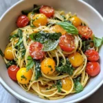 - 8 oz whole wheat spaghetti - 2 cups fresh spinach, thoroughly washed and roughly chopped - 2 cups cherry tomatoes, halved - 3 cloves garlic, finely minced - 1/4 cup extra virgin olive oil - 1 teaspoon red pepper flakes (adjust for heat preference) - 1/4 cup fresh basil leaves, chopped - 1/4 cup grated Parmesan cheese (optional, for serving) - Zest of 1 lemon (freshly grated) For this Spinach Tomato Pasta, I love using whole wheat spaghetti. It adds a nice, nutty flavor. Fresh spinach is a must; it wilts down perfectly and brings a vibrant color. Cherry tomatoes burst with juice, adding sweetness to the dish. Garlic is my go-to aromatic. It brings depth and a lovely scent. Extra virgin olive oil not only helps sauté but also adds a fruity taste. Red pepper flakes give the pasta a nice kick. You can adjust this to your heat preference. For garnishes, I love fresh basil. It adds a bright note that pairs well with the tomatoes. If you want more richness, sprinkle some grated Parmesan cheese on top. A touch of lemon zest brightens the dish and makes it vibrant. Each ingredient plays a role in making this pasta simple yet flavorful. {{ingredient_image_2}} 1. Start by bringing a large pot of salted water to a boil. 2. Add 8 oz of whole wheat spaghetti. Cook it according to the package instructions, about 8-10 minutes until it is al dente. 3. Before draining, reserve about 1/2 cup of the starchy pasta water. Drain the spaghetti and set it aside. 1. In the same pot, heat 1/4 cup of extra virgin olive oil over medium heat. 2. Once the oil is hot, add 3 cloves of minced garlic. Sauté for about 1 minute. Stir it all the time. This keeps the garlic from burning. 1. Add 2 cups of halved cherry tomatoes to the pot. Cook them for about 5-7 minutes. Stir occasionally. The tomatoes will blister and soften, releasing their juices. 2. Next, add 2 cups of chopped spinach, 1 teaspoon of red pepper flakes, 1/2 teaspoon of salt, and 1/2 teaspoon of black pepper. Sauté for another 2-3 minutes. Stir until the spinach wilts and mixes well with the tomatoes. 1. Now, gently add the drained spaghetti back into the pot. 2. Slowly add the reserved pasta water, tossing the pasta with the sauce. This creates a light sauce that coats the spaghetti nicely. 1. Stir in 1/4 cup of chopped fresh basil and the zest of 1 lemon. Taste and adjust the seasoning if you like. 2. If you want, sprinkle with 1/4 cup of grated Parmesan cheese for extra flavor. 3. Serve the pasta in individual bowls. Garnish with more basil and a drizzle of olive oil for a lovely finish. - Alternatives for whole wheat spaghetti: You can use gluten-free pasta if needed. Zucchini noodles or spaghetti squash work well too. These choices keep it light and fresh. - Vegan options for Parmesan cheese: Nutritional yeast gives a cheesy flavor without dairy. Cashew cheese is another tasty choice that adds creaminess. - Tips for perfectly sautéed garlic and tomatoes: Heat the olive oil until it shimmers. Add minced garlic and stir for one minute. This keeps the garlic from burning and tasting bitter. Then, add the tomatoes and cook until they blister. - Ensuring al dente pasta: Follow the package instructions but test the pasta a minute early. It should be firm yet tender. Reserve some pasta water to help the sauce stick. - Additional herbs and spices: Try adding oregano or thyme for extra depth. A pinch of smoked paprika can add a nice kick. Fresh herbs boost the taste even more. - Serving temperature and presentation advice: Serve the pasta hot in deep bowls. Garnish with fresh basil and a drizzle of olive oil. A sprinkle of lemon zest brightens the dish and makes it look appealing. Pro Tips Fresh Spinach: Using fresh spinach instead of frozen not only enhances the flavor but also adds a vibrant color to your dish. Perfect Pasta: Make sure to cook the spaghetti al dente to achieve the perfect texture that holds up well with the sauce. Flavor Boost: For an extra flavor boost, consider adding a splash of balsamic vinegar when sautéing the tomatoes. Garnish Smart: Garnish with a squeeze of lemon juice just before serving to brighten the flavors and enhance the dish. {{image_4}} You can add protein to your Spinach Tomato Pasta easily. Grilled chicken adds great flavor and texture. Simply season the chicken and grill until cooked. Slice it and toss it on top of your pasta. If you prefer seafood, shrimp works well too. Sauté shrimp in olive oil until they turn pink and add them to your dish. For plant-based options, try chickpeas or tofu. Both options pack a protein punch and absorb flavors well. Feel free to swap in different veggies. Other leafy greens like kale or Swiss chard can replace spinach. They add similar nutrients and taste. You can also use seasonal vegetables. Bell peppers bring color and sweetness, while zucchini adds nice texture. Just slice and sauté them with the garlic and tomatoes for an extra veggie boost. If you need gluten-free options, use gluten-free pasta. Many brands offer tasty alternatives made from rice or quinoa. For lower-calorie substitutes, limit the olive oil or use less cheese. You can skip the cheese altogether and still enjoy great flavor. Adding more veggies can also help you keep the meal light. To store leftover pasta, let it cool first. Place the pasta in an airtight container. This keeps it fresh longer. You can store it in the fridge for up to three days. If you want, add a little olive oil to keep it moist. Best practices for maintaining freshness include keeping the sauce separate if possible. This helps avoid sogginess. When you store pasta with sauce, it can clump together. If you have extra toppings like cheese, keep them in a separate container. For quick reheating, you can use a microwave or a stovetop. If you choose the microwave, cover the pasta with a damp paper towel. This keeps the moisture in. Heat in short bursts, stirring in between. If you use the stovetop, add a splash of water to a pan. Heat the pasta gently over low heat. Stir often to prevent sticking. To prevent sogginess, avoid reheating on high heat. This can make your pasta mushy. Instead, use gentle heat to warm it up evenly. You can also add a splash of olive oil to revive flavor and texture. Yes, you can use frozen spinach. It is a great option when fresh spinach is not available. Frozen spinach is already cooked and chopped, which saves you time. To prepare, thaw the spinach and drain excess water. You may need to adjust the cooking time slightly. Add it to the tomatoes after they soften. This will help all the flavors blend together nicely. To add heat, you can increase the red pepper flakes. Start with one teaspoon and adjust to your taste. You can also add sliced fresh chili peppers or a dash of hot sauce. Mix these in with the garlic for a more robust flavor. Always taste your dish as you go. This way, you can find the perfect heat level for your liking. For a side dish, consider a light salad. A simple mixed greens salad with lemon dressing works well. Breadsticks or garlic bread are also tasty options to serve. For wine, try a light white wine like Pinot Grigio. It complements the fresh flavors of the pasta without overpowering them. Enjoying these pairings enhances the meal experience and brings balance to your plate. This blog post provided a clear guide to making a tasty spinach tomato pasta. We covered the main ingredients, from whole wheat spaghetti to cherry tomatoes. I shared step-by-step cooking instructions and helpful tips for flavor and texture. You learned variations like protein options and how to modify for dietary needs. In conclusion, this dish is simple, nutritious, and full of flavor. Enjoy experimenting with ingredients and creating your own version. Happy cooking!
