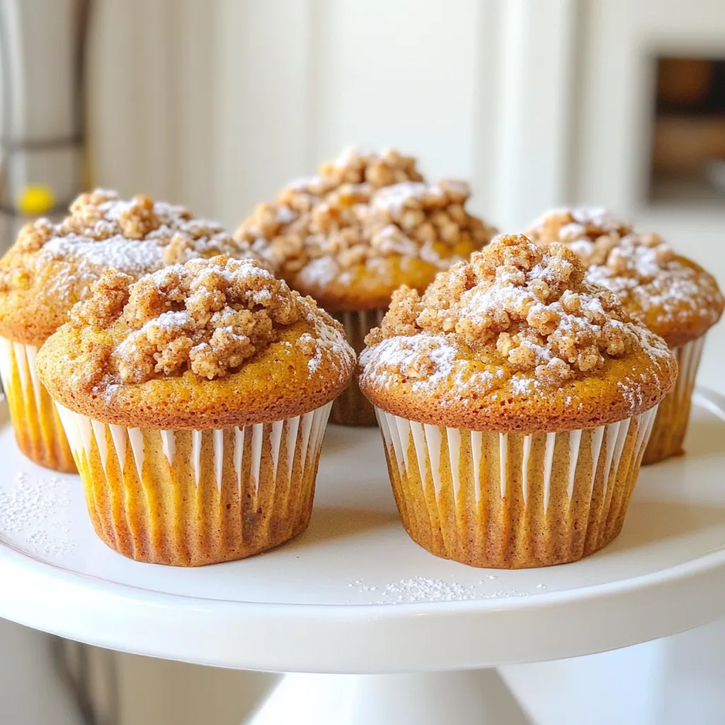 - 1 cup all-purpose flour - 1 cup whole wheat flour - 1 teaspoon baking powder - 1 teaspoon baking soda - 1 teaspoon ground cinnamon - 1/2 teaspoon ground nutmeg - 1/4 teaspoon ground ginger - 1/2 teaspoon salt For the dry ingredients, I use both all-purpose and whole wheat flour. This adds a nice texture and flavor. Baking powder and baking soda help the muffins rise. I love adding ground spices like cinnamon, nutmeg, and ginger for warmth. Don't forget salt; it enhances all the other flavors. - 1 cup canned pumpkin puree - 1 cup granulated sugar - 1/2 cup brown sugar, packed - 1/2 cup vegetable oil - 3 large eggs - 1 teaspoon vanilla extract Next, I mix the wet ingredients. Canned pumpkin puree gives moisture and flavor. Granulated sugar and brown sugar bring sweetness and depth. Vegetable oil keeps the muffins soft. I add three eggs for binding and richness. A splash of vanilla extract brightens everything up. - 1/2 cup all-purpose flour - 1/2 cup brown sugar, packed - 1/4 cup unsalted butter, softened - 1 teaspoon ground cinnamon - 1/4 cup rolled oats The streusel topping adds a lovely crunch. I combine flour, brown sugar, and butter until it’s crumbly. Ground cinnamon gives it a nice spice. Rolled oats add texture and heartiness. This topping is the best part of the muffins! Start by preheating your oven to 350°F (175°C). This temperature is key for baking. While your oven heats up, prepare your muffin tin. Use paper liners or grease it well with butter or oil. This prevents the muffins from sticking. In a medium bowl, mix 1/2 cup all-purpose flour and 1/2 cup packed brown sugar. Add in 1/4 cup softened unsalted butter and 1 teaspoon ground cinnamon. Toss in 1/4 cup rolled oats as well. Use a fork to blend until the mixture looks crumbly. You want it to feel like coarse sand. Set it aside to let the flavors combine. In a large bowl, whisk together 1 cup all-purpose flour, 1 cup whole wheat flour, 1 teaspoon baking powder, 1 teaspoon baking soda, 1 teaspoon ground cinnamon, 1/2 teaspoon ground nutmeg, 1/4 teaspoon ground ginger, and 1/2 teaspoon salt. Make sure there are no lumps. In another bowl, combine 1 cup canned pumpkin puree, 1 cup granulated sugar, 1/2 cup packed brown sugar, 1/2 cup vegetable oil, 3 large eggs, and 1 teaspoon vanilla extract. Whisk this mixture until it is smooth and creamy. Gradually fold the pumpkin mixture into the dry ingredients. Mix gently until just combined. Be careful not to overmix; a few lumps are okay. If you like, fold in 1/2 cup chopped walnuts or pecans for a nice crunch. Spoon the batter into each muffin cup, filling them about two-thirds full. This gives the muffins room to rise. Evenly sprinkle the prepared streusel topping over the batter in each muffin cup. This will create a lovely crunchy layer on top as they bake. Place the muffin tin in the preheated oven. Bake for 18-22 minutes. They are done when a toothpick inserted into a muffin comes out clean. Let the muffins cool in the tin for about 5 minutes. Then, carefully transfer them to a wire rack to cool completely. This helps keep them from getting soggy. To make your muffins light and fluffy, avoid overmixing. Mix until just combined. A few lumps in the batter are okay. This keeps the muffins soft. For ideal moisture, use fresh canned pumpkin puree. It adds a rich texture that keeps them moist. You can add chopped nuts for added crunch. Walnuts or pecans work well and bring a nice bite. Consider other spices like cloves or allspice for a warm taste. These spices add depth to your muffins. Experimenting with flavors helps you find your perfect mix. For a lovely presentation, serve warm muffins on a nice plate. You can dust them with powdered sugar or drizzle caramel sauce on top. Pair these muffins with a hot cup of coffee or tea. This combination makes a tasty snack or breakfast choice. {{image_4}} To make these muffins gluten-free, swap the all-purpose flour and whole wheat flour with gluten-free flour blends. Look for options that include rice flour or almond flour. These blends can mimic the texture of regular flour well. If you use almond flour, you may want to add a bit more baking powder to help with the rise. If you want a dairy-free version, replace the butter in the streusel with coconut oil or a dairy-free margarine. For the eggs, you can use flaxseed meal or applesauce. Mix 1 tablespoon of flaxseed meal with 2.5 tablespoons of water to replace one egg. This will keep your muffins moist and tasty. Add some fun seasonal flavors to your muffins. Toss in dried cranberries or chocolate chips for a sweet surprise. These add-ins bring new textures and flavors to the cake. Cranberries add tartness, while chocolate chips bring rich sweetness. Just fold them in gently with the batter before filling the muffin tins. You can store your pumpkin streusel coffee cake muffins at room temperature. Place them in an airtight container. This keeps them fresh for about two days. If you want to keep them longer, the refrigerator is an option. However, it may make your muffins a bit dry. To freeze these muffins, first let them cool completely. Wrap each muffin in plastic wrap. Then, place the wrapped muffins in a freezer bag. Remove as much air as possible before sealing. When you're ready to enjoy, take out a muffin and let it thaw at room temperature. You can also warm it in the microwave for a few seconds. These muffins are best enjoyed fresh but can last up to a week when stored properly. If you notice any changes in texture or smell, it’s best to toss them. Enjoying them within a few days ensures you taste all the yummy flavors. Yes, you can use fresh pumpkin! Fresh pumpkin has a bright flavor and great texture. To use it, start by selecting a sugar pumpkin, which is sweeter and more tender. Cut the pumpkin in half, scoop out the seeds, and roast the halves until soft. This should take about 30-40 minutes at 350°F. Once cool, scoop out the flesh and mash it until smooth. Substitute the fresh puree for the canned pumpkin in this recipe. The muffins are done when they rise and turn golden brown. To check, insert a toothpick into the center of a muffin. If it comes out clean or with a few crumbs, they are ready. If it has wet batter on it, give them a few more minutes. Keep an eye on them to avoid overbaking. Yes, you can make mini muffins! Just use a mini muffin tin instead of a regular one. Fill each cup about halfway with batter. Bake for about 10-12 minutes, checking with a toothpick for doneness. Mini muffins are perfect for bite-sized treats and are great for sharing! Your muffins can be a hit with simple steps and fun tips. We covered key ingredients, blending wet and dry, and making the streusel topping. Following the right methods ensures fluffy muffins with great flavor. Remember, choose variations to match your taste, like gluten-free options or seasonal twists. Store them well for lasting freshness. I hope this guide inspires you to bake, enjoy, and share delicious muffins. Happy baking!