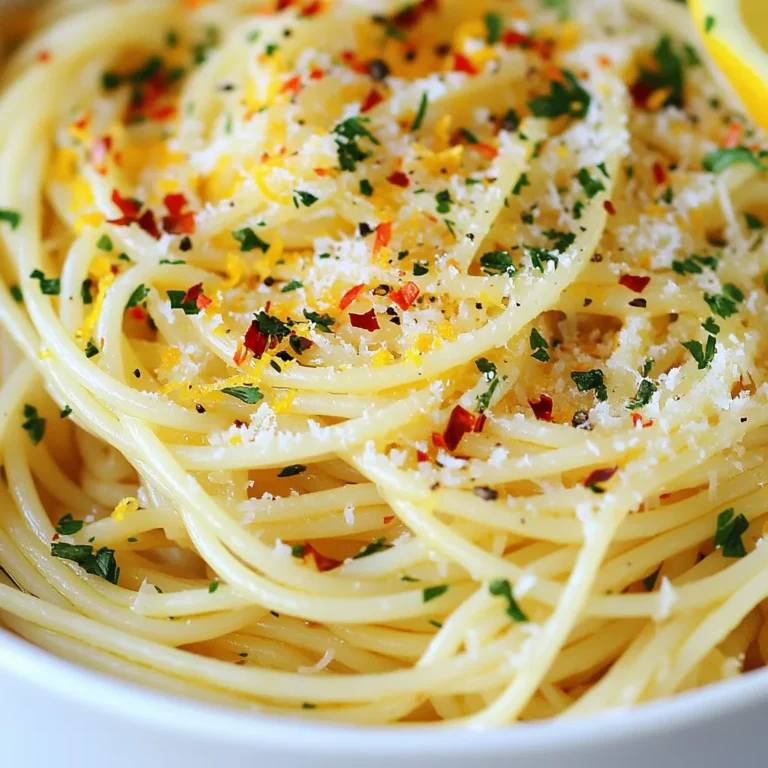 - 400g spaghetti - 6 cloves of garlic, thinly sliced - 1/2 cup extra virgin olive oil - 1 teaspoon red pepper flakes - Salt, to taste - 1/4 cup fresh parsley, chopped - Zest of 1 lemon - Grated Parmesan cheese (optional, for serving) - Large pot - Colander - Large skillet - Tongs or spatula The heart of Spaghetti Aglio e Olio lies in its simple yet bold ingredients. You start with spaghetti, the base of your dish. I recommend using 400g for four servings. The garlic is the star here, so six cloves, thinly sliced, will give you that rich flavor. Extra virgin olive oil is key too, about 1/2 cup, to create a garlicky sauce. Next, we need a kick of spice, so grab 1 teaspoon of red pepper flakes. Salt is essential, but you'll add that to taste later. Freshness comes from 1/4 cup of chopped parsley and the zest of one lemon for brightness. If you want to indulge, sprinkle some grated Parmesan cheese on top when serving. Now, let's talk tools. A large pot is a must for boiling your pasta. A colander will help you drain it. You'll need a large skillet to infuse the olive oil with garlic. Lastly, tongs or a spatula are great for mixing everything together. With these ingredients and tools, you’re set to make a delicious Spaghetti Aglio e Olio. Each component plays a vital role in creating a dish that's both simple and satisfying. {{ingredient_image_2}} 1. Bringing water to a boil: Fill a large pot with water. Add a good amount of salt. Turn the heat to high and wait for it to boil. You want a rolling boil. 2. Cooking to 'al dente': Once the water is boiling, add the spaghetti. Cook it for about 8 to 10 minutes. Check the package for exact times. You want it to be firm but not too hard. 3. Reserving pasta water: Before draining the spaghetti, scoop out about 1 cup of the pasta water. This water will help make your sauce. Drain the spaghetti in a colander. 1. Heating the oil: Take a large skillet and pour in the extra virgin olive oil. Heat it on medium. You want it warm, not smoking. 2. Sautéing garlic without burning: Add the thinly sliced garlic to the oil. Stir it often for about 2 to 3 minutes. Wait until it turns golden. Be careful not to burn it, or it will taste bad. 1. Adding red pepper flakes: Now, sprinkle in the red pepper flakes. Stir them in and let them cook for about 30 seconds. This brings out their heat. 2. Mixing spaghetti with oil and reserved water: Add the drained spaghetti to the skillet. Pour in the reserved pasta water. Use tongs to toss everything together. Ensure the spaghetti is well-coated. 3. Tossing and seasoning: If it feels dry, add more reserved water slowly. Taste and sprinkle in salt as needed. Toss in fresh parsley and lemon zest. Mix until everything looks vibrant and tasty. To get the best garlic flavor, make sure to sauté it gently. Keep the heat on medium. This way, the garlic becomes golden and fragrant without burning. If the garlic burns, it can taste bitter. Adjust the oil to your liking. If you want a richer taste, add more olive oil. Just remember, the oil helps carry the garlic's flavor. Using reserved pasta water is key. Before draining your spaghetti, save about one cup of that starchy water. This helps thicken your sauce. When you mix the spaghetti with the oil, add a little reserved water at a time. This makes the sauce creamy and smooth. Taste and adjust the seasoning. Add salt as needed. Fresh parsley and lemon zest boost flavor and color. Toss everything well to blend. For a beautiful dish, garnish with chopped parsley and lemon zest. This adds a fresh touch. Consider serving with crusty bread. It gives a nice crunch to the meal and is great for scooping up any leftover sauce. Pro Tips Use Fresh Garlic: Fresh garlic provides a more vibrant flavor compared to pre-minced garlic. Always opt for whole cloves and slice them just before cooking. Reserve Pasta Water: The starchy pasta water is a key ingredient for adjusting the sauce's consistency. Add it gradually to achieve the desired creaminess. Don't Overcook the Garlic: Sauté the garlic until it's just golden. Overcooking can lead to a bitter taste, ruining the dish. Experiment with Herbs: While parsley is traditional, feel free to experiment with other fresh herbs like basil or oregano for a unique twist on flavor. {{image_4}} You can easily add protein to your spaghetti aglio e olio. Shrimp and chicken work great. If you choose shrimp, cook it in the skillet before adding garlic. Cook the shrimp until pink, about 2-3 minutes per side. For chicken, cut it into small pieces. Sauté it until cooked through, about 5-7 minutes. This extra step gives your dish more flavor and makes it heartier. Adding vegetables brightens the dish. Spinach and broccoli are popular choices. If you use spinach, add it just before the spaghetti. It wilts quickly and adds nice color. For broccoli, steam it for a few minutes first, then mix it in. Adjust the cooking time based on the veggies you choose. You want them tender but still crisp. Want to spice things up? Try adding capers or olives. Capers give a tart, briny flavor that works well with garlic. Olives add depth and richness. You can also add more chili flakes for extra heat. Just sprinkle a bit in while you sauté the garlic. Taste as you go to find your perfect balance. To keep your Spaghetti Aglio e Olio fresh, store it in the fridge. Use an airtight container. This helps keep moisture in and prevents it from drying out. Make sure to let the pasta cool down before sealing it. Leftovers are best eaten within three days for optimal taste. When reheating spaghetti, the best method is to use a skillet. Heat it on low. Add a splash of water or olive oil to keep it moist. Stir gently to combine the flavors. If you prefer the microwave, place pasta in a bowl with a little water. Cover it and heat in short bursts. This keeps the flavor vibrant. To freeze, let the pasta cool completely. Pack it in a freezer-safe bag. Press out extra air before sealing. It stays good for up to three months. When ready to eat, thaw in the fridge overnight. To reheat from frozen, place in a skillet with a bit of oil or water. Heat slowly, stirring until warm. Enjoy your meal! Spaghetti Aglio e Olio is a simple Italian pasta dish. It means "spaghetti with garlic and oil" in English. This dish comes from Naples and is popular for its bold flavors and ease of preparation. It uses just a few ingredients: spaghetti, garlic, olive oil, and red pepper flakes. The dish highlights the beauty of basic cooking with fresh, quality ingredients. Spaghetti Aglio e Olio can last in the fridge for about three days. To keep it fresh, store it in an airtight container. When you're ready to eat, just reheat it in a skillet or microwave. You may need to add a splash of olive oil or water to help revive the flavors. Yes, you can easily make Spaghetti Aglio e Olio vegan. Simply skip the grated Parmesan cheese, or use a plant-based cheese. The dish is already vegan-friendly, as it mainly relies on garlic, oil, and herbs. This makes it a great option for everyone. Enjoy the same tasty flavors without any animal products! Spaghetti Aglio e Olio is simple yet full of flavor. You only need a few ingredients and tools. Cooking the pasta perfectly and infusing the oil with garlic matters most. Don’t forget to add your favorite proteins or veggies for variety. Leftovers can be stored or frozen easily. With these tips, you can impress anyone with this quick dish. Enjoy making your own Spaghetti Aglio e Olio!