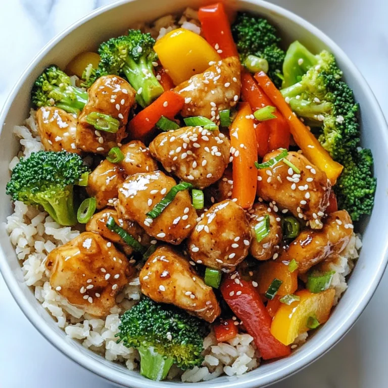 - 1 lb boneless, skinless chicken breast - 2 tablespoons sesame oil - 3 tablespoons low-sodium soy sauce - 1 tablespoon honey or agave syrup - 1 tablespoon rice vinegar - 1 teaspoon fresh ginger - 2 cloves garlic - 1 cup broccoli florets - 1 bell pepper (any color) - 1 carrot, julienned - 1 tablespoon sesame seeds - 2 green onions - Cooked brown rice or quinoa for serving For this Healthy Sesame Chicken, I use simple and fresh ingredients. The chicken breast gives you lean protein. The sesame oil adds a rich flavor. Low-sodium soy sauce keeps it savory without too much salt. Honey or agave syrup gives a hint of sweetness. Next, I add some zing with rice vinegar, fresh ginger, and garlic. These ingredients not only enhance flavor but also boost health benefits. Broccoli florets add crunch and color. They are packed with vitamins. For the vegetables and garnish, I love to include a bell pepper and a carrot. They add sweetness and vibrant colors to the dish. Sesame seeds sprinkle on top for crunch, while green onions give a fresh finish. Serve this over brown rice or quinoa for a complete meal. This dish is not just tasty; it is also nutritious. You can feel good about serving it to your family. {{ingredient_image_2}} To start, gather your ingredients. In a medium mixing bowl, combine: - 2 tablespoons sesame oil - 3 tablespoons low-sodium soy sauce - 1 tablespoon honey or agave syrup - 1 tablespoon rice vinegar - 1 teaspoon fresh ginger, finely minced - 2 cloves garlic, finely minced Whisk these ingredients well. You want a smooth mix that coats the chicken nicely and adds great flavor. Now, take your 1 lb of boneless, skinless chicken breast, cut into bite-sized pieces. Add the chicken to the marinade. Make sure each piece is well-coated. Cover the bowl with plastic wrap. Let it marinate for at least 20 minutes at room temperature or up to 1 hour in the fridge. This helps the chicken soak up all those tasty flavors. Next, preheat a non-stick skillet over medium-high heat. Once hot, add the marinated chicken. Cook for about 5-7 minutes. Stir it occasionally until the chicken turns golden brown. Make sure the internal temperature reaches 165°F (75°C). After the chicken is cooked, add: - 1 cup broccoli florets - 1 sliced bell pepper (any color) - 1 julienned carrot Stir well to combine everything. Cook for another 5-6 minutes. You want the veggies to be tender but still crisp. If you wish, taste the stir-fry and add more soy sauce for extra flavor. Once done, remove from heat. Top the dish with sesame seeds and thinly sliced green onions. Serve it over brown rice or quinoa for a healthy meal. To make your Healthy Sesame Chicken even better, taste as you go. After cooking, check the soy sauce. You may want to add a splash more for extra flavor. Cook the chicken until it turns golden brown, which takes about 5-7 minutes. When you add the veggies, cook them for 5-6 minutes. They should be tender but still bright. You can choose honey or agave syrup for sweetness. Honey adds a richer taste, while agave is lighter. Adding extra veggies boosts nutrition. You can try snap peas, zucchini, or spinach. More veggies mean more vitamins and minerals in your dish. For a lovely look, serve the chicken in deep bowls. Top with sesame seeds for crunch. A lime wedge adds color and a zesty taste. You can squeeze it over the dish for a bright finish. These small touches make your meal look and taste amazing. Pro Tips Marination Magic: For deeper flavor, marinate the chicken for at least 1 hour in the refrigerator. This allows the marinade to penetrate the meat more thoroughly. Veggie Variety: Feel free to mix in other vegetables such as snap peas, zucchini, or mushrooms. This not only adds color but also enhances the nutritional profile of the dish. Perfectly Cooked Chicken: To ensure the chicken cooks evenly, make sure the pieces are cut to a uniform size. This helps them cook at the same rate, preventing any undercooked pieces. Serving Suggestions: Serve the dish with lime wedges for a zesty kick or top with crushed peanuts for added crunch and flavor. {{image_4}} You can enhance your Healthy Sesame Chicken with spices. Adding sriracha or chili flakes gives it a nice kick. Just a little can transform the dish. You can also try different oils or vinegars. For example, swapping sesame oil for garlic oil adds a new taste. Rice vinegar can be replaced with apple cider vinegar for a fruity twist. If you want to change things up, consider using tofu, shrimp, or tempeh. Each option brings its own flavor and texture. When using shrimp, cook it for about 3-4 minutes until pink. Tofu takes a little longer, about 6-8 minutes, to get a nice golden color. Adjust the cooking times to ensure everything is cooked perfectly. You can replace the vegetables to keep it exciting. Snap peas or zucchini work great in this recipe. They add crunch and color. If you want to add leafy greens, try spinach or kale. Toss them in during the last minute of cooking. This way, they stay bright and fresh but are still tender. To keep your Healthy Sesame Chicken fresh, store it in airtight containers. This helps prevent moisture loss and keeps flavors intact. Make sure to refrigerate leftovers within two hours of cooking. You can freeze portions too. Just use freezer-safe containers or bags. Label them with the date for easy tracking. When it’s time to enjoy leftovers, reheating properly is key. To keep the chicken juicy, use the stovetop. Heat on medium until warmed through, about 5-7 minutes. You can also use a microwave. Heat in short bursts of 1-2 minutes, stirring in between. If using the oven, set to 350°F (175°C) and heat for about 10-15 minutes. In the fridge, Healthy Sesame Chicken lasts about 3-4 days. Check for signs of spoilage. If you notice an off smell or change in color, it’s best to toss it. For frozen leftovers, consume within 2-3 months for the best taste. Always thaw in the fridge before reheating to ensure even cooking. This dish has about 350 calories per serving. The chicken breast provides lean protein. The vegetables add fiber and nutrients. The sesame oil and honey contribute healthy fats and natural sweetness. To break it down: - Chicken breast (1 lb): ~500 calories - Sesame oil (2 tbsp): ~120 calories - Low-sodium soy sauce (3 tbsp): ~30 calories - Honey (1 tbsp): ~60 calories - Vegetables: ~50 calories Total: ~350 calories per serving when divided into four portions. Yes, you can easily meal prep this dish. Start by cooking a larger batch. Once cooked, cool it down and divide it into portions. Store in airtight containers. Keep it in the fridge for up to four days. For longer storage, freeze it for up to three months. When you're ready to eat, just reheat. Add a splash of soy sauce for extra flavor. Yes, this recipe can be gluten-free. Use gluten-free soy sauce or tamari. Make sure to select brands that are certified gluten-free. The rest of the ingredients are naturally gluten-free. Enjoy this dish without worry if you have gluten sensitivities. This blog post covered the key steps to make healthy sesame chicken. You learned about the main ingredients, how to prepare and cook everything, plus tips for flavor and storage. Remember, you can swap proteins and veggies to suit your taste. Meal prepping this dish can save time and keep meals healthy. Enjoy experimenting with different flavors! With this guide, you now have the tools to create your own tasty version. Happy cooking!