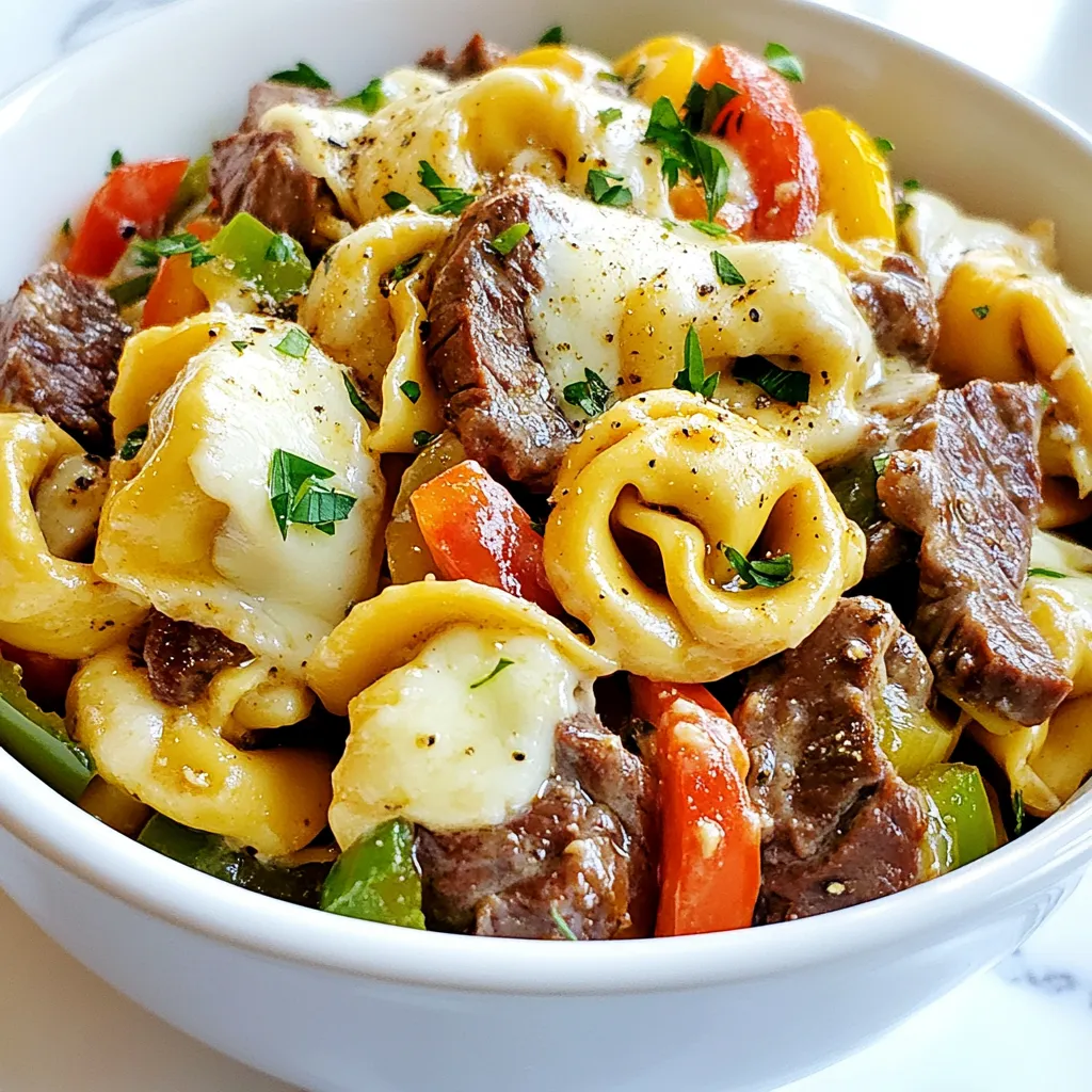 To make the Philly Cheesesteak Tortellini Pasta, gather the following fresh ingredients: - 12 oz cheese tortellini - 1 lb beef sirloin, thinly sliced against the grain - 1 tablespoon olive oil - 1 large onion, sliced into half-moons - 1 green bell pepper, sliced - 1 red bell pepper, sliced - 2 cloves garlic, minced - 1 cup beef broth (preferably low sodium) - 1 cup cream cheese, softened at room temperature - 1 teaspoon Worcestershire sauce - 1 cup provolone cheese, shredded - Salt and freshly ground black pepper to taste - Fresh parsley, chopped, for garnish These ingredients come together to create a rich and creamy pasta dish. The cheese tortellini serves as a soft base, while the beef sirloin adds a savory touch. The olive oil helps cook the veggies and beef, giving everything a nice flavor. Onions and bell peppers bring sweetness and crunch. Garlic adds depth, while beef broth gives moisture. Cream cheese blends everything into a smooth sauce. Worcestershire sauce adds a hint of tang, and provolone cheese melts into gooey perfection. Don't forget the salt, pepper, and fresh parsley for garnish! {{ingredient_image_2}} To start, you need to boil the water. Fill a large pot with water and add salt. Bring it to a rolling boil. This step is key to cooking the tortellini just right. Add 12 oz of cheese tortellini to the boiling water. Follow the package instructions, usually around 3-5 minutes. Once done, drain the tortellini in a colander. To prevent sticking, toss the tortellini with a splash of olive oil. Set this aside for later. Next, heat a large skillet over medium-high heat. Add 1 tablespoon of olive oil once hot. Now, slice one large onion into half-moons, along with one green and one red bell pepper. Add them to the skillet. Sauté for about 5-7 minutes. Stir occasionally until the vegetables soften and begin to caramelize. This step gives your dish great flavor. Now it's time to cook the beef. Thinly slice 1 lb of beef sirloin against the grain. Add it to the skillet with the veggies. Season with salt and freshly ground black pepper to taste. Cook for about 3-4 minutes. The beef should be browned and no longer pink. To add flavor, toss in 2 minced garlic cloves. Sauté for another minute until the garlic smells amazing. Lower the heat and add 1 cup of beef broth to the skillet. Pour in 1 teaspoon of Worcestershire sauce. Stir well and let it simmer for 2-3 minutes. This helps the flavors blend together. Gradually add 1 cup of softened cream cheese, stirring constantly. Keep mixing until the cream cheese melts, creating a rich sauce. Now, it’s time to mix everything. Add the drained tortellini to the skillet with the cheesesteak mixture. Gently fold everything together. Make sure the tortellini gets coated in the creamy sauce. This step brings the dish together and enhances the flavors. Finally, remove the skillet from heat. Sprinkle in 1 cup of shredded provolone cheese. Stir until the cheese melts and is mixed well. Taste your dish and adjust seasoning if needed. Add more salt and pepper if you like. This final touch makes the dish creamy and cheesy, just like a classic Philly cheesesteak. - Alternatives for beef sirloin: If you want a lighter option, use chicken breast or turkey. For a vegetarian twist, try mushrooms or tempeh. Each choice adds unique flavors that work well with the dish. - Options for cream cheese: You can use ricotta for a lighter texture or Greek yogurt for a tangy flavor. Both options will give you a creamy finish, but with a different taste profile. - Best methods for sautéing: Use medium-high heat for a good sear. This helps to caramelize the onions and peppers, bringing out their natural sweetness. Stir them often to avoid burning while keeping that lovely golden color. - Tips for melting cheese: Remove the skillet from heat before adding the provolone. This prevents the cheese from becoming rubbery. Stir gently to let it melt smoothly into the dish, enhancing the creamy sauce. - Garnishing ideas: Sprinkle fresh parsley on top for a pop of color. A dash of black pepper adds a nice touch, too. You can also add a few shavings of provolone for an extra cheesy flair. - Plating techniques for serving: Serve in shallow bowls to highlight the creamy sauce. Drizzle a little olive oil around the edge for a polished look. This simple trick elevates the dish and makes it Instagram-ready! Pro Tips Use Fresh Ingredients: Always opt for fresh vegetables and quality beef to enhance the overall flavor of your dish. Don’t Overcook the Beef: Cook the beef just until browned to maintain tenderness. Overcooking can lead to a tough texture. Adjust the Creaminess: If you prefer a lighter sauce, feel free to add a splash more beef broth to reach your desired consistency. Experiment with Cheese: While provolone is traditional, feel free to mix in other cheeses like mozzarella or cheddar for a unique flavor twist. {{image_4}} You can make this dish vegetarian by swapping the beef for plant-based proteins. Try using mushrooms, lentils, or plant-based meat crumbles. These options mimic the texture of beef while adding great flavor. You can sauté the mushrooms until they are golden and soft. This adds a nice depth to the dish. Don't forget to adjust the seasoning to match your taste. If you love heat, add jalapeños or spicy sauces to your dish. Sauté sliced jalapeños with the onions and peppers for extra spice. You can also stir in some hot sauce into the creamy sauce for a kick. This change will give your Philly cheesesteak tortellini a bold flavor that packs a punch. Just be careful not to overdo it. You want the heat to enhance, not overpower. Experimenting with cheese can elevate this dish even more. While provolone cheese is classic, try using cheddar or pepper jack for a twist. These cheeses melt well and add different flavors. You can also mix in some mozzarella for extra creaminess. Don't be afraid to blend cheeses for a unique taste. The right cheese makes all the difference! After enjoying your Philly cheesesteak tortellini, store leftovers in a good container. I recommend using airtight glass or plastic containers. This keeps the dish fresh and safe. In the fridge, it lasts about 3 to 4 days. Always let it cool down before putting it away. When you're ready to enjoy leftovers, reheating is key. The best method is to use the stove. Place the pasta in a skillet over low heat. Add a splash of beef broth or water to help it warm evenly. Stir often to avoid burning. You can also use the microwave. Heat it in short bursts, stirring in between. If you want to save some for later, freezing is a great option. First, let the dish cool completely. Then, portion it into freezer-safe bags or containers. Be sure to press out excess air. You can freeze it for up to 2 months. When ready to eat, thaw it in the fridge overnight. Reheat as mentioned above for the best taste. You can pair this dish with simple side options. A fresh garden salad works great. You can also serve garlic bread for a fun twist. For drinks, a cold soda or iced tea complements the flavors well. If you want something stronger, a light beer is a nice choice too. Yes, you can make this dish ahead of time. Cook the pasta and prepare the sauce as usual. Let the dish cool and store it in the fridge. When you're ready to eat, just reheat it on the stove or in the microwave. Be sure to add a splash of water to keep it creamy. This recipe is perfect for meal prep. Store individual portions in airtight containers. It will last up to four days in the fridge. When reheating, add a bit of cream or broth. This keeps the dish moist and tasty. Yes, you can use other pasta types. Penne or rotini are great options. Just keep in mind that cooking times may vary. Check the package for exact cooking times to ensure perfect texture. This dish combines delicious flavors through simple steps. You learned how to cook tortellini, sauté veggies, and prepare a creamy sauce with beef. I shared tips for substitutions and techniques for a tasty meal. Remember, you can adjust the recipe for a vegetarian or spicy option. Now, enjoy your creation and feel free to experiment. Cooking is all about having fun!