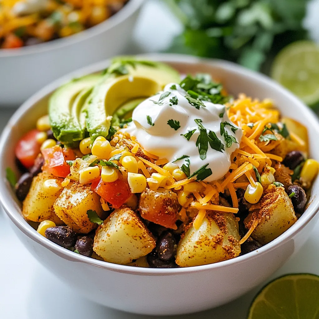 To make Loaded Potato Taco Bowls, you'll need the following ingredients: - 4 medium russet potatoes, thoroughly scrubbed and diced into bite-sized pieces - 1 tablespoon olive oil - 1 teaspoon smoked paprika - 1 teaspoon ground cumin - 1 teaspoon garlic powder - Salt and pepper, to taste - 1 cup canned black beans, rinsed and drained - 1 cup corn kernels (fresh or frozen) - 1 cup ripe diced tomatoes - 1 ripe avocado, diced - 1 cup shredded sharp cheddar cheese - 1/4 cup sour cream - Fresh cilantro, chopped (for garnish) - Lime wedges (for serving) You can swap out some ingredients if needed. Here are a few ideas: - Use sweet potatoes instead of russet potatoes for a sweeter taste. - Swap olive oil with avocado oil for a different flavor. - If you lack smoked paprika, regular paprika works well. - Canned chickpeas can replace black beans for a protein boost. - For a dairy-free option, use plant-based sour cream. - Cheddar cheese can be replaced with a vegan cheese for a vegan dish. To prepare your Loaded Potato Taco Bowls, gather these tools: - A large mixing bowl for tossing ingredients - A baking sheet lined with parchment paper - A sharp knife for dicing potatoes and veggies - A cutting board for safe chopping - Measuring spoons for precise amounts - A medium bowl for mixing toppings - Serving bowls for assembling your taco bowls These tools and ingredients will help you create a delicious meal that is sure to please everyone! {{ingredient_image_2}} 1. First, preheat your oven to 400°F (200°C). This helps the potatoes roast well. 2. Take four medium russet potatoes. Scrub them clean and dice them into small pieces. 3. In a big bowl, mix the diced potatoes with one tablespoon of olive oil. 4. Add one teaspoon of smoked paprika, ground cumin, and garlic powder. 5. Sprinkle in salt and pepper to taste. Toss the potatoes until they are well coated. 1. Spread the seasoned potatoes on a baking sheet lined with parchment paper. 2. Make sure the potatoes are in a single layer. This helps them roast evenly. 3. Roast the potatoes in the oven for 25 to 30 minutes. Flip them halfway through for even cooking. 4. While the potatoes cook, prepare the topping. In a medium bowl, mix one cup of rinsed black beans, corn kernels, and diced tomatoes. 5. Season the mixture with a pinch of salt and pepper, and stir well to combine. 1. Once the potatoes are crispy, take them out of the oven and let them cool for five minutes. 2. In each serving bowl, place a layer of the roasted potatoes as the base. 3. Spoon the black bean, corn, and tomato mix evenly over the potatoes. 4. Top each bowl with diced avocado, shredded cheddar cheese, and a dollop of sour cream. 5. Finish by garnishing with chopped cilantro. Serve lime wedges on the side for an extra zing. To make your roasted potatoes shine, start by cutting them evenly. Use medium russet potatoes for the best texture. Scrub them well to remove any dirt. Dice them into bite-sized pieces for quick cooking. Next, toss the potatoes in olive oil and spices. Smoked paprika adds depth, while cumin gives warmth. Garlic powder brings out a rich flavor that pairs well with the potatoes. Don't forget to add salt and pepper. This enhances all the flavors. Spread the potatoes in a single layer on your baking sheet. This helps them roast evenly and get crispy. Bake them at 400°F (200°C) for 25-30 minutes. Flip them halfway through to ensure they brown nicely. The result should be golden, crispy potatoes that are soft inside. To boost the flavor, consider adding more spices. Chili powder can give a nice kick. You can also sprinkle some fresh herbs like thyme or rosemary. They add a fresh taste that brightens the dish. Experiment with the toppings, too. Try adding jalapeños for heat or a squeeze of lime for zest. A sprinkle of taco seasoning on the potatoes can also elevate the taste. These little tweaks make a big difference. When serving these bowls, think about presentation. Start with a layer of those crispy potatoes. Then, add the black bean mixture on top. This not only looks nice but keeps the potatoes warm. Top with diced avocado and shredded cheese. They add creaminess and richness. A dollop of sour cream on top is a must for that creamy finish. Don't forget the cilantro; it adds a pop of color. Serve with lime wedges on the side for an extra flavor boost. For a fun twist, you can serve these bowls in tortilla shells. This adds a crunchy element that everyone loves. Enjoy your delicious Loaded Potato Taco Bowls with friends or family! Pro Tips Cooking Time Adjustment: If you prefer your potatoes extra crispy, extend the roasting time by a few minutes, keeping a close eye to prevent burning. Flavor Boost: For added depth of flavor, consider marinating the diced potatoes in the olive oil and spices for 30 minutes before roasting. Customizable Bowls: Feel free to mix in other toppings such as jalapeños, diced red onion, or different types of cheese to suit your taste preferences. Make Ahead: You can prepare the potato mixture and toppings ahead of time, storing them separately in the refrigerator for quick assembly at mealtime. {{image_4}} You can easily make this dish vegetarian or vegan. Swap sour cream for cashew cream or a plant-based yogurt. Use nutritional yeast for a cheesy flavor without dairy. For protein, add more black beans or chickpeas. You can also replace cheddar cheese with vegan cheese shreds. This way, you keep the dish tasty while meeting dietary needs. Want to add some meat? Ground turkey or seasoned beef works well. Cook the meat with spices like cumin and garlic powder for flavor. Shredded chicken is another great option. Just mix it in with the beans and corn. For a spicy twist, try adding chorizo or grilled shrimp. These options boost protein and add richness to the dish. Toppings make each bowl unique. Try adding diced red onion or jalapeños for a kick. Fresh pico de gallo is a great choice for extra flavor. Crumbled feta or goat cheese can add a nice tang. If you like crunch, sprinkle some tortilla chips on top. Finally, a drizzle of hot sauce can take it up a notch. Each topping brings its own flair to the Loaded Potato Taco Bowls. To keep your Loaded Potato Taco Bowls fresh, store leftovers in an airtight container. Let the bowls cool completely before sealing. This step helps prevent moisture buildup, which can make the ingredients soggy. Properly stored, they last in the fridge for about 3 to 4 days. Reheat leftovers in the oven for the best texture. Preheat the oven to 350°F (175°C). Spread the potato mixture on a baking sheet and warm it for about 10 to 15 minutes. You can also use the microwave if you’re short on time. Place the leftovers in a microwave-safe bowl and heat for 1 to 2 minutes, stirring halfway through. You can freeze Loaded Potato Taco Bowls, but some ingredients freeze better than others. For freezing, I suggest storing the potato base and toppings separately. Place the cooled potatoes in a freezer-safe bag, removing as much air as possible. The toppings, like beans and corn, can also go into separate bags. They will last up to 3 months in the freezer. To enjoy later, thaw them overnight in the fridge and reheat as mentioned above. Yes, you can make Loaded Potato Taco Bowls ahead of time. Cook the potatoes and store them in the fridge. Keep the toppings separate. When you are ready to eat, reheat the potatoes and assemble the bowls. This makes meal prep easy and quick! If you need a substitute for sour cream, try plain yogurt. Greek yogurt works great too. For a dairy-free option, use avocado or cashew cream. These options give a nice, creamy texture without losing flavor. This recipe is already gluten-free! All the ingredients, like potatoes, beans, and veggies, are gluten-free. Just make sure any packaged ingredients, like beans, are labeled gluten-free. Enjoy your tasty and safe meal! This article explored how to make Loaded Potato Taco Bowls with ease. We covered the essential ingredients, discussed helpful cooking tools, and detailed each step from preparation to assembly. You learned about tips for perfect roasted potatoes, flavor boosts, and various serving ideas. Plus, we identified tasty variations, storage methods, and answers to common questions. In closing, making these taco bowls is simple and fun. Enjoy the tasty combinations, and feel free to get creative!