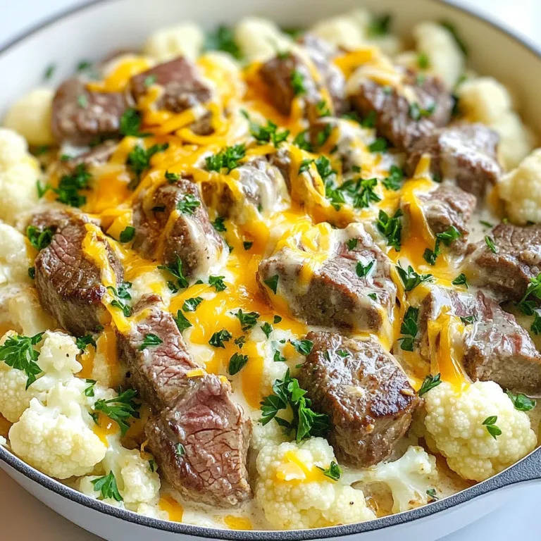 - 1 lb sirloin steak, cut into bite-sized pieces - 1 medium head of cauliflower, cut into florets - 1 tablespoon olive oil - 1 cup heavy cream - 1 cup shredded cheddar cheese - 1 small onion, finely chopped - 2 cloves garlic, minced - 1 teaspoon paprika - Salt and pepper, to taste - Fresh parsley, chopped for garnish This dish needs a few main items. Start with sirloin steak for taste. It cooks quickly and stays tender. Cauliflower adds a nice crunch. It soaks up the creamy sauce well. Olive oil helps sauté and bring out flavors. For the creamy part, heavy cream is key. It makes the dish rich and smooth. Cheddar cheese adds a wonderful flavor. You’ll also need garlic and onion for base flavors that make it pop. Don’t forget the seasonings! Paprika offers a mild kick. Salt and pepper enhance all the tastes. Fresh parsley is great for garnish. It adds color and brightness to your meal. With these ingredients, you’re ready to create a delicious creamy steak bites cauliflower skillet. Enjoy the cooking process! {{ingredient_image_2}} To start, heat the olive oil in a large skillet on medium-high heat. Once the oil is hot, add the finely chopped onion. Sauté the onion for about 3-4 minutes. You want it to become soft and clear. Then, add the minced garlic. Stir it for about 1 minute until it smells nice. Be careful not to burn the garlic; burnt garlic can ruin the taste. Next, season the bite-sized pieces of sirloin steak with salt, pepper, and paprika. Place the seasoned steak in the skillet. Cook it for about 5-7 minutes. Stir often until the steak turns brown on all sides. Once it is cooked to your liking, take the steak out of the skillet and set it aside on a plate. In the same skillet, add the cauliflower florets. Stir them into the remaining juices from the steak. Let the cauliflower cook for about 5 minutes, stirring often until it starts to soften. Then, pour in the heavy cream. Stir well to coat the cauliflower. Let it simmer for 5 minutes. This helps the sauce thicken a bit. After that, stir in the shredded cheddar cheese. Keep mixing until the cheese melts and the sauce becomes creamy. Now, gently return the cooked steak to the skillet. Fold the steak into the creamy cauliflower mixture. Let everything cook together for an extra 2-3 minutes. This step lets the flavors mix well. Taste the dish and add more salt or pepper if you like. Right before serving, sprinkle freshly chopped parsley on top for a burst of color and freshness. To achieve the best sear on your steak, start with a hot skillet. Heat your olive oil until it shimmers. This ensures that the steak browns well. Avoid overcrowding the pan; this helps the steak sear instead of steam. For cooking steak to your preferred doneness, use a meat thermometer. Aim for 130°F for medium-rare and 140°F for medium. Let the steak rest for a few minutes after cooking. This helps the juices redistribute for a tender bite. To ensure the sauce stays creamy, do not let the cream boil. Simmer it gently to prevent it from separating. Stir the sauce often while it thickens. This keeps it smooth and delicious. If your sauce is too thick, add a splash of broth or water. For a thicker sauce, let it simmer longer. Always taste and adjust the seasoning. For a family-style meal, serve the creamy steak bites straight from the skillet. This adds a cozy feel to your dinner. You can also plate individual servings for a special touch. Garnish with freshly chopped parsley just before serving. This adds color and freshness to the dish. You can also sprinkle extra cheese for a rich finish. Pro Tips Choose the Right Cut: For the best flavor and tenderness, opt for a well-marbled cut of beef like ribeye or sirloin. Don't Overcrowd the Pan: Cook the steak in batches if necessary to ensure even browning and prevent steaming. Adjust Seasoning Wisely: Taste the creamy sauce before serving and adjust seasoning as needed to elevate the flavors. Garnish for Flavor: Fresh herbs like parsley not only add color but also enhance the overall taste of the dish. {{image_4}} You can easily swap cauliflower for other veggies. Broccoli works great here. You can also try zucchini or bell peppers. These veggies add color and taste. You can mix and match to find your favorite. Adding other veggies can bring more flavor. Carrots and green beans add a nice crunch. Spinach or kale can make it healthier. Just make sure to cook them until tender. If you want, you can use chicken or pork instead of steak. Chicken thighs are juicy and cook well. Pork tenderloin also gives a nice flavor. Just cut them into bite-sized pieces, just like the steak. For a vegetarian option, try using mushrooms or tofu. Both absorb flavors well. You can sauté them until golden. This way, you keep the dish hearty and delicious. You can spice up your dish with extra herbs. Try adding thyme or oregano for a fresh taste. A pinch of red pepper flakes gives it a nice kick. Different cheese can change the flavor too. You can use gouda or mozzarella instead of cheddar. Each cheese brings its unique taste. Experiment to find what you like best! To keep your creamy steak bites safe and tasty, store leftovers right away. Allow the dish to cool before placing it in the fridge. Use airtight containers to prevent moisture loss. Glass or plastic containers both work well. Make sure they seal tightly to keep the flavors fresh. When you’re ready to enjoy your leftovers, reheating properly is key. The best method is using the stovetop. Place the skillet on medium heat and stir gently. This helps keep the creaminess intact. If you prefer the microwave, use a microwave-safe dish. Heat in short bursts, stirring often. This method is quicker but may not keep the sauce as creamy. For the best taste, eat your creamy steak bites within three days. Store them in the fridge and make sure they stay covered. If you see changes in color or smell, it’s time to throw them out. Always trust your senses when checking for spoilage. You can use milk mixed with butter. Combine 2/3 cup of milk with 1/3 cup of melted butter. This mix gives a nice creamy texture. Another option is using coconut cream. It is thick and rich, perfect for a dairy-free version. Just remember, it adds a slight coconut flavor. Greek yogurt is also a great choice. It provides creaminess with less fat. Just mix it well with a bit of milk for a smoother sauce. Yes, you can prep this dish ahead. Cook the steak and cauliflower separately. Store them in air-tight containers. When you’re ready to eat, reheat them in a skillet. Add the cream and cheese mixture then. This way, your dish stays fresh and tasty. To make this dish gluten-free, check all ingredients. Ensure the steak and spices have no gluten. Most fresh meats and spices are safe. If using pre-made sauces or stock, read the labels. They sometimes contain gluten. Stick to fresh ingredients for a worry-free meal. This dish is all about fun and flavor. We covered the main ingredients like sirloin steak and cauliflower, plus hints on how to prepare the creamy sauce. You can choose different veggies or proteins to make it your own. Remember to store leftovers properly for future meals, and always check for spoilage. Cooking should be easy and enjoyable, so dive into these tips and create something special tonight. Your meal can be both delicious and satisfying!