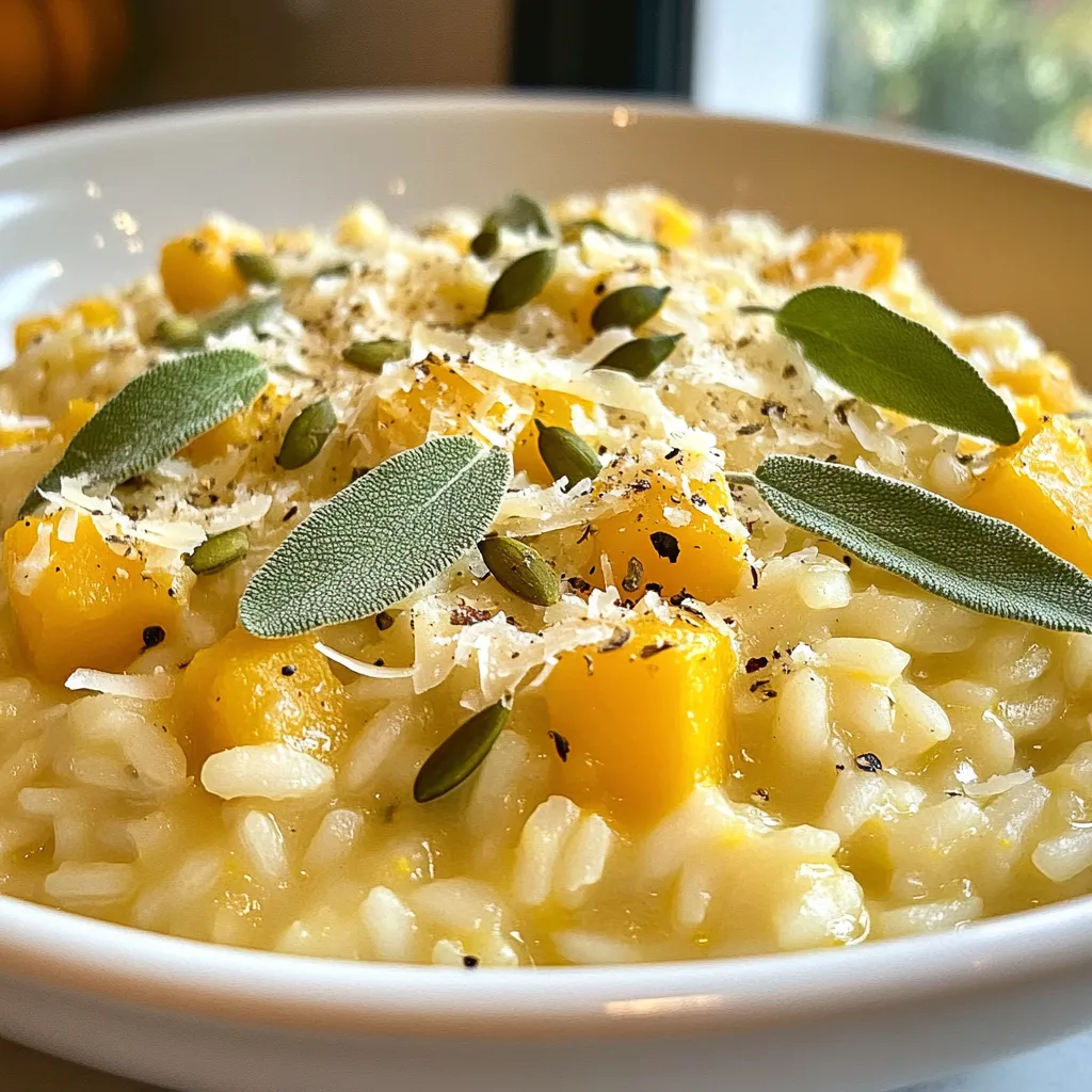 - Medium butternut squash - Arborio rice - Vegetable broth - Onion and garlic - Parmesan cheese (or vegan alternative) - Fresh sage leaves - Olive oil and butter - Salt and pepper - Optional: Pumpkin seeds for garnish For this butternut squash sage risotto, you will need a few key ingredients. Start with a medium butternut squash. Peel and dice it into small cubes. This squash adds a sweet and nutty flavor. Next, grab a cup of arborio rice. This rice is perfect for risotto because it absorbs liquid well. You will also need four cups of warm vegetable broth. Keep it warm while you cook. The broth gives depth to the dish. A small onion and two cloves of garlic add aromatic goodness. Chop the onion finely and mince the garlic. For creaminess, use half a cup of shredded Parmesan cheese. If you prefer vegan, choose a dairy-free alternative. Now, let's talk seasonings. Fresh sage leaves are a must. They add a lovely herbal note. Use two tablespoons of olive oil and one tablespoon of butter for rich flavor. Lastly, season with salt and pepper to taste. If you want to add a crunch, sprinkle some pumpkin seeds on top for garnish. These ingredients come together to create a creamy comfort dish. {{ingredient_image_2}} Heat 4 cups of vegetable broth in a medium saucepan. Keep it warm over low heat. This helps the rice cook evenly. If the broth is cold, it can slow down the cooking. In a large skillet, add 2 tablespoons of olive oil and 1 tablespoon of butter. Heat it over medium heat. Once hot, add 1 finely chopped onion. Sauté the onion for 3-4 minutes until it turns soft and clear. Next, add 2 minced garlic cloves. Cook for another minute. The garlic will smell great! Now, add 1 medium butternut squash, peeled and diced into small cubes. Stir and cook for about 5 minutes. You want the squash to soften a bit but not mushy. Next, stir in 1 cup of arborio rice. Toast the rice for 2 minutes. This step gives it a nice flavor. Stir often to prevent burning. Now it’s time to add the broth. Pour in one ladle of warm broth at a time. Stir it well. Wait until the rice absorbs the liquid before adding more. Repeat this for about 18-20 minutes. The rice should be creamy and tender but still firm. Once the rice is ready, fold in 6-8 chopped sage leaves and 1/2 cup of shredded Parmesan cheese. Mix until the cheese melts. Add salt and pepper to taste. Remove the skillet from heat and let the risotto sit for a couple of minutes. This helps it thicken slightly. Now, you have a creamy, delicious butternut squash sage risotto! The key to a creamy texture in risotto is the stirring. You want to stir often. This helps the rice release its starches, which creates that rich creaminess we love. Use a wooden spoon for the best results. Another tip is to add broth slowly. Pour in one ladle at a time. Wait until the rice absorbs the liquid before adding more. This step takes time, but it's worth it. Keep stirring during this process. If you want a dairy-free risotto, use a vegan cheese instead of Parmesan. There are many great options available now. For the butter, swap it for plant-based butter. This keeps the flavor while making it suitable for all diets. For a gluten-free version, check your broth. Ensure it's labeled gluten-free. Arborio rice is naturally gluten-free, so you’re good to go there. Presentation matters. Serve the risotto in individual bowls for a nice touch. Top each bowl with a sprinkle of pumpkin seeds. This adds crunch and color. You can also add a few whole sage leaves on top. It makes the dish look fresh and inviting. A drizzle of olive oil can enhance the visual appeal, giving it a glossy finish. Pro Tips Use Fresh Ingredients: Fresh butternut squash and sage will enhance the flavor of your risotto significantly. Look for squash that feels heavy for its size and has a smooth, firm skin. Stir Constantly: Continuous stirring is key to achieving the creamy texture of risotto. It helps release the starches from the rice, creating the signature creaminess. Add Broth Gradually: Adding the broth one ladle at a time allows the rice to absorb the liquid properly, ensuring even cooking and preventing the risotto from becoming mushy. Rest Before Serving: Letting the risotto sit for a few minutes after cooking allows it to thicken slightly and enhances the overall flavor before serving. {{image_4}} You can make this dish vegan by swapping out the cheese. Use vegan cheese instead of Parmesan. This keeps the creamy texture while being dairy-free. For butter, choose plant-based butter. This small change makes the dish friendly for all eaters. To make a gluten-free risotto, start with gluten-free broth. Check the rice package to ensure it is gluten-free as well. These simple swaps ensure everyone can enjoy this creamy dish without worry. Want to kick up the flavor? Add more herbs and spices. Try thyme or rosemary for a new twist. You can also boost the dish with proteins. Consider adding cooked chicken or sautéed mushrooms. These additions will make the risotto heartier and more filling. To keep your butternut squash sage risotto fresh, place it in an airtight container. Make sure it cools down to room temperature first. Store it in the fridge for up to three days. This will help retain its flavor and texture. When it’s time to enjoy leftovers, the best way to reheat risotto is on the stove. Add a splash of vegetable broth to a skillet. Heat it over low heat, stirring gently. This method helps keep the creamy texture. Avoid the microwave, as it can dry out the risotto. If you want to save risotto for later, freezing is a great option. Let it cool completely before transferring it to a freezer-safe container. It can last up to three months in the freezer. For thawing, place it in the fridge overnight. Reheat on the stove with a bit of broth for best results. Butternut squash risotto is a creamy rice dish. It mixes arborio rice with soft butternut squash. The dish also has onion, garlic, and fresh sage. You finish it with Parmesan cheese for a rich, savory taste. The risotto is warm and comforting, making it perfect for chilly nights. Each bite is creamy, with a hint of sweetness from the squash. Yes, you can make risotto ahead of time. Cook it fully, then let it cool. Store it in a bowl covered with plastic wrap. Keep it in the fridge for up to three days. When you're ready to serve, reheat it gently. Add a little broth to get that creamy texture back. Stir well as you warm it up. You can easily adjust this risotto for different diets. For a vegan version, use vegan butter and skip the cheese. Add a dairy-free cheese alternative if you like. If you need gluten-free, check the broth and rice labels. Most are safe, but it's best to confirm. You can also add proteins like beans or nuts for extra nutrition. You’ve now learned how to make a delicious butternut squash risotto. We explored key ingredients, step-by-step instructions, and helpful tips. Consider different variations for your dietary needs, like vegan or gluten-free options. Store your leftovers with care to maintain great taste. Embrace this creamy dish, and get creative with flavors. It’s balanced, comforting, and perfect for any meal. You can enjoy making it again and again. Enjoy your cooking journey!