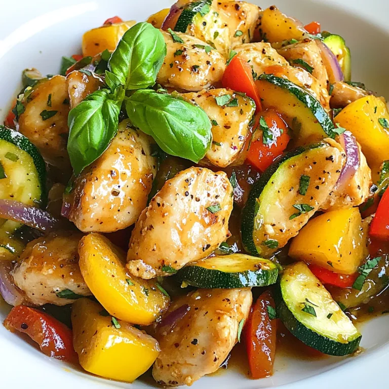 - Chicken and zucchini details Use 2 boneless, skinless chicken breasts. Cut them into bite-sized pieces for even cooking. Zucchini adds a fresh taste and a lovely texture. I recommend using 2 medium zucchinis, sliced into half-moons. - Additional vegetables and seasonings Add 1 bell pepper. You can choose any color for added fun. Dice it into small pieces. A small red onion gives sweetness. Chop it finely. Don’t forget 2 cloves of minced garlic for flavor. Use 1 teaspoon of dried oregano and 1 teaspoon of smoked paprika to spice up the dish. Season with salt and freshly ground black pepper to taste. - Oils and garnishes For cooking, you will need 3 tablespoons of olive oil, divided. This oil helps in cooking and adds flavor. For a bright finish, use fresh basil or parsley leaves as a garnish. These herbs not only look good but also enhance the taste. {{ingredient_image_2}} 1. Heating the oil: Start by heating 2 tablespoons of olive oil in a large skillet. Set the heat to medium and wait until the oil shimmers. This step is key for a great sear on your chicken. 2. Cooking the chicken: Add the bite-sized chicken pieces to the skillet. Season it with salt, black pepper, oregano, and smoked paprika. Cook the chicken for about 5-7 minutes. Stir occasionally until it turns golden brown and is no longer pink. Once done, transfer the chicken to a plate and cover it with foil to keep it warm. 3. Sautéing the vegetables: In the same skillet, add the last tablespoon of olive oil. Toss in the chopped red onion and sauté for 2-3 minutes. You want the onion to be soft and see-through. 4. Combining the ingredients: Next, add the sliced zucchini and diced bell pepper to the skillet. Cook for another 5-6 minutes, stirring now and then. The veggies should be tender but still a little crisp. Add minced garlic and cook for an extra minute, just until it smells great. Now, return the cooked chicken to the skillet. Mix everything together. Cook for another 2-3 minutes. This helps the flavors blend. Taste it and adjust the seasonings as needed. - Ensuring perfectly cooked chicken: Start with bite-sized chicken pieces. This helps them cook evenly. Heat the oil until it shimmers before adding the chicken. Cook for 5-7 minutes until they are no longer pink. Use a meat thermometer if you want to be sure. The chicken should reach 165°F (75°C). - Retaining vegetable crispness: Zucchini and bell peppers should stay crunchy. Cook them for just 5-6 minutes. Stir often to prevent burning. Add the garlic last, as it cooks quickly. This keeps the flavors bright and fresh. - Adjusting seasonings for flavor: Taste your dish as you cook. You can add more salt, pepper, or spices if needed. Dried oregano and smoked paprika give great flavor. Feel free to experiment with your favorite herbs. - Serving suggestions with rice or quinoa: This dish pairs great with fluffy rice or hearty quinoa. Serve it on a bed of grains to soak up the flavors. It adds texture and makes your meal more filling. - Garnishing options: Fresh herbs like basil or parsley make your dish pop. Sprinkle them on top before serving. A squeeze of lemon can also add a nice zing. - Enhancing visual appeal: Use colorful bell peppers for a vibrant look. Arrange your chicken and veggies neatly on the plate. A drizzle of olive oil can add shine and a touch of luxury. Pro Tips Marinate for More Flavor: Consider marinating the chicken in olive oil, garlic, and herbs for at least 30 minutes before cooking. This will enhance the flavor and tenderness of the chicken. Use Seasonal Vegetables: Feel free to swap in other seasonal vegetables like bell peppers, asparagus, or cherry tomatoes for added variety and nutrition. Don't Overcrowd the Pan: To achieve a nice sear on the chicken and vegetables, avoid overcrowding the skillet. Cook in batches if necessary to ensure even cooking. Serve with a Sauce: Elevate the dish by drizzling a balsamic reduction or a squeeze of lemon juice on top before serving for an extra burst of flavor. {{image_4}} You can easily change some ingredients if you want. Here are some ideas: - Alternatives for chicken: Try turkey or shrimp instead of chicken. They cook fast and taste great. - Different vegetable choices: Instead of zucchini and bell pepper, use broccoli or carrots. Both add nice colors and flavors. - Changing spices and herbs: Swap oregano for thyme or rosemary. You can also try chili powder for a spicy kick. This dish can fit many diets. Here’s how to adapt it: - Making it low-carb or gluten-free: Skip the rice or quinoa. Use cauliflower rice for a low-carb option. It makes a great base. - Vegetarian or vegan adaptations: Replace chicken with chickpeas or tofu. Both provide protein and work well with the veggies. - Dairy-free options: This recipe is dairy-free as it is. If you want creaminess, add some coconut milk instead. It blends well with the flavors. These variations help you create a meal that suits your tastes and needs. Enjoy experimenting! To store your chicken zucchini skillet, let it cool first. Place leftovers in an airtight container. This helps keep your meal fresh. You can enjoy it for up to three days in the fridge. Remember to label the container with the date. This way, you know how long it has been there. When you reheat, make sure it gets hot all the way through. If you want to freeze your chicken zucchini skillet, do it within two days. Use a freezer-safe container or bag. Squeeze out all the air to avoid freezer burn. This meal can last up to three months in the freezer. When you're ready to eat, thaw it in the fridge overnight. For reheating, use a skillet over medium heat. Stir often until it’s hot. You can also use the microwave, but ensure it is heated evenly. How to make Chicken Zucchini Skillet healthier? To make this dish healthier, you can make a few easy swaps. First, use skinless chicken thighs instead of breasts for more flavor. You can also add more veggies, like spinach or broccoli, to boost nutrients. If you want less oil, cut it to just one tablespoon. Use low-sodium broth instead of oil to sauté the veggies. This keeps the taste but cuts down on fat and calories. Can I make this recipe ahead of time? Yes, you can make this dish ahead of time. Cook the chicken and veggies as directed. After cooking, let it cool to room temperature. Then, store it in a container in the fridge for up to three days. When ready to eat, reheat it on the stove or in the microwave until hot. This way, you have a quick meal ready to go! What sides pair well with Chicken Zucchini Skillet? Many sides go well with Chicken Zucchini Skillet. Here are a few great choices: - Fluffy rice or quinoa adds a nice base. - A fresh green salad with lemon vinaigrette brings a light touch. - Garlic bread is perfect for soaking up the juices. - Roasted sweet potatoes add sweetness and balance. Choose any of these sides for a complete and satisfying meal! This blog post showed you how to make a great Chicken Zucchini Skillet. You learned about key ingredients, step-by-step cooking, and helpful tips. I shared ideas for presenting your dish beautifully and ways to mix it up with variations. I also covered how to store leftovers safely. Cooking can be fun and rewarding. Hopefully, you feel ready to try this dish yourself. Enjoy your meal and share it with others!