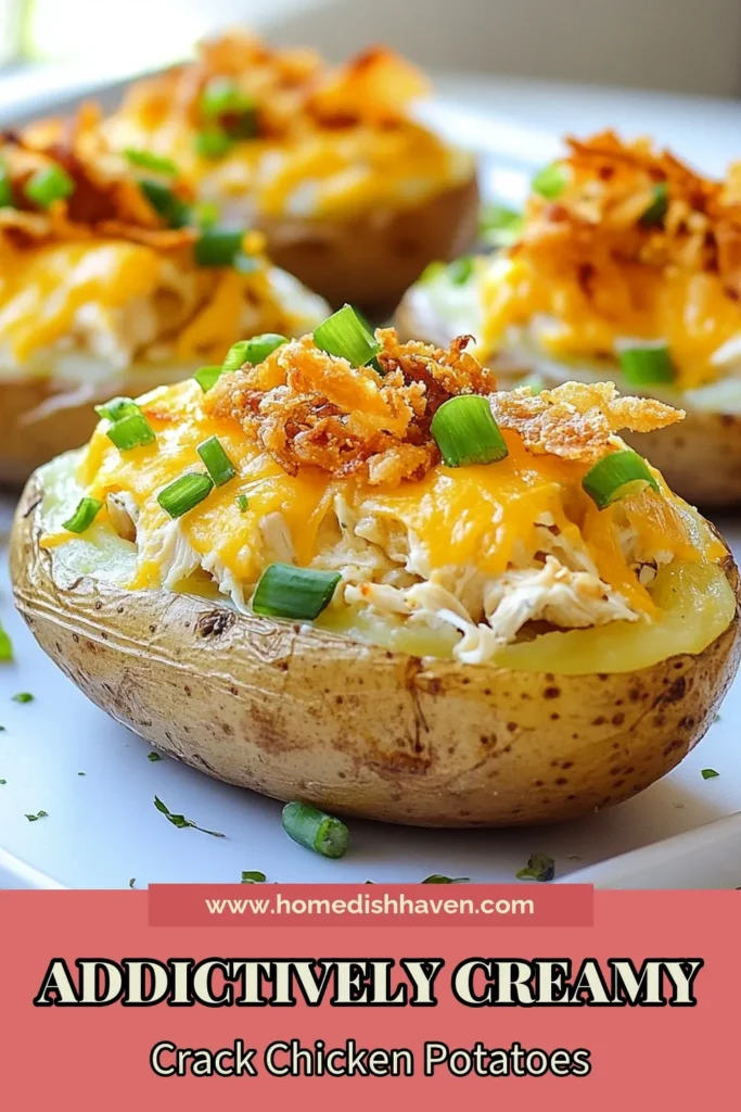 Indulge in these delicious Crack Chicken Stuffed Potatoes! This easy stuffed potatoes recipe combines creamy chicken with tangy ranch and sharp cheddar for the ultimate baked potato filling idea. Perfect for a hearty meal, this recipe takes just 15 minutes of prep. Impress your friends with these creamy chicken potatoes, and don’t forget to save this recipe for later! #CrackChicken #StuffedBakedPotatoes #EasyStuffedPotatoes #ComfortFood
