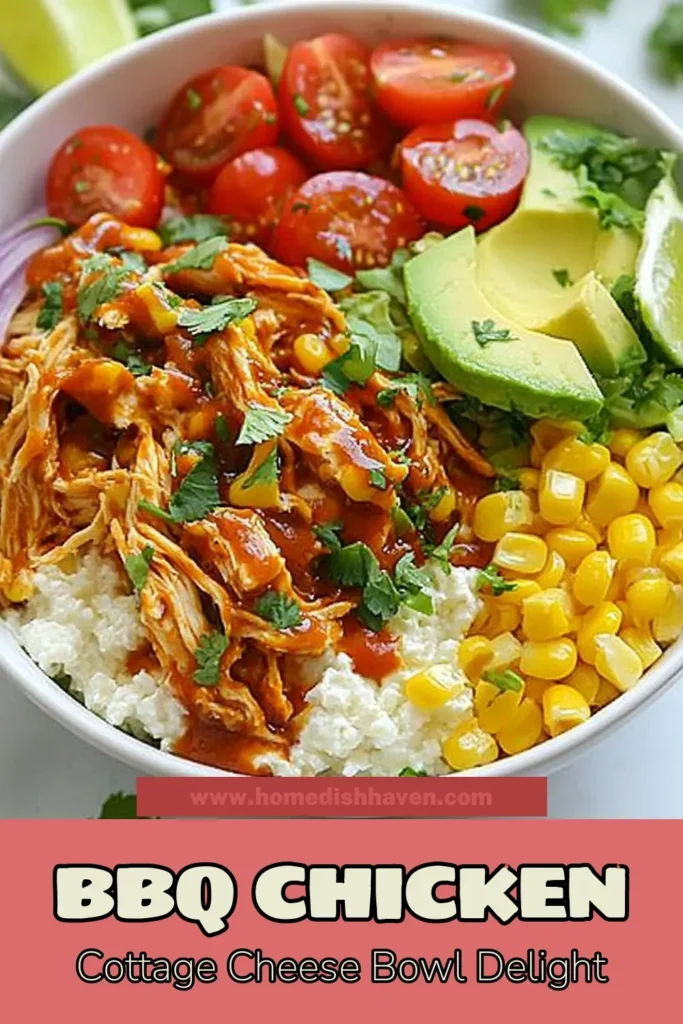 Savor this delicious BBQ Chicken Cottage Cheese Bowl! This easy BBQ chicken recipe features shredded chicken coated in your favorite BBQ sauce, served over creamy cottage cheese. Packed with fresh ingredients like cherry tomatoes, avocado, and corn, this healthy BBQ chicken meal is perfect for any occasion. Try this BBQ chicken bowl recipe today for a nutritious twist on comfort food. Pin it now! #BBQChickenBowl #HealthyRecipes #CottageCheese #EasyMeals