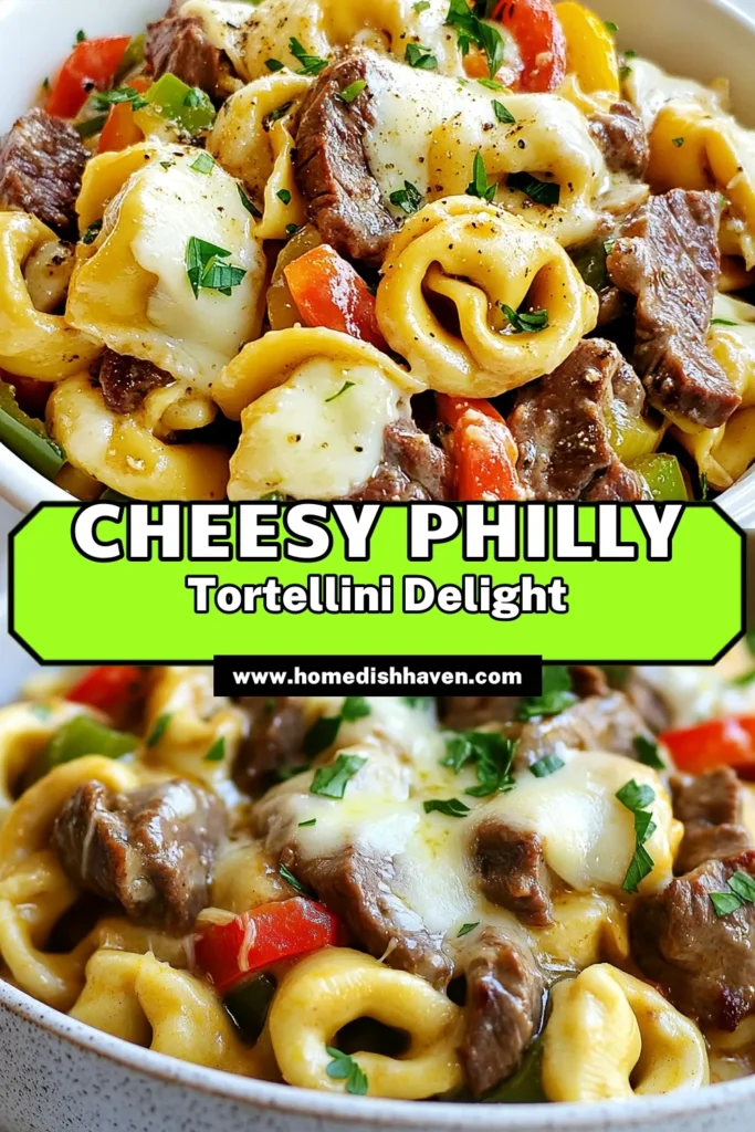 Indulge in the rich flavors of Philly Cheesesteak Pasta with this easy tortellini recipe! This creamy cheesesteak dish featuring tender beef tortellini, sautéed peppers, and a luscious four-cheese sauce makes for an unforgettable dinner. Perfect for busy nights, this meal will impress family and friends alike. Try this quick and delicious beef tortellini meal tonight and make dinner a breeze! Save and enjoy today! #PhillyCheesesteakPasta #TortelliniRecipe #EasyDinnerIdeas #CreamyCheesesteakDish