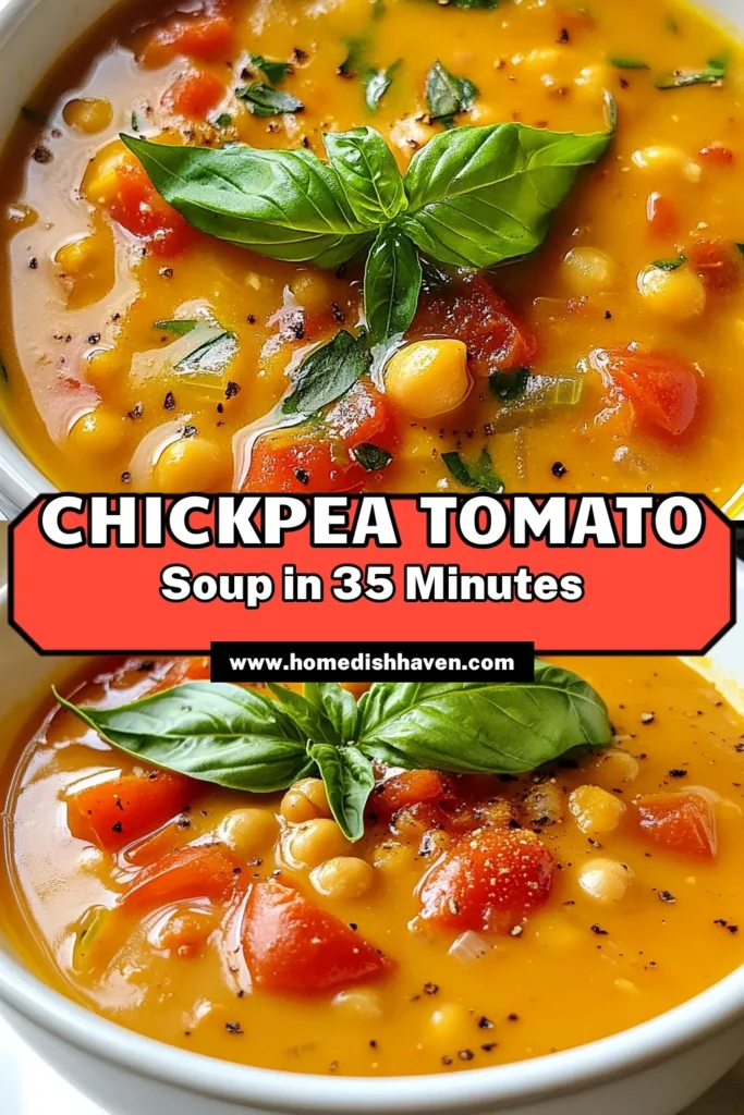 Indulge in this Chickpea Tomato Soup, a delightful vegetarian soup recipe that’s both healthy and comforting. Packed with chickpeas and vibrant tomatoes, this easy chickpea recipe is perfect for any meal. Ready in just 35 minutes, it's a nourishing option that the whole family will love. Try this delicious comfort food soup today and satisfy your cravings! Save this recipe for later! #ChickpeaTomatoSoup #VegetarianRecipes #HealthySoup #ComfortFood