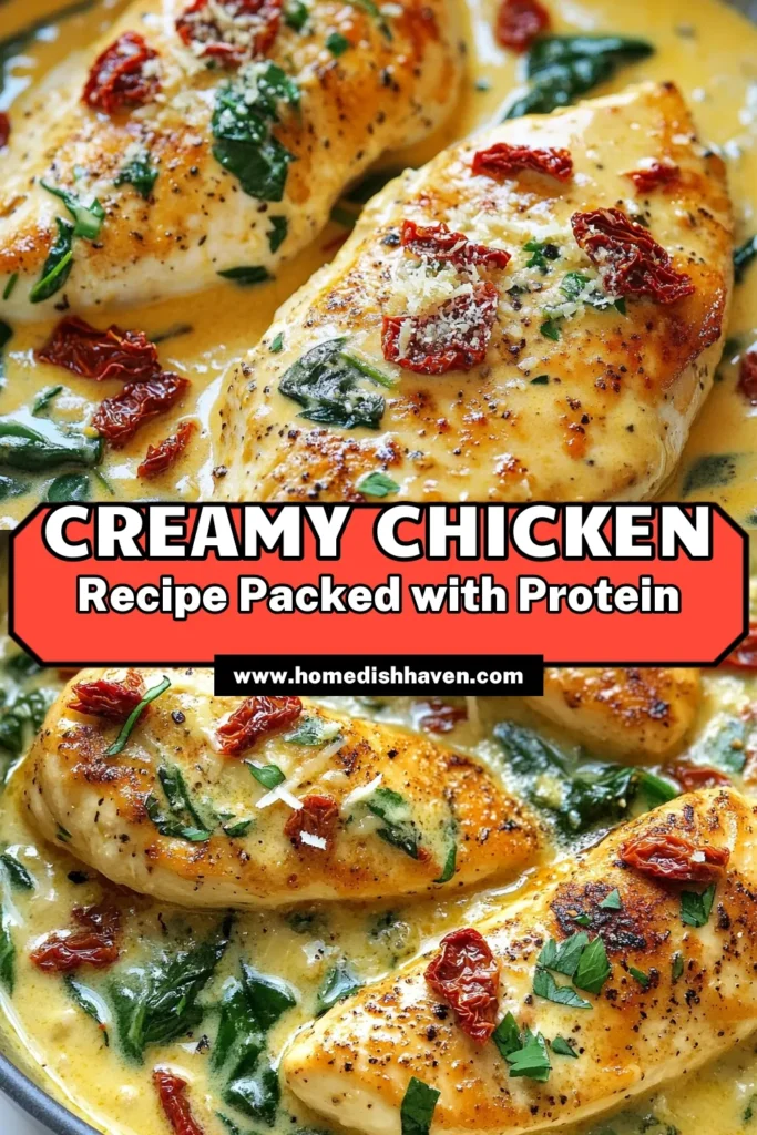 Discover the ultimate high protein chicken recipe with this creamy chicken dish that's perfect for a healthy chicken dinner. Made with Greek yogurt chicken for a delicious and nutritious twist, this easy chicken skillet recipe combines tender chicken breasts, fresh spinach, and sun-dried tomatoes. Elevate your weeknight meals in just 30 minutes. Save this recipe for later and start cooking! #HealthyEating #DinnerIdeas #ChickenRecipes #ProteinPackedMeals