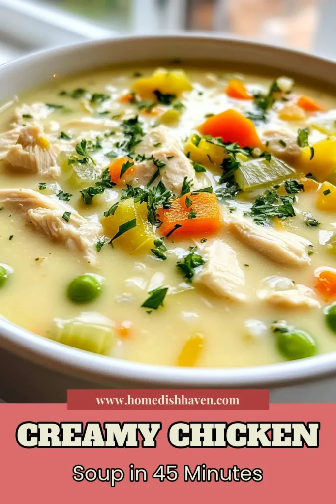 Warm up with this creamy chicken soup recipe that's perfect for cozy nights! This homemade chicken and rice soup is packed with tender chicken, nutritious veggies, and flavorful herbs, making it the ultimate comforting chicken soup. Ready in just 45 minutes, this quick chicken soup with rice is both easy to make and delicious. Don’t miss out—try this easy creamy chicken soup today! Save for later! #CreamyChickenSoup #ChickenAndRiceSoup #ComfortFood #QuickRecipes