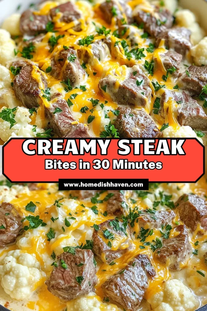 Indulge in this creamy steak bites recipe that brings together tender sirloin and a flavorful cauliflower skillet! This low carb steak bites dish is not only easy to make but also perfect for a quick creamy steak dinner. Enjoy the rich flavors of melted cheddar cheese and fresh herbs. Try this delicious sirloin steak cauliflower dish tonight and elevate your dinner game! Save this recipe to impress your family! #steakbites #cauliflower #lowcarbmeal #easyrecipe