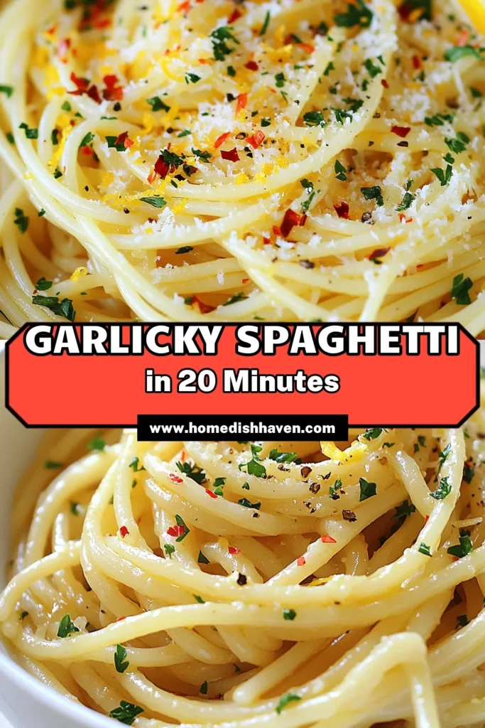 Indulge in this flavorful garlicky spaghetti recipe that’s perfect for any occasion! Our easy spaghetti dishes come together in just 20 minutes, making it a quick pasta recipe ideal for busy weeknights. This vegan spaghetti recipe features spaghetti with garlic and olive oil, enhanced with red pepper flakes and a hint of lemon. Try it today and elevate your dining experience! Save this recipe for later! #SpaghettiAglioEOlio #QuickPasta #VeganRecipes #GarlickyGoodness