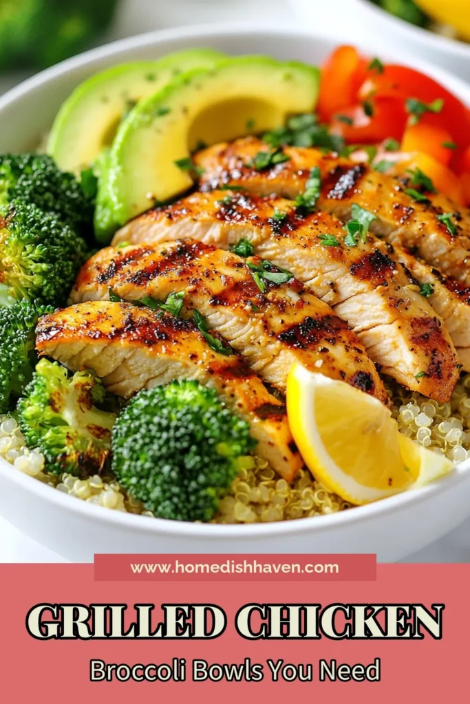 Discover the ultimate grilled chicken bowls with our Grilled Chicken Broccoli Bowls recipe! This healthy meal prep combines juicy grilled chicken and vibrant broccoli in a satisfying broccoli quinoa recipe. Perfect for avocado chicken bowls, this easy grilled chicken recipe is both delicious and nutritious. Ready to elevate your meals? Save this recipe and enjoy healthy eating! #MealPrep #HealthyRecipes #GrilledChicken #QuinoaBowls