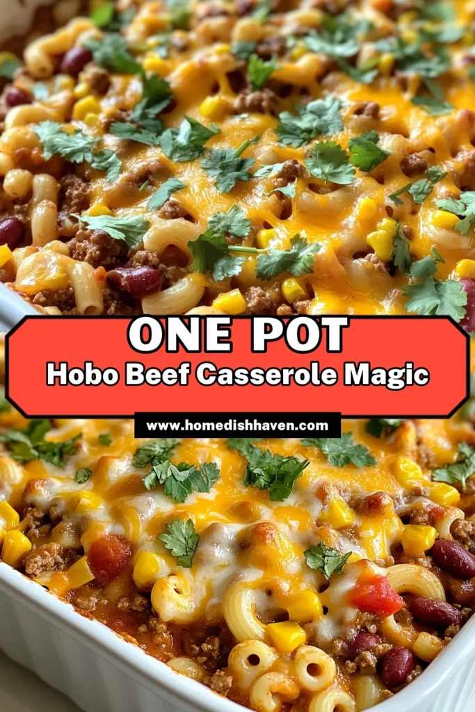 Discover the ultimate comfort food with this Hobo Beef Casserole recipe! Packed with ground beef, kidney beans, corn, and cheesy macaroni, this dish is a perfect example of easy casserole dishes. It's a one pot meal that's easy to prepare and sure to please the whole family. Enjoy this hearty meal in just 55 minutes! Save this recipe now and bring cheesy goodness to your dinner table. #HoboBeefCasserole #GroundBeefRecipes #EasyCasseroleDishes #OnePotMeals