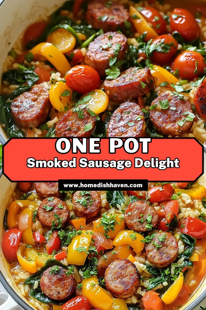 Discover the ultimate savory one pot meal with this delicious smoked sausage recipe! Perfect for a busy weeknight, this easy one pot dinner combines smoked sausage, colorful bell peppers, and fresh spinach in a hearty, healthy dinner recipe. Experience the tasty smoked sausage medley that your family will love. Try it tonight and simplify your cooking! Save this recipe for quick dinner inspiration! #OnePotMeal #SmokedSausage #DinnerRecipes #HealthyEating