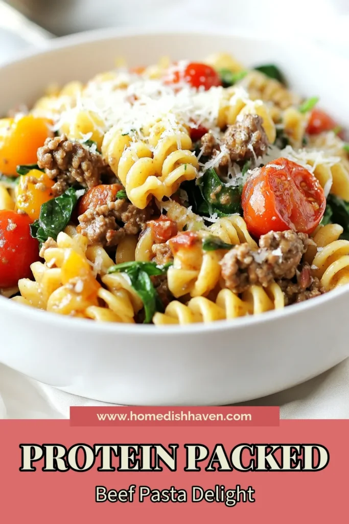 Discover a delicious high protein beef pasta recipe that combines lean ground beef with whole wheat pasta for a nutritious meal. This healthy beef pasta recipe features fresh spinach, cherry tomatoes, and aromatic herbs, making it a perfect option for quick dinner recipes. Ready in just 30 minutes, it's great for busy weeknights. Save this recipe for a tasty and satisfying meal your family will love! #HighProteinBeefPasta #LeanGroundBeefRecipes #WholeWheatPastaDishes #QuickDinnerRecipes