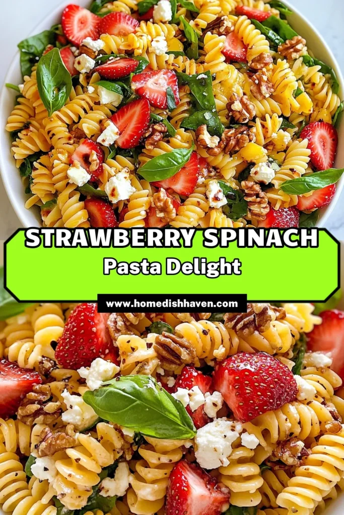 Discover a delightful Strawberry Spinach Pasta Salad that will be your go-to for summer! This healthy pasta salad recipe features rotini pasta, fresh spinach, and juicy strawberries, making it perfect for warm days. With feta and walnuts adding a tasty crunch, it's a fresh spinach salad with strawberries everyone will love. Whip up this vibrant dish today! Save it for your next gathering! #StrawberrySpinachPastaSalad #SummerPastaSaladRecipes #HealthyPastaSaladRecipes #RotiniPastaSalad