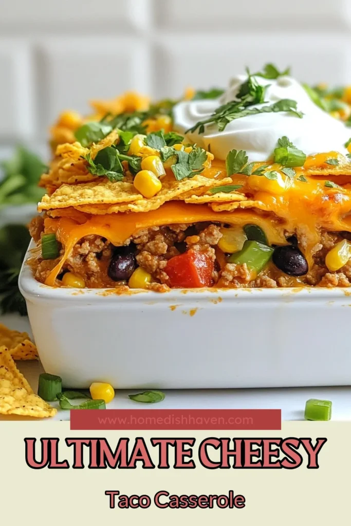 Savor the deliciousness of this Cheesy Taco Casserole, a must-try ground beef taco recipe that's perfect for an easy casserole dinner. Layered with cheesy goodness and crunchy tortilla chips, this cheesy bean casserole will impress everyone at your table. Ready in just 45 minutes, it's the ultimate comfort food! Try this Taco Casserole with Tortilla Chips tonight and enjoy a flavorful meal. Save this recipe now! #TacoCasserole #CheesyDinner #EasyDinner #CasseroleRecipe
