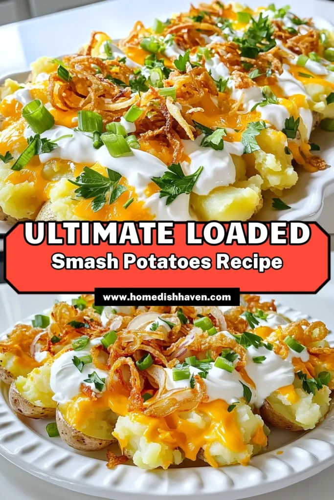 Indulge in the ultimate comfort food with loaded smash potatoes! This recipe combines perfectly cooked baby potatoes, crispy edges, and a creamy topping of cheddar cheese, sour cream, and green onions. Discover how to make these irresistible smash potatoes that are sure to impress at your next gathering. Click through for step-by-step instructions and add this delicious dish to your meal plan today! #LoadedSmashPotatoes #ComfortFood #PotatoRecipes #EasyCooking