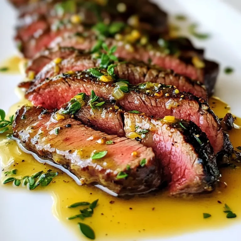 To make the Bavette Steak with Roasted Garlic Sauce, you need the following ingredients: - 1 lb bavette steak - 1 tablespoon olive oil - Salt and freshly ground pepper to taste - 1 whole head of garlic - 4 tablespoons unsalted butter - 1 tablespoon fresh thyme leaves, chopped - 1 tablespoon Dijon mustard - 1 tablespoon balsamic vinegar - 1/2 cup beef broth - Fresh parsley, chopped (for garnish) If you need to swap some ingredients, here are great options: - Instead of olive oil, you can use avocado oil or canola oil. - For unsalted butter, feel free to use ghee or margarine. - If you don’t have fresh thyme, dried thyme works well, but use less. - You can replace balsamic vinegar with red wine vinegar for a different taste. - If beef broth is not on hand, chicken broth is a good alternative. When selecting bavette steak, look for these signs of quality: - Choose a cut that is bright red with good marbling. This means it has fat running through it, which adds flavor. - Avoid any meat with brown spots or an overly dry appearance. - If possible, buy from a butcher who can give you details about the meat's source and age. - Freshness is key, so check for a sell-by date and choose the freshest cut available. These tips will help you enjoy a rich and savory steak experience! {{ingredient_image_2}} Start by preheating your oven to 400°F (200°C). Take a whole head of garlic and slice off the top quarter. This exposes the tasty cloves. Place the garlic on a piece of aluminum foil. Drizzle a bit of olive oil over the cloves. Wrap it tightly in the foil and put it in the oven. Roast it for about 30-35 minutes. The cloves should be soft and golden when done. Let it cool, then squeeze the roasted garlic out of the skins into a bowl. Use a fork to mash it into a smooth paste. This sauce adds a rich flavor to your steak. While the garlic cooks, take your bavette steak. Rub a tablespoon of olive oil over its surface. Season both sides with salt and freshly ground pepper. This adds taste and depth. Let the steak sit at room temperature for about 20 minutes. This step helps the flavors soak in, making each bite better. Heat a heavy skillet or grill pan over medium-high heat. Make sure it gets very hot. Place the marinated bavette steak in the pan. Sear it for about 4-5 minutes on each side. Check the thickness of the steak for the right cooking time. For medium-rare, aim for an internal temperature of 130-135°F (54-57°C). Once cooked, take the steak out and cover it loosely with aluminum foil. Let it rest for 5-10 minutes. This lets the juices redistribute, ensuring every bite is juicy and tender. To get the right doneness for your bavette steak, use a meat thermometer. For medium-rare, the steak should reach 130-135°F (54-57°C). Here are some tips to help you succeed: - Sear it well: Start with a hot pan. This gives a great crust. - Rest the steak: After cooking, let it sit for 5-10 minutes. This keeps the juices inside. - Cut against the grain: This makes each bite tender and easy to chew. The roasted garlic sauce is key to this dish. Here’s how to make it even better: - Use fresh garlic: Fresh garlic gives a sweeter taste than old garlic. - Add herbs: Mixing in fresh thyme adds depth. Feel free to add rosemary for more flavor. - Balance flavors: The balsamic vinegar adds tang. Adjust the amount to match your taste. A well-presented dish makes your meal feel special. Here’s how to serve your bavette steak with flair: - Slice carefully: Cut the steak into thin strips against the grain. This helps with tenderness. - Arrange artfully: Fan the slices on a warm plate. This looks nice and inviting. - Drizzle the sauce: Pour the roasted garlic sauce over the steak. It adds shine and flavor. - Garnish: Top with fresh parsley or a sprig of thyme. This adds a pop of color. Try these tips to make your bavette steak shine at the dinner table! Pro Tips Rest the Steak: Letting the steak rest after cooking allows the juices to redistribute, resulting in a more flavorful and tender bite. Use Fresh Herbs: Fresh thyme adds a fragrant note to the sauce. Consider mixing in other herbs like rosemary or oregano for additional depth of flavor. Perfect Sear: To achieve a beautiful crust, ensure your skillet or grill pan is adequately preheated before adding the steak. This helps lock in the juices. Customize Your Sauce: Feel free to adjust the acidity of the sauce by adding more balsamic vinegar or sweetness with a touch of honey, based on your taste preference. {{image_4}} You can switch up the roasted garlic sauce for other tasty options. Here are some ideas: - Chimichurri Sauce: This fresh sauce blends parsley, garlic, vinegar, and olive oil. It pairs well with the steak's rich flavor. - Blue Cheese Butter: Mix softened butter with crumbled blue cheese. Spread it on the hot steak for a creamy touch. - Gorgonzola Cream Sauce: Create a rich sauce by melting gorgonzola cheese with cream. This adds a nice tangy flavor. Complement your bavette steak with delicious sides. Here are some great choices: - Roasted Vegetables: Carrots, potatoes, and bell peppers roasted until golden add color and flavor. - Garlic Mashed Potatoes: Creamy mashed potatoes with a hint of garlic bring comfort to the plate. - Crisp Salad: A fresh salad with mixed greens and light vinaigrette balances the steak's richness. You can cook bavette steak in two main ways. Both methods yield tasty results. - Grilling: This method gives the steak a smoky flavor. Preheat the grill and sear the steak over high heat for a few minutes on each side. - Skillet: Cooking in a skillet allows for a great sear and easy sauce-making. Heat a heavy skillet and sear the steak for a nice crust. Choose the method that fits your kitchen tools and taste! To keep your leftover bavette steak fresh, use these simple tips: - Cool it down: Let the steak cool to room temperature before storing. - Wrap it up: Use plastic wrap or aluminum foil to tightly cover the steak. This prevents air from getting in and keeps it moist. - Use an airtight container: Place the wrapped steak in an airtight container. This adds extra protection against odors in the fridge. If you want to store your bavette steak for longer, freezing is a great option. Here’s how to do it: - Wrap securely: Follow the same wrapping steps as before. Ensure no air can enter the packaging. - Label and date: Use a marker to write the date on the package. This helps you keep track of how long it's been in the freezer. - Thaw properly: When ready to eat, thaw your steak in the fridge overnight. This keeps it safe and tasty. - Reheat gently: Warm the steak in a skillet over low heat. Avoid high heat to keep it juicy. Roasted garlic sauce can last a bit longer if stored right: - In the fridge: Keep the sauce in a sealed jar for up to one week. - In the freezer: You can freeze it for up to three months. Just pour it into an ice cube tray for easy portions. - Check before use: Before using, always check for any off smells or changes in color. If it seems off, it’s best to toss it. By following these tips, you can enjoy your delicious bavette steak and roasted garlic sauce long after the meal! Bavette steak is a cut from the flank of the cow. It is known for its rich flavor and tender texture. This cut has a loose grain, which makes it great for marinating and grilling. When cooked right, bavette steak is juicy and full of beefy taste. It is perfect for quick cooking methods like grilling or pan-searing. Bavette steak and flank steak come from the same area but differ in texture and flavor. Bavette is usually thicker and more tender than flank steak. Bavette also has more marbling, which adds flavor and juiciness. Flank steak is leaner and can be tougher if overcooked. Both cuts are great for marinating, but bavette offers a richer taste and softer bite. Yes, you can make the garlic sauce ahead of time. Roast the garlic and mix it into the sauce. Store it in the fridge for up to three days. To reheat, warm it gently on the stove. This will save time when you are ready to cook your bavette steak. Just remember to stir well before serving to mix the flavors. This blog post covered key ingredients for Bavette steak and roasted garlic sauce. I shared tips on choosing quality steak and how to marinate it. You learned step-by-step cooking instructions and discovered tips for perfect doneness and flavor. I also discussed variations, storage practices, and answered common questions. Now, dive into making your Bavette steak. Use these steps to impress at your next meal. Try new flavors, and enjoy this delicious dish!