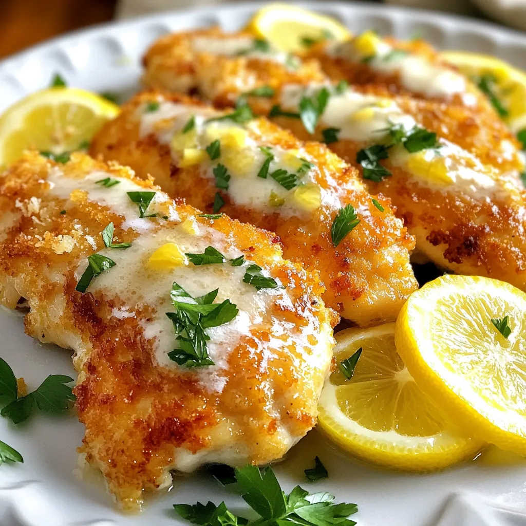 - 4 boneless, skinless chicken breasts - 1 cup all-purpose flour - 1 cup grated Romano cheese - 2 large eggs - 2 tablespoons milk - 1 teaspoon garlic powder - 1 teaspoon dried oregano - 1 teaspoon salt - ½ teaspoon black pepper - ½ cup olive oil (for frying) - 2 lemons (one for zesting and juicing, one sliced for garnish) For Lemon Chicken Romano, quality ingredients make a big difference. I like to use fresh chicken breasts. They cook evenly and stay juicy. The all-purpose flour helps create a nice crust. Grated Romano cheese adds a salty, tangy flavor. Garlic powder and oregano bring warmth to the dish. - Fresh parsley, chopped - Lemon slices Garnishing is key to presentation. Fresh parsley adds a pop of color and fresh taste. Lemon slices not only look great but also give a citrusy kick. If you can't find Romano cheese, Parmesan works well too. For a gluten-free option, use almond flour instead of all-purpose flour. You can skip the milk in the egg mixture if you're out. Just whisk the eggs alone; it still coats the chicken well. {{ingredient_image_2}} Start by taking the chicken breasts. Use a meat mallet to pound them gently. Aim for an even thickness of about ½ inch. This helps them cook well. After that, use paper towels to pat them dry. Removing excess moisture is key for a great sear. Next, set up your coating station. In a shallow dish, mix the all-purpose flour, garlic powder, dried oregano, salt, and black pepper. In another bowl, whisk the eggs and milk until smooth. Dip each chicken breast into the flour mixture first. Make sure it is covered well. Then, dip it into the egg mix and let the excess drip off. For the final touch, coat it again in the flour mixture. Press grated Romano cheese onto the chicken to make the flavor pop. Heat the olive oil in a large skillet over medium-high heat. When the oil shimmers, lay the coated chicken breasts in the skillet. Cook them for about 5-7 minutes on each side. Look for a golden brown color and check that they reach an internal temperature of 165°F (75°C). While the chicken cooks, zest one lemon and then juice it. Set both aside. Once the chicken is done, place it on a paper towel-lined plate. This helps absorb extra oil. Lower the heat and pour in the lemon juice. Add the zest and scrape the bottom of the skillet. Let this simmer for 1-2 minutes until it thickens slightly. Finally, serve the chicken topped with the lemon sauce, lemon slices, and chopped parsley. Enjoy your flavorful meal! To get great chicken, start with even thickness. Pound each chicken breast to about ½ inch. This helps them cook evenly. Dry the chicken with paper towels to remove excess moisture. Use medium-high heat for frying. Cook the chicken for 5-7 minutes on each side. Use a meat thermometer to check for 165°F (75°C). This ensures the chicken is safe and juicy. Adding the right flavors makes this dish pop. Use fresh lemon juice for the sauce. The zest adds a bright taste. Don't skip pressing the Romano cheese onto the chicken. This gives a cheesy crust that pairs well with the lemon. Fresh parsley as a garnish not only looks nice but adds a fresh taste too. Avoid cooking chicken straight from the fridge. It should be at room temperature. This helps it cook more evenly. Don’t rush the frying process. If the oil isn’t hot enough, the chicken will absorb too much oil. Finally, don’t skip the lemon sauce. It pulls all the flavors together and makes the dish special. Pro Tips Even Thickness: Pounding the chicken breasts to an even thickness ensures they cook uniformly, preventing dry or undercooked spots. Double Coating: For an extra crispy and cheesy crust, double-coat the chicken by dipping it in the egg mixture twice before the final flour and cheese coating. Heat Control: Keep an eye on the oil temperature; if it’s too hot, the chicken will brown too quickly without cooking through. Medium-high heat is ideal. Lemon Zest: Adding lemon zest to the sauce not only enhances the flavor but also gives a vibrant aroma that elevates the dish. {{image_4}} You can easily switch up the flavors in Lemon Chicken Romano. Add fresh herbs to the flour mix for a twist. Try adding chopped thyme, rosemary, or basil. These herbs work well with lemon and cheese, creating a great taste. You can also mix in some Italian seasoning for a more robust flavor. If you need a gluten-free option, swap the all-purpose flour for a gluten-free blend. Many brands offer great alternatives that work well in this recipe. You can also use almond flour or coconut flour as options. Just make sure to adjust the cooking time if needed. When serving Lemon Chicken Romano, pair it with a fresh salad or steamed veggies. A side of roasted potatoes or rice goes well too. These sides will soak up the lemon sauce and add to the meal's fun. For a tasty touch, offer lemon wedges on the side for extra zing. To store leftover Lemon Chicken Romano, place it in an airtight container. Make sure the chicken is cool before sealing it. This keeps moisture in and prevents drying. Store it in the fridge for up to three days. You can also separate the chicken from the sauce to maintain texture. When reheating, use a skillet for best results. Heat it on medium-low. Add a splash of water or chicken broth to keep the chicken moist. Cook for about five minutes, flipping halfway. You can also microwave it. Place the chicken on a microwave-safe plate, cover with a damp paper towel, and heat for about 1-2 minutes. To freeze, wrap Lemon Chicken Romano tightly in plastic wrap, then place it in a freezer bag. Remove as much air as possible. This prevents freezer burn. It can last up to three months in the freezer. When ready to eat, thaw it in the fridge overnight before reheating. You can serve Lemon Chicken Romano with many sides. Here are some great options: - Steamed broccoli - Garlic mashed potatoes - Simple green salad - Lemon rice - Roasted carrots These dishes add color and balance to your meal. The sides also complement the lemony taste of the chicken. Yes, you can swap Romano cheese for other cheeses. Some good choices are: - Parmesan cheese - Pecorino cheese - Grated mozzarella These cheeses melt well and add flavor. Each cheese gives a unique twist to the dish. To check if the chicken is done, use a meat thermometer. Insert it into the thickest part. The chicken should reach 165°F (75°C). You can also cut into the chicken. If the juices run clear, it's cooked through. To zest a lemon, use a microplane or a fine grater. Follow these steps: 1. Wash the lemon well. 2. Hold the lemon in one hand. 3. Gently scrape the grater over the lemon skin. Only take off the yellow part. Avoid the white pith, as it tastes bitter. Use the zest to add bright flavor to your dishes! This blog post covered everything you need for Lemon Chicken Romano. We explored main ingredients, how to prepare and cook the dish, and tips for the best results. You learned about tasty variations, storage tips, and common questions. By following this guide, you can make a delicious meal. Don’t be afraid to try new ingredients or flavors. Enjoy cooking and sharing this lovely dish with others.