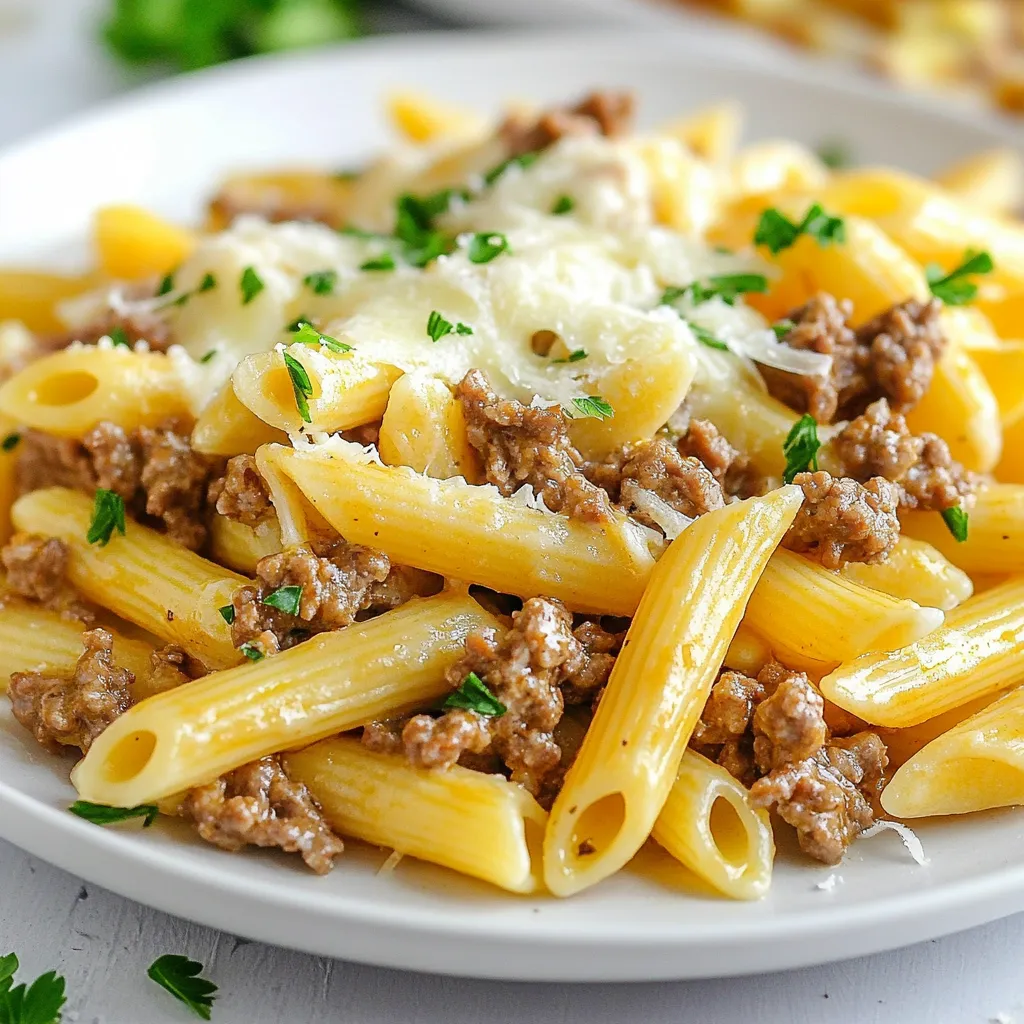 - 8 oz penne pasta - 1 lb ground beef - 4 cloves garlic, finely minced - 1 cup heavy cream - 1 cup shredded mozzarella cheese - 1/2 cup finely grated Parmesan cheese - 1 tablespoon extra virgin olive oil - 1 teaspoon Italian seasoning blend - Salt and freshly ground pepper to taste - Fresh parsley, chopped, for garnishing You will need 8 ounces of penne pasta. This amount serves about four people. For the meat, use 1 pound of ground beef. The garlic adds flavor, so use 4 cloves minced. Heavy cream gives the sauce its richness, so you'll want 1 cup. For cheese, use 1 cup of shredded mozzarella and 1/2 cup of grated Parmesan. Extra virgin olive oil is used for cooking the beef, so a tablespoon is enough. A teaspoon of Italian seasoning adds great flavor, while salt and pepper will enhance all the tastes. Fresh parsley makes a lovely garnish. You can add more grated Parmesan on top for extra flavor. A sprinkle of red pepper flakes could add some heat if you like it spicy. A few slices of fresh basil can also make the dish pop with fresh taste. {{ingredient_image_2}} Start by boiling water in a large pot. Add salt to the water to enhance the flavor. Once the water is boiling, add 8 oz of penne pasta. Cook it for about 8-10 minutes until it is al dente. Stir occasionally to prevent sticking. When done, drain the pasta in a colander. Save a cup of water from the pot for later use. This helps if the sauce gets too thick. In a large skillet, heat 1 tablespoon of extra virgin olive oil over medium heat. Add 1 lb of ground beef to the skillet. Use a wooden spoon to break it apart. Cook the beef for 5-7 minutes until it is browned and no pink remains. If there is too much fat, drain it carefully. This step adds flavor and texture to your dish. Next, add 4 finely minced cloves of garlic to the beef. Stir and cook for 1-2 minutes. You want the garlic fragrant but not brown. Burning garlic makes it bitter. After that, lower the heat to a gentle simmer. Pour in 1 cup of heavy cream, mixing well. Add 1 teaspoon of Italian seasoning, salt, and freshly ground pepper. Let this simmer for 3-5 minutes. The sauce should thicken slightly during this time. Now it’s time to add cheese! Gradually mix in 1 cup of shredded mozzarella and 1/2 cup of finely grated Parmesan cheese. Stir continuously until the cheese melts completely. This will make your sauce rich and creamy. The combination of these cheeses adds a delicious depth of flavor. Add the drained penne pasta to the beef and sauce mixture. Gently toss the pasta so it is evenly coated. If the sauce is too thick, add a little of the reserved pasta water. Heat everything together for another 2-3 minutes. This step ensures that every bite is flavorful and creamy. Once everything is heated through, remove it from the heat. Transfer the Cheesy Penne with Garlic Beef to a serving platter or bowls. Garnish with fresh chopped parsley for a pop of color. This dish pairs well with garlic bread and a simple salad. It makes for a delightful meal that you and your family will love. Enjoy! To make a creamy sauce, use heavy cream. It adds a rich texture. If your sauce is too thick, add some pasta water. This water helps loosen the sauce without losing flavor. Stir the sauce often while it simmers. This keeps it from sticking or burning. When cooking garlic, mince it finely. This allows it to cook evenly. Add it to the pan after the beef browns. Cook the garlic for just 1-2 minutes. Too long will make it bitter. You want it fragrant and soft, not brown. Use shredded cheese for easy melting. Mix mozzarella and Parmesan together. Add the cheese gradually to the sauce. Stir constantly until the cheese melts smoothly. If it clumps, lower the heat and keep stirring. This ensures a creamy sauce without lumps. Pro Tips Use Fresh Garlic: For the best flavor, always use fresh garlic instead of pre-minced options. Fresh garlic adds a robust taste that enhances the dish. Cheese Variations: Feel free to mix your favorite cheeses! Combining mozzarella with provolone or fontina can provide a unique flavor profile. Don’t Overcook the Pasta: Ensure you cook the penne to al dente. It will continue to cook slightly when mixed with the sauce, preventing it from becoming mushy. Enhance with Vegetables: Add sautéed bell peppers, spinach, or mushrooms to the beef mixture for added nutrition and flavor. {{image_4}} You can easily add vegetables to this dish for extra flavor and nutrition. Spinach, broccoli, and bell peppers work well. Just chop them into bite-sized pieces. Sauté them with the garlic before adding the cream. This step helps the veggies soften and blend into the dish. You can also try zucchini or peas for a pop of color and taste. If you want to change the protein, try ground turkey or chicken. These options give a lighter taste while keeping it rich. For a meat-free meal, use lentils or chickpeas. They add protein and fiber, making the dish hearty and filling. You can also use plant-based ground meat for a vegan option. Just follow the same steps in the recipe. To make this dish gluten-free, swap the penne pasta for gluten-free pasta. Many brands offer great options that taste just as good. Be sure to check the packaging for cooking times. The rest of the recipe stays the same. You can enjoy Cheesy Penne with Garlic Beef without worrying about gluten. After you enjoy your Cheesy Penne with Garlic Beef, store leftovers in a tight container. Let the dish cool first. You can keep it in the fridge for up to three days. Make sure to cover it well to keep the flavors fresh. To reheat, place the leftovers in a skillet over low heat. Add a splash of water or cream to keep the sauce creamy. Stir often until hot. You can also use the microwave. Heat in short bursts, stirring in between. This way, the dish stays creamy and tasty. You can freeze Cheesy Penne with Garlic Beef for later. Place it in a freezer-safe container. Make sure to leave some space for expansion. It can stay in the freezer for up to three months. When ready to eat, thaw it in the fridge overnight. Reheat as mentioned before for the best taste. To add spice, try using red pepper flakes. Start with a pinch. You can add more if you like it hotter. Another option is to use spicy Italian sausage instead of ground beef. This will bring a new flavor and heat. Yes, you can use half-and-half or whole milk. The sauce will be lighter but still tasty. For a dairy-free option, use coconut cream or cashew cream. These will change the flavor but keep it creamy. Cheesy Penne with Garlic Beef goes great with garlic bread. A simple green salad adds freshness too. You can also serve it with steamed broccoli for some crunch. These sides balance the rich flavors of the dish. This blog post covered all you need to know to make Cheesy Penne with Garlic Beef. We looked at the right ingredients, how to cook the pasta and beef, and tips for the best sauce. I shared ways to store leftovers and how to make tasty variations. With these steps, you can enjoy a great meal with ease. Try it out and make it your own!