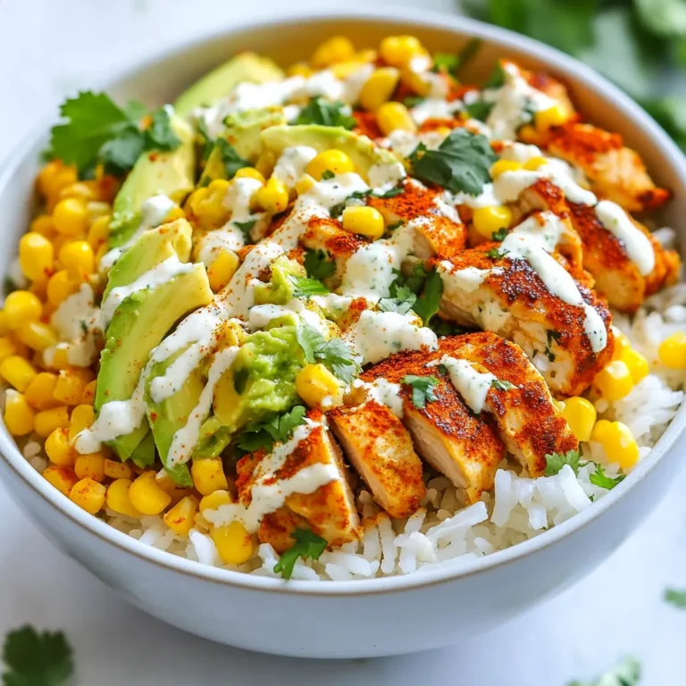 - 2 cups cooked white rice - 1 lb chicken breast, diced - 1 cup corn kernels - 1 red bell pepper, diced - 1/2 cup red onion, finely chopped - 1 ripe avocado, sliced - 1 cup cotija cheese, crumbled - Fresh cilantro leaves - 1/4 cup mayonnaise - 2 tablespoons freshly squeezed lime juice - 1 teaspoon smoked paprika - 1 teaspoon chili powder - Salt and pepper - 1 tablespoon olive oil In this recipe, we start with simple yet vital ingredients. The base is 2 cups of cooked white rice. It holds everything together and adds a nice texture. Next, we have 1 pound of chicken breast, diced into bite-sized pieces. This chicken brings protein and flavor. We also use 1 cup of corn kernels. Fresh or frozen works well and adds sweetness. For the vegetables and toppings, we include 1 diced red bell pepper and 1/2 cup of finely chopped red onion. These add color and crunch. A sliced ripe avocado gives creaminess to the dish. We finish with 1 cup of crumbled cotija cheese for a salty kick and some fresh cilantro leaves for a bright touch. To bring it all together, we add seasonings and dressings. Use 1/4 cup of mayonnaise mixed with 2 tablespoons of lime juice for a zesty sauce. A teaspoon each of smoked paprika and chili powder adds depth. Don’t forget salt and pepper to taste, along with 1 tablespoon of olive oil for cooking. These ingredients combine to create a colorful and tasty meal. Each bite is packed with flavor and texture. {{ingredient_image_2}} Heat a tablespoon of olive oil in a large skillet over medium heat. Once hot, add one pound of diced chicken breast. Season the chicken with smoked paprika, chili powder, salt, and pepper. Cook it for eight to ten minutes. Stir occasionally until the chicken turns golden brown and is fully cooked. Remove the skillet from the heat and set the chicken aside. In the same skillet, add one cup of corn kernels and one diced red bell pepper. Sauté them for about three to four minutes. Stir gently until the corn has a slight char and the peppers are tender. Once cooked, take the skillet off the heat. In a small bowl, whisk together a quarter cup of mayonnaise and two tablespoons of freshly squeezed lime juice. This creamy lime sauce will bring a bright flavor to the bowls. Start by putting two cups of cooked white rice at the bottom of each serving bowl. Next, layer on the cooked chicken. Add the sautéed corn and peppers, followed by attractive slices of avocado on top. Drizzle the creamy lime sauce generously over each bowl. Then, sprinkle crumbled cotija cheese for added flavor. If you like, garnish with fresh cilantro leaves to make the dish pop. Serve the Street Corn Chicken Bowls while they are warm and fresh. This will ensure you enjoy the best flavors and textures. You can also add lime wedges for an extra zing! To cook chicken just right, start with fresh meat. Cut your chicken into bite-sized pieces for even cooking. Heat olive oil in a skillet over medium heat. When the oil is hot, add your seasoned chicken. Use smoked paprika and chili powder for great flavor. Stir the chicken often. Cook it for about 8-10 minutes. Look for a golden brown color and ensure it’s cooked through. Always check the thickest part to avoid any pink. Once done, set it aside to rest. This helps keep it juicy. To get that charred flavor in corn, use high heat. You can use fresh corn or frozen kernels. If using frozen, let them thaw first. After cooking your chicken, use the same skillet. This adds flavor from the chicken bits left behind. Add the corn and diced red bell pepper. Sauté them for about 3-4 minutes. Stir gently to avoid breaking the corn. Look for a slight char on the corn. This gives that smoky taste we love in street corn. To keep your Street Corn Chicken Bowls fresh, store each part separately. Place rice, chicken, and veggies in different containers. This keeps textures nice. Make sure the lids are tight to avoid drying out. In the fridge, they should last for about 3-4 days. When reheating, use the microwave or stovetop. Add a splash of water to keep things moist. Heat gently to avoid overcooking. Enjoy your leftovers warm and tasty! Pro Tips Perfectly Cooked Chicken: To ensure your chicken remains juicy, avoid overcooking it. Remove it from the heat once it reaches an internal temperature of 165°F (74°C). Fresh Corn Flavor: If using fresh corn, grill the ears for a few minutes before cutting the kernels off to enhance the sweetness and add a smoky flavor. Customize Your Toppings: Feel free to add extra toppings like pickled jalapeños, black beans, or even a drizzle of hot sauce for additional flavor and texture. Make-Ahead Rice: Prepare the rice in advance and store it in the refrigerator. This will save you time when assembling the bowls and help keep everything fresh. {{image_4}} For a vegetarian twist, you can swap out chicken for plant-based protein. This change keeps the dish hearty and satisfying. Try using tofu or tempeh for a protein boost. You can marinate the tofu with lime juice and spices to add flavor. Sauté it until golden for that nice texture. If you love heat, add some jalapeños or spicy sauce. You can chop fresh jalapeños and mix them in with the corn and peppers. This gives your bowls a nice kick. For those who enjoy heat, drizzle some hot sauce over the top. It enhances the flavors and adds excitement. To make this dish gluten-free, ensure that your sauces and ingredients are safe. Use gluten-free mayonnaise or skip the mayo completely. You can also check the labels on the corn and spices. Most ingredients in this recipe are naturally gluten-free, making it easy to adapt. Enjoy your bowls without worry! To store your assembled Street Corn Chicken Bowls, let them cool first. Place them in airtight containers. You can keep them in the fridge for up to three days. Make sure to separate the avocado slices if you want them fresh longer. It’s best to add the lime sauce just before you eat. If you want to freeze the components, do it separately. Freeze the cooked chicken and corn in freezer-safe bags. You can store them for up to three months. Cooked rice can also be frozen. Just make sure to cool it before putting it in the freezer. Store the toppings like avocado and cheese in the fridge, as they do not freeze well. To reheat the chicken and corn, use a skillet over medium heat. Add a splash of water to keep them moist. Heat until warm, but not dry. For rice, add a little water, cover, and heat in the microwave. Stir occasionally. This will help keep the flavor and texture just right. Reheat the lime sauce separately, if you want it warm, or use it cold. You can use many proteins instead of chicken. Try grilled shrimp or tofu for a veggie option. Black beans or chickpeas add protein and flavor. Each choice gives a nice twist to the dish. Yes, you can prepare this dish in advance. Cook the chicken, corn, and peppers, and store them separately. Keep the rice in a closed container. Mix it all together when you're ready to serve. You can add more toppings to suit your taste. Try diced tomatoes, jalapeños, or sour cream for extra creaminess. Fresh lime wedges give a zesty kick. These additions boost flavor and make your bowl unique. Leftovers stay fresh for about three to four days in the fridge. Store them in airtight containers. Reheat in the microwave, but be careful not to overcook. Enjoy your tasty meal again! These Street Corn Chicken Bowls are a fun and easy meal. You learned about the key ingredients, seasoning, and step-by-step instructions. I shared tips for cooking chicken and achieving great flavors. With variations for different diets, everyone can enjoy this dish. Don’t forget the storage tips to keep leftovers fresh. Try out these ideas, and customize your bowls to your liking. I hope you feel inspired to make this tasty recipe for you and your family. Enjoy each bite!